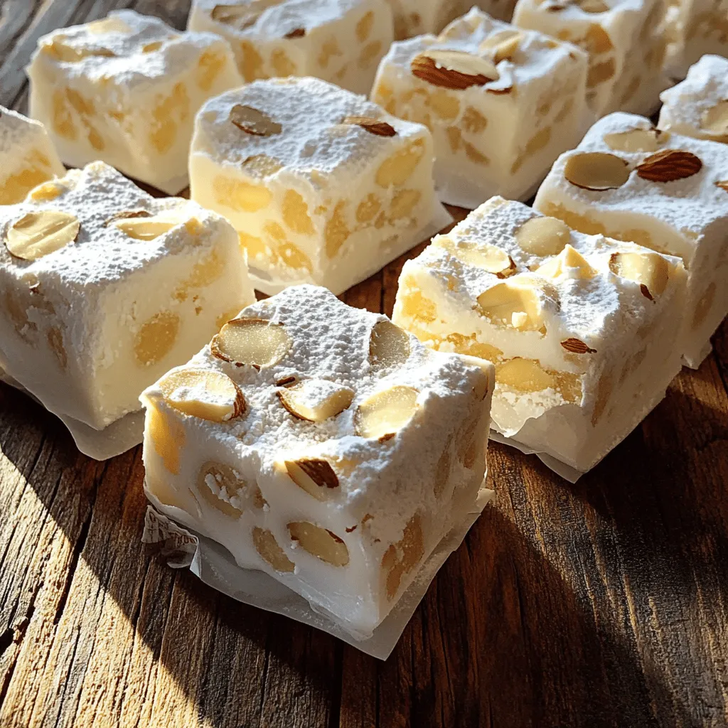 - 2 cups raw almonds - 1 cup honey - 1 cup granulated sugar - 2 large egg whites - 1 teaspoon vanilla extract - Zest of 1 lemon - Edible rice paper (for lining) - 1/4 teaspoon salt Soft Italian torrone is a treat that combines simple yet rich flavors. The main stars of this dessert are the raw almonds, honey, and granulated sugar. Each ingredient plays a key role in creating that soft, chewy texture we crave. Raw almonds give torrone its delightful crunch. Toasting them adds warmth and depth. Honey and sugar provide sweetness and help bind the ingredients together. We also need egg whites, which add lightness. Beating them to stiff peaks creates a fluffy mixture. Vanilla extract adds a hint of warmth, while lemon zest brightens the flavor. Edible rice paper is important for lining the pan. It keeps the torrone from sticking. Finally, a pinch of salt balances the sweetness and enhances the flavors. For the full details on making this sweet delight, check out the Full Recipe. Each ingredient works together to create a classic Italian dessert that is hard to resist! Toasting the almonds First, preheat your oven to 350°F (175°C). Spread 2 cups of raw almonds on a baking sheet. Toast them for about 10-12 minutes. Watch for them to turn golden brown. Once done, let them cool and chop them coarsely. Making the sugar syrup Next, grab a medium saucepan. Mix 1 cup of honey and 1 cup of granulated sugar in the pan. Cook over medium heat. Stir until the sugar dissolves. Use a candy thermometer to check the heat. You want it to reach about 250°F (121°C). Whipping the egg whites While the syrup cooks, take a large bowl. Beat 2 large egg whites with an electric mixer. You want to whip until stiff peaks form. When peaks form, add 1 teaspoon of vanilla extract and 1/4 teaspoon of salt. Keep beating for another minute to blend well. Combining the syrup with egg whites Once the syrup is hot enough, slowly pour it into the whipped egg whites. Do this while you keep mixing. It’s important to beat the mixture for about 5-10 minutes. The goal is to make it thick and glossy. Folding in the almonds and zest Now, gently fold in the chopped almonds and the zest of one lemon. Make sure everything combines evenly without deflating the mixture. Transferring to the pan Prepare a square or rectangular baking dish, about 9x9 inches. Line it with edible rice paper. Pour the torrone mixture into this dish. Spread it evenly. Cover the top with another layer of rice paper. Cooling time Let the torrone cool completely at room temperature. This will take about 6-8 hours, or overnight for best results. After cooling, it will set perfectly. You can find the complete process in the Full Recipe. Enjoy making this delicious treat! How to check syrup temperature To check the syrup temperature, use a candy thermometer. Place it in the syrup while it cooks. The target temperature is 250°F (121°C). This is crucial for getting the right texture. If the syrup is too cool, the torrone won't set well. If it's too hot, it can become too hard. Tips for beating egg whites to stiff peaks Start with clean, dry bowls and beaters. Make sure no yolk gets in the egg whites. Begin at low speed to break them up, then increase to high speed. Beat until the mixture becomes foamy. Once frothy, add salt and vanilla. Keep beating until you see stiff peaks. This means the mixture stands up without falling. Best ways to cut and serve Cut the torrone after it has fully set. Use a sharp knife to make clean cuts. You can cut it into squares or rectangles. For a fun twist, try cutting into fun shapes with cookie cutters. Serve it on a platter for a beautiful display. Pairing ideas with beverages Torrone pairs well with coffee or hot chocolate. The sweetness balances the richness of these drinks. You can also serve it with dessert wine for an elegant touch. For a lighter option, enjoy it with green tea. Each pairing enhances the flavor and makes for a delightful experience. For the full recipe, check out the detailed steps and enjoy making this treat! {{image_2}} You can make soft Italian torrone even more exciting by adding flavors. Chocolate can create a rich twist. Melt dark or milk chocolate and fold it into the mixture before setting. For a fresh taste, add citrus flavors like orange or lime zest. This adds brightness and a fun zing. Using different nuts can also change the taste. While almonds are traditional, try pistachios, hazelnuts, or walnuts. Each nut brings its own flavor and crunch. You can mix nuts, too, for a more complex taste. Soft torrone varies by region in Italy. In Sicily, you may find torrone made with pistachios. In other areas, they use figs or candied fruits. Each region adds a unique spin that reflects local tastes. Notable brands of torrone include Sperlari and Martelli. These brands have long histories and offer many flavors. If you want to explore, buy some from these brands to taste the differences. Each bite tells a story of its origin. For a delightful experience, try making the Full Recipe yourself and taste the magic of homemade torrone! To keep your soft Italian torrone fresh, store it in an airtight container. This method prevents air from making it hard or stale. You can also wrap it in wax paper before placing it in the container. The best temperature for storage is cool and dry. Avoid direct sunlight or heat. A pantry or a cupboard works well. Do not refrigerate, as this can alter its texture. Homemade torrone lasts about two to three weeks when stored properly. If you notice any changes in texture or smell, it's time to toss it. Signs that torrone has gone bad include a hard texture, an off smell, or visible mold. Always trust your senses when checking for freshness. [Full Recipe] What is soft Italian Torrone? Soft Italian Torrone is a chewy, sweet treat made from sugar, almonds, and egg whites. It often contains honey and flavors like vanilla or lemon zest. This candy is popular in Italy, especially during holidays. How is soft Italian Torrone different from hard Torrone? Soft Torrone is chewy and soft, while hard Torrone is crunchy and firm. The texture comes from how long the sugar syrup cooks and how much air is whipped into the egg whites. Soft Torrone melts in your mouth, while hard Torrone requires a bite. Can I make torrone without egg whites? Yes, you can make Torrone without egg whites. However, the texture will change. The egg whites help create a light, fluffy candy. Without them, the Torrone will be denser and not as soft. Where can I buy authentic soft Italian Torrone? You can buy authentic soft Italian Torrone at Italian markets, specialty candy shops, or online. Look for brands that source their ingredients from Italy for the best flavor. What is the best way to cut soft torrone? The best way to cut soft Torrone is to use a sharp knife. I recommend warming the knife slightly under hot water. This helps to create clean cuts without sticking. Can I substitute ingredients in the torrone recipe? Yes, you can substitute some ingredients. For example, you can use different nuts like hazelnuts or walnuts. You can also use agave syrup instead of honey for a different flavor. How to tell when the torrone is set? You can tell when the Torrone is set by gently pressing it. If it feels firm and holds its shape, it’s ready. It should also look glossy and slightly opaque. For the full recipe, check out the detailed instructions mentioned earlier. In this guide, we explored how to make soft Italian Torrone. We covered the key ingredients, like raw almonds and honey, and detailed each step, from toasting the nuts to cooling the final product. I shared tips on perfecting your recipe and various fun variations. Remember, store your Torrone properly to keep it fresh. With these insights, you can enjoy making your own delicious treats. Now, it's time to get cooking and impress your friends and family with your new skills!
