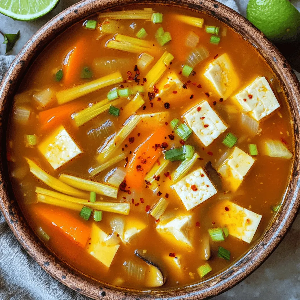 To make a great hot and sour soup, you need some key ingredients: - 6 cups vegetable broth - 1 cup bamboo shoots, sliced - 1 cup mushrooms, sliced (shiitake or button) - 1 cup firm tofu, cubed - 1/2 cup carrots, julienned - 1/4 cup green onions, chopped (reserve some for garnish) - 1/4 cup rice vinegar - 2 tablespoons soy sauce (or tamari for gluten-free) - 1 tablespoon cornstarch mixed with 2 tablespoons water (slurry) - 1 tablespoon sesame oil - 1 teaspoon minced ginger - 1 teaspoon minced garlic - 1-2 teaspoons crushed red pepper flakes (adjust to taste) - Salt and pepper to taste - 2 eggs, lightly beaten (optional for extra richness) These ingredients create a rich base and balanced flavor. The vegetable broth is the heart of the soup, giving it depth. Bamboo shoots and mushrooms add texture and umami. Tofu provides protein and absorbs all the flavors. You can adjust hot and sour soup to your taste. Here are a few options: - Adjusting spice levels: If you like it spicier, add more crushed red pepper flakes. For milder soup, reduce the amount. - Adding eggs for richness: Beaten eggs create silky ribbons in the soup. They add richness and texture. - Alternative vegetables: You can swap in vegetables like bell peppers or snow peas. This keeps your soup fresh and exciting. For the complete experience, check out the Full Recipe. It guides you through every step to make this flavorful dish. To start, chop and slice the vegetables. You need to cut the bamboo shoots, mushrooms, and carrots. Use a sharp knife for clean cuts. This helps them cook evenly. For the mushrooms, you can choose shiitake or button. Slice them thin for a good texture. Next, prepare the tofu. First, drain the tofu and pat it dry with a paper towel. This removes extra moisture and helps it absorb flavors. Then, cut the tofu into small cubes. This size allows it to blend well in the soup. Heat the sesame oil in a large pot over medium heat. Add the minced ginger and garlic. Sauté these for one minute until they smell good. This makes a great base for the soup. Now, pour in the vegetable broth. Bring it to a gentle simmer. This step is important as it helps all the flavors mix. Stir in the bamboo shoots, mushrooms, and carrots. Let them simmer for about five to seven minutes until they get tender. Add the cubed tofu to the pot. Let it heat through for another two to three minutes. This step warms the tofu, making it soft and tasty. In a separate bowl, mix the rice vinegar, soy sauce, and crushed red pepper flakes. Pour this mixture into the pot, stirring well. Taste the soup and season with salt and pepper as needed. Next, slowly drizzle the cornstarch slurry into the soup. Stir while you do this to avoid lumps. This thickens the soup nicely. Keep stirring for about one minute until it reaches your desired thickness. If you want extra richness, slowly add the lightly beaten eggs. Stir the soup in a circular motion to create ribbons of egg. This adds a lovely texture. Finally, sprinkle in the chopped green onions, setting some aside for garnish. Remove the pot from heat and serve hot. To make hot and sour soup shine, balance the sour and spicy notes. Start with the rice vinegar. It gives that tangy kick. Adjust the amount based on your taste. If you love spice, add more crushed red pepper flakes. Taste as you go to find your perfect mix. Using fresh ingredients is key. Fresh mushrooms and crisp bamboo shoots boost the soup’s flavor. They add texture and richness. Choose firm tofu for a nice bite. Fresh green onions add brightness when you garnish the soup. They bring color and a mild onion taste. If your soup is too thick, add more vegetable broth. Stir it well to combine. For a soup that is too thin, use a bit more cornstarch slurry. Mix it with water before adding to the soup. This will help thicken it up nicely. Adjusting flavors is easy. If it’s too sour, add a pinch of sugar. This will help balance the taste. If it’s too spicy, add more tofu or veggies. They will help mellow out the heat. Remember, cooking is all about finding what you love! {{image_2}} Hot and sour soup can easily become a plant-based delight. Start by swapping chicken broth for vegetable broth. This change keeps the soup full of flavor while meeting vegan needs. Use about 6 cups of vegetable broth to create a rich base. You can also boost the plant power by adding more proteins. Firm tofu is already a great choice. Try adding edamame or chickpeas for extra texture and protein. Mix and match different vegetables too. Add bell peppers or snap peas for more crunch. Hot and sour soup shines in many forms. The Chinese version often includes ingredients like wood ear mushrooms and a touch of white pepper. Meanwhile, the Thai twist may use lime juice and cilantro for a fresh kick. Feel free to adjust the ingredients based on what you love. If you want more heat, add extra red pepper flakes. Prefer a milder taste? Reduce the vinegar and spice. Each variation offers a new flavor journey, so explore and find your favorite. To keep your hot and sour soup fresh, follow these tips: - Refrigeration tips: Allow the soup to cool first. Transfer it to an airtight container. Store in the fridge for up to 3 days. When you want to eat it, check for any strange smells or colors before reheating. - Freezing guidelines: You can freeze hot and sour soup. Pour it into freezer-safe containers. Leave some space at the top for expansion. It can last up to 2 months in the freezer. Thaw it overnight in the fridge before reheating. To reheat your soup without losing flavor, use these steps: 1. Pour the soup into a pot. 2. Heat it on medium-low. Stir often to prevent sticking. 3. If the soup is too thick, add a splash of vegetable broth or water. 4. Taste and adjust seasonings, if needed. You want to keep it delicious and spicy! Enjoy your warm bowl of hot and sour soup. For a full recipe, check the earlier section. What is the origin of Hot and Sour Soup? Hot and sour soup comes from China. It is a traditional dish in many regions. People first made it in the Sichuan province. The soup blends spicy and sour flavors together. This balance makes it unique and loved by many. Can I make Hot and Sour Soup ahead of time? Yes, you can make hot and sour soup ahead of time. It tastes great if it sits for a while. The flavors meld together, enhancing the taste. Just store it in the fridge in an airtight container. Reheat it gently before serving. What can I serve with Hot and Sour Soup? You can serve hot and sour soup with rice or noodles. It pairs well with spring rolls or dumplings too. These sides add more texture and flavor to your meal. Is Hot and Sour Soup gluten-free? Hot and sour soup can be gluten-free. Just use tamari instead of regular soy sauce. Tamari is made without wheat. Always check labels to make sure other ingredients are gluten-free. Nutritional benefits of key ingredients - Vegetable broth: A low-calorie base full of nutrients. - Tofu: Offers protein and is low in fat. - Mushrooms: Rich in vitamins and minerals. - Bamboo shoots: Provide fiber and are low in calories. - Vinegar: Can aid digestion and add flavor. These ingredients make the soup both tasty and healthy. Check out the Full Recipe for a complete guide to making this comforting dish. In this post, we explored making hot and sour soup. We covered essential and optional ingredients, plus cooking steps. You learned tips to enhance flavor and fix common soup issues. Variations like vegetarian options and regional differences add flair. Storing your soup properly ensures it stays fresh. Remember, the key is balancing the flavors to your taste. Enjoy making your own version and sharing it with friends!