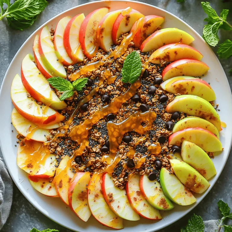 To make Healthy Apple Nachos, you will need: - 2 large apples (like Fuji or Honeycrisp), sliced - 1/4 cup natural almond butter (or peanut butter) - 1 tablespoon honey (or maple syrup for vegan option) - 1/4 cup granola (your choice) - 2 tablespoons mini dark chocolate chips (optional) - 1 tablespoon chia seeds or sunflower seeds - 1/2 teaspoon cinnamon - Fresh mint leaves for garnish (optional) These ingredients come together to create a sweet and crunchy treat. For apples, I love using Fuji or Honeycrisp. They are sweet and crisp. When it comes to nut butter, brands like Justin's or Skippy offer great options. For honey, local raw honey adds a nice touch. If you're vegan, try maple syrup from brands like Grade A or Grade B. For granola, I recommend Nature Valley or Purely Elizabeth for tasty choices. You can swap out apples for pears or bananas if you want. Any nut butter works, too, like cashew or sunflower butter. If you want a different sweetener, agave syrup is a great choice. Instead of granola, you can use crushed nuts or seeds for crunch. You can skip chocolate chips for a lighter version or use dried fruit instead. Start by washing the apples well. This step is key for freshness. Next, remove the core from each apple. Slice them into thin, even rounds. Aim for about 1/4 inch thick. Arrange the apple slices in a single layer on a large plate. This makes them easy to top later. In a small bowl, add the almond butter. You can also use peanut butter if you prefer. Measure out 1/4 cup and place it in the bowl. Then, add 1 tablespoon of honey or maple syrup for a vegan version. Warm the mixture in the microwave for 15 to 20 seconds. Stir until it blends well and becomes smooth. Drizzle the almond butter mixture over the sliced apples. Make sure to coat them well. Next, sprinkle the granola evenly across the apple slices. If you like, add mini dark chocolate chips for a sweet touch. Then, sprinkle chia seeds or sunflower seeds on top. Finally, dust 1/2 teaspoon of cinnamon over everything. This adds a warm flavor. If you want, garnish with fresh mint leaves for a lovely finish. Enjoy your Healthy Apple Nachos! Check out the Full Recipe for more details. To get the best apple slices, use a sharp knife. Cut each apple into even rounds. Aim for a thickness of about a quarter-inch. This size helps with topping coverage and keeps them sturdy. If you want, you can use a mandoline for even slices. Just be careful with your fingers! You can make your apple nachos unique with extra toppings. Try adding nuts for crunch. Walnuts or almonds work well. Dried fruit like cranberries or raisins adds sweetness. For a fun twist, use yogurt instead of almond butter. This gives a creamy texture and a different flavor. Serve the nachos on a big plate to show off the colors. Arrange the apple slices in a circle for a nice look. Drizzle the almond butter mix over the apples in a zigzag. Sprinkle toppings evenly to make them pop. For a touch of green, add mint leaves on top. This makes your dish not just tasty but pretty too. {{image_2}} You can make apple nachos vegan and nut-free easily. Swap almond butter for sunflower seed butter. Use maple syrup instead of honey. This way, you keep the flavor and stay plant-based. Mix flavors to make your nachos special. Try adding dried fruit like cranberries or raisins. You could also use coconut flakes for a tropical twist. For a spicy kick, add a dash of cayenne pepper. Each choice brings new taste to your snack. Use seasonal fruits to change your nachos with the times. In fall, add sliced pears or pomegranate seeds. In winter, sprinkle on some citrus zest for brightness. Fresh berries in summer make a colorful and tasty topping. These additions keep your nachos fresh and fun. For the full recipe, check out how to make Healthy Apple Nachos! To keep your healthy apple nachos fresh, store them right. Use an airtight container. This limits air exposure, which can make apples brown. If you want to keep them crunchy, add toppings later. Store sliced apples separately from the almond butter and other toppings. If you have leftover apple nachos, place them in a sealed container. It’s best to keep them in the fridge. Avoid adding toppings until you're ready to eat. This helps maintain texture and flavor. The almond butter can be stored in a separate jar. Healthy apple nachos stay fresh for about one day in the fridge. After that, the apples may get too soft. To enjoy them best, aim to eat them on the same day they are made. For the full recipe, check back to make these tasty snacks! Yes, you can use many types of apples for this recipe. Fuji and Honeycrisp are my favorites. They are sweet and crisp. Other good choices include Gala, Granny Smith, and Braeburn. Each type gives a unique taste and texture. You can mix different apples for more flavor. Just remember to choose fresh apples for the best crunch. If you want to skip chocolate chips, try these options. You can use dried fruit like raisins or cranberries. They add natural sweetness and chew. Chopped nuts or seeds also work well. They bring crunch and healthy fats. You can even add coconut flakes for a tropical twist. Each alternative boosts flavor without added sugar. Making apple nachos gluten-free is easy! All the ingredients in the recipe are naturally gluten-free. Just ensure your granola is gluten-free. Many brands offer great options. Always check the label to be safe. This way, you can enjoy this tasty snack without worry. This blog post shared how to make delicious apple nachos. We explored the essential ingredients and helpful brands. I offered easy steps to prepare the apples and mix almond butter. You can customize your nachos with yummy toppings and variations. We also covered how to store leftovers to keep them fresh. In the end, apple nachos are a fun and tasty snack. Enjoy making them your way, and share with friends!
