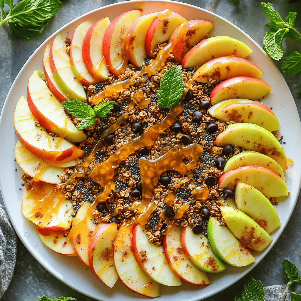 To make Healthy Apple Nachos, you will need: - 2 large apples (like Fuji or Honeycrisp), sliced - 1/4 cup natural almond butter (or peanut butter) - 1 tablespoon honey (or maple syrup for vegan option) - 1/4 cup granola (your choice) - 2 tablespoons mini dark chocolate chips (optional) - 1 tablespoon chia seeds or sunflower seeds - 1/2 teaspoon cinnamon - Fresh mint leaves for garnish (optional) These ingredients come together to create a sweet and crunchy treat. For apples, I love using Fuji or Honeycrisp. They are sweet and crisp. When it comes to nut butter, brands like Justin's or Skippy offer great options. For honey, local raw honey adds a nice touch. If you're vegan, try maple syrup from brands like Grade A or Grade B. For granola, I recommend Nature Valley or Purely Elizabeth for tasty choices. You can swap out apples for pears or bananas if you want. Any nut butter works, too, like cashew or sunflower butter. If you want a different sweetener, agave syrup is a great choice. Instead of granola, you can use crushed nuts or seeds for crunch. You can skip chocolate chips for a lighter version or use dried fruit instead. Start by washing the apples well. This step is key for freshness. Next, remove the core from each apple. Slice them into thin, even rounds. Aim for about 1/4 inch thick. Arrange the apple slices in a single layer on a large plate. This makes them easy to top later. In a small bowl, add the almond butter. You can also use peanut butter if you prefer. Measure out 1/4 cup and place it in the bowl. Then, add 1 tablespoon of honey or maple syrup for a vegan version. Warm the mixture in the microwave for 15 to 20 seconds. Stir until it blends well and becomes smooth. Drizzle the almond butter mixture over the sliced apples. Make sure to coat them well. Next, sprinkle the granola evenly across the apple slices. If you like, add mini dark chocolate chips for a sweet touch. Then, sprinkle chia seeds or sunflower seeds on top. Finally, dust 1/2 teaspoon of cinnamon over everything. This adds a warm flavor. If you want, garnish with fresh mint leaves for a lovely finish. Enjoy your Healthy Apple Nachos! Check out the Full Recipe for more details. To get the best apple slices, use a sharp knife. Cut each apple into even rounds. Aim for a thickness of about a quarter-inch. This size helps with topping coverage and keeps them sturdy. If you want, you can use a mandoline for even slices. Just be careful with your fingers! You can make your apple nachos unique with extra toppings. Try adding nuts for crunch. Walnuts or almonds work well. Dried fruit like cranberries or raisins adds sweetness. For a fun twist, use yogurt instead of almond butter. This gives a creamy texture and a different flavor. Serve the nachos on a big plate to show off the colors. Arrange the apple slices in a circle for a nice look. Drizzle the almond butter mix over the apples in a zigzag. Sprinkle toppings evenly to make them pop. For a touch of green, add mint leaves on top. This makes your dish not just tasty but pretty too. {{image_2}} You can make apple nachos vegan and nut-free easily. Swap almond butter for sunflower seed butter. Use maple syrup instead of honey. This way, you keep the flavor and stay plant-based. Mix flavors to make your nachos special. Try adding dried fruit like cranberries or raisins. You could also use coconut flakes for a tropical twist. For a spicy kick, add a dash of cayenne pepper. Each choice brings new taste to your snack. Use seasonal fruits to change your nachos with the times. In fall, add sliced pears or pomegranate seeds. In winter, sprinkle on some citrus zest for brightness. Fresh berries in summer make a colorful and tasty topping. These additions keep your nachos fresh and fun. For the full recipe, check out how to make Healthy Apple Nachos! To keep your healthy apple nachos fresh, store them right. Use an airtight container. This limits air exposure, which can make apples brown. If you want to keep them crunchy, add toppings later. Store sliced apples separately from the almond butter and other toppings. If you have leftover apple nachos, place them in a sealed container. It’s best to keep them in the fridge. Avoid adding toppings until you're ready to eat. This helps maintain texture and flavor. The almond butter can be stored in a separate jar. Healthy apple nachos stay fresh for about one day in the fridge. After that, the apples may get too soft. To enjoy them best, aim to eat them on the same day they are made. For the full recipe, check back to make these tasty snacks! Yes, you can use many types of apples for this recipe. Fuji and Honeycrisp are my favorites. They are sweet and crisp. Other good choices include Gala, Granny Smith, and Braeburn. Each type gives a unique taste and texture. You can mix different apples for more flavor. Just remember to choose fresh apples for the best crunch. If you want to skip chocolate chips, try these options. You can use dried fruit like raisins or cranberries. They add natural sweetness and chew. Chopped nuts or seeds also work well. They bring crunch and healthy fats. You can even add coconut flakes for a tropical twist. Each alternative boosts flavor without added sugar. Making apple nachos gluten-free is easy! All the ingredients in the recipe are naturally gluten-free. Just ensure your granola is gluten-free. Many brands offer great options. Always check the label to be safe. This way, you can enjoy this tasty snack without worry. This blog post shared how to make delicious apple nachos. We explored the essential ingredients and helpful brands. I offered easy steps to prepare the apples and mix almond butter. You can customize your nachos with yummy toppings and variations. We also covered how to store leftovers to keep them fresh. In the end, apple nachos are a fun and tasty snack. Enjoy making them your way, and share with friends!