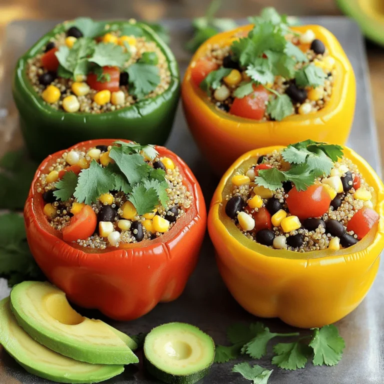 To make these vegan quinoa stuffed peppers, you will need the following: - 4 large bell peppers (any color) - 1 cup cooked quinoa - 1 can (15 oz) black beans, rinsed and drained - 1 cup corn kernels (fresh or frozen) - 1 medium onion, diced - 2 cloves garlic, minced - 1 teaspoon cumin powder - 1 teaspoon smoked paprika - ½ teaspoon chili powder - 1 cup diced tomatoes (canned or fresh) - Salt and pepper to taste - ¼ cup fresh cilantro, chopped (for garnish) - 1 avocado, sliced (for serving) You can swap some ingredients if you want. Here are a few ideas: - For bell peppers, use zucchini or tomatoes as a base. - Replace black beans with chickpeas or lentils for a different taste. - If you want a milder flavor, skip the chili powder or use bell pepper instead. - Use cooked brown rice or farro instead of quinoa for a chewy texture. - Fresh herbs like parsley can replace cilantro if you prefer. Each ingredient adds value to this dish: - Bell Peppers: They are high in vitamins A and C, boosting your immune system. - Quinoa: This grain is rich in protein and fiber, keeping you full longer. - Black Beans: They offer protein and iron, essential for energy and muscle health. - Corn: Packed with antioxidants, corn also adds sweetness and texture. - Onion & Garlic: Both support heart health and add great flavor. - Cumin & Paprika: These spices bring warmth and depth to the dish. - Diced Tomatoes: They provide vitamins and moisture, making the filling juicy. - Cilantro: This herb adds freshness and helps detoxify. - Avocado: Full of healthy fats, avocado enhances creaminess and flavor. For the full recipe, check the detailed instructions above. Start by preheating your oven to 375°F (190°C). Next, grab four large bell peppers. You can choose any color you like! Cut the tops off the peppers and remove the seeds and membranes. This step helps the peppers cook evenly. Lightly brush the outside with olive oil. Place the peppers in a baking dish with the open side facing up. In a skillet, drizzle some olive oil and heat it over medium. Add a diced onion and cook for about 3-4 minutes until it turns soft. Then, add two minced garlic cloves. Sauté for one more minute until you smell the garlic. Now, it’s time to mix in the cooked quinoa, black beans, corn, and diced tomatoes. Sprinkle in the cumin, smoked paprika, chili powder, salt, and pepper. Stir everything well and cook for another 5 minutes. This allows all the flavors to blend nicely. Now, it’s time to stuff the peppers! Carefully fill each pepper with the quinoa mixture. Pack it in tight so they are full. After that, cover your baking dish with aluminum foil. Bake the peppers for 30 minutes. Then, take off the foil and bake for another 10-15 minutes. You want the peppers to be tender but not mushy. To check if the peppers are done, poke them with a fork. If it slides in easily, they are ready. If you want them softer, bake a bit longer. Also, let the stuffed peppers cool for a few minutes before serving. Garnish with fresh cilantro for a pop of color! Serve with avocado slices on the side for extra creaminess. For the full recipe, check out the details above. To cook quinoa perfectly, rinse it first. Rinsing removes the bitter coating called saponin. Use a 2:1 ratio of water to quinoa. Bring water to a boil, then add quinoa. Reduce heat and simmer for about 15 minutes. Once cooked, fluff it with a fork. This technique ensures light and fluffy quinoa for your stuffed peppers. Presentation makes food more appealing. After baking your stuffed peppers, place them upright on a plate. Sprinkle fresh cilantro on top for a pop of color. You can also add avocado slices beside them. For extra flair, drizzle tahini sauce over the peppers. A squeeze of lime adds freshness and tang too. You can prepare these stuffed peppers in advance. Cook the quinoa and filling and stuff the peppers. Store them in the fridge for up to two days. When ready to eat, simply bake them. This saves time on busy weeknights. Plus, they taste great reheated! Check the Full Recipe for more details on preparation. {{image_2}} You can change the filling for your vegan quinoa stuffed peppers. Try using lentils instead of black beans. They give a nice texture and taste. Chickpeas also work well and add protein. You can mix in different grains like brown rice or farro for a fun twist. Each option brings a unique flavor. Do you like it spicy? You can add more chili powder or diced jalapeños to the filling. If you want less heat, skip the chili powder. You can also use sweet paprika instead of smoked paprika for a milder taste. Adjust the spices to fit your taste buds. Adding vegan cheese can make your stuffed peppers extra creamy. Sprinkle some on top before baking. You can also mix in chopped spinach or mushrooms for more nutrients. Try adding fresh herbs like parsley or basil for a burst of flavor. The choices are endless, so get creative with your ingredients. For the full recipe, check out the complete guide! After you make the vegan quinoa stuffed peppers, you might have some leftovers. You can store them in the fridge. Use an airtight container to keep them fresh. They will last about 3 to 4 days. When you want to enjoy them again, simply take them out. If you want to save some for later, freezing is a great option. First, let the stuffed peppers cool completely. Wrap each pepper in plastic wrap or aluminum foil. Then, place them in a freezer-safe bag. They will last up to 3 months in the freezer. When you are ready to eat, thaw them in the fridge overnight. Reheating is easy! You can use the oven or microwave. For the oven, preheat it to 375°F (190°C). Place the peppers in a baking dish, cover with foil, and heat for about 20 minutes. For the microwave, put one pepper on a plate and heat for 2 to 3 minutes. Check that it is hot all the way through. These steps will help you enjoy the quinoa stuffed peppers just like fresh! Yes, you can prep these stuffed peppers in advance. Just cook the filling and stuff the peppers. Store them in the fridge for up to two days. When ready to cook, just bake them as directed. This makes dinner quick and easy! These stuffed peppers are tasty on their own, but you can add sides. Serve with a fresh salad or some roasted veggies. You can also enjoy them with guacamole or a zesty salsa. These pairings boost flavor and nutrition. You can tell the peppers are done when they are soft. Gently poke them with a fork. If the fork goes in easily, they are ready. The filling should also be hot and flavorful. Absolutely! You can use zucchini, eggplant, or mushrooms. Just hollow them out like the peppers. Each veggie adds a unique flavor. Experiment with different veggies to find your favorite combo. For the full recipe, refer to the initial section. In this blog post, we explored ingredients, cooking steps, and tips for stuffed peppers. You learned how to prepare, cook, and store them. Remember, you can mix fillings and adjust spices for your taste. Use these tips for meal prep and serving. I hope this guide makes your cooking fun and easy. Enjoy your stuffed peppers in many ways!