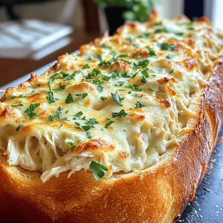 - 1 large loaf of French bread - 2 cups cooked chicken, shredded - 1 cup Alfredo sauce (store-bought or homemade) - 1 cup mozzarella cheese, shredded - 1/2 cup Parmesan cheese, grated - 4 cloves garlic, minced - 1/4 cup unsalted butter, softened - 1 tablespoon fresh parsley, chopped - Salt and pepper to taste When I create Chicken Alfredo stuffed garlic bread, I focus on fresh, tasty ingredients. The French bread serves as a sturdy base. I recommend using a large loaf to hold all the filling. Shredded chicken adds protein and flavor. You can use any cooked chicken you like. I often go for rotisserie chicken for quick prep. The Alfredo sauce ties everything together. You can buy it pre-made or whip up a simple homemade version. I love using mozzarella cheese for its meltiness. The Parmesan gives a nice sharp bite, enhancing the dish's flavor. Garlic is key. It brings a bold taste to the garlic butter. I mix the minced garlic with softened butter and fresh parsley to create a flavorful spread. Remember to season everything with salt and pepper. This small step makes a big difference. You can swap out the Alfredo sauce for creamy pesto or a cheese sauce. If you like spicy food, try adding some pepper jack cheese. For bread, I suggest trying sourdough or ciabatta for a different flavor. Feel free to add veggies like spinach or mushrooms to the filling. Cooking is all about making it your own! - Preheat the oven: Preheat your oven to 375°F (190°C). This step is key for even baking. - Prepare the garlic butter: In a small bowl, mix softened butter, minced garlic, and chopped parsley. This mixture adds great flavor. - Mix the filling: In a medium bowl, combine the shredded chicken, Alfredo sauce, mozzarella cheese, and half of the Parmesan cheese. Season with salt and pepper to taste. This mix is creamy and packed with flavor. - Slice and prepare the French bread: Carefully slice the French bread in half lengthwise, creating a boat for the filling while keeping the bottom intact. This helps hold everything inside. - Spread garlic butter: Take the garlic butter mixture and generously spread it over both halves of the cut bread. This adds a tasty crust. - Fill the bread: Spoon the chicken Alfredo mixture evenly over the bottom half of the bread. Make sure to fill it well for every bite. - Top with cheese: Sprinkle the remaining grated Parmesan cheese on top of the chicken filling. This gives a nice cheesy finish. - Close and wrap: Place the top half of the bread back on and wrap the entire loaf in aluminum foil. Wrapping keeps the bread soft as it bakes. - Bake: Place the wrapped bread in the preheated oven and bake for about 15-20 minutes, until the garlic bread is heated through. This step warms everything nicely. - Unwrap and toast: Carefully unwrap the bread and place it back in the oven, open-faced, for an additional 5-7 minutes, or until the top is golden and bubbly. This adds a crispy touch. - Slice and serve: Remove from the oven, let cool slightly, and slice into portions. Serve warm, garnished with extra parsley if desired. Each slice is a cheesy delight. For the full recipe, you can check the detailed instructions above. Enjoy every cheesy bite! To make the best Chicken Alfredo stuffed garlic bread, keep a few tips in mind: - Ensure the bread doesn't split completely: When cutting the French bread, slice it down the middle, but don’t cut all the way through. This way, the filling stays in place. - Avoid soggy filling: Use cooked chicken and let any sauce cool a bit before mixing. This keeps the bread from getting too wet. Getting the baking time and temperature right is key to success: - Optimal baking times for best results: Bake the wrapped bread at 375°F (190°C) for 15-20 minutes. This warms everything without drying it out. - Adjusting oven settings for softer or crispier bread: After unwrapping, leave the bread open for an extra 5-7 minutes. This step creates a nice, crispy top while keeping the inside soft and gooey. By following these tips, you can ensure your Chicken Alfredo stuffed garlic bread comes out just right every time. For the full steps, check the Full Recipe. {{image_2}} You can make Chicken Alfredo stuffed garlic bread even better. Adding veggies is a great way to do this. Spinach or bell peppers add color and crunch. You can also try mushrooms for an earthy taste. These will mix well with the creamy Alfredo sauce. Using different spices can change the flavor too. A pinch of red pepper flakes adds warmth. Italian herbs like oregano or basil give a fresh taste. Feel free to get creative and mix your favorite flavors into the filling. You don’t have to bake this dish in the oven. An air fryer works great too. It cooks the bread faster and gives it a nice crisp. Set the air fryer to 350°F (175°C) and cook for about 10-12 minutes. If you want a fun twist, try mini versions. Cut the French bread into smaller pieces. Stuff them just like the big loaf. These make great appetizers for parties. You can serve them with marinara sauce for dipping. For the complete recipe, check out the [Full Recipe]. To store your stuffed garlic bread, let it cool first. Wrap the bread tightly in plastic wrap or aluminum foil. It helps keep moisture in. Place it in an airtight container for the best results. You can store it in the fridge for up to three days. For freezing, slice the bread first. Wrap each slice in plastic wrap. Then, place the wrapped slices in a freezer bag. This keeps them fresh for up to three months. When you are ready to eat, you can defrost them in the fridge overnight. For reheating, you want to keep that tasty texture. The oven method works best. Preheat your oven to 350°F (175°C). Place the wrapped bread in the oven for about 10-15 minutes. This warms it without drying it out. If you need a faster way, use the microwave. Heat each slice for 30 seconds. Check if it's warm enough. If not, heat for an additional 10-15 seconds. Just remember, the microwave may make the bread a bit soft. To restore some crunch, finish in the oven for a few minutes. Follow these tips, and your Chicken Alfredo Stuffed Garlic Bread will taste just as good as when you first made it! Can I use rotisserie chicken? Yes, you can use rotisserie chicken. It saves time and adds flavor. Just shred it before mixing with the Alfredo sauce. This option cuts your prep time and gives you tasty results. How do I make homemade Alfredo sauce? To make homemade Alfredo sauce, melt butter in a pan. Add minced garlic and cook until fragrant. Next, stir in heavy cream and let it simmer. Finally, mix in grated Parmesan cheese until smooth. This sauce is rich and creamy, perfect for your stuffed garlic bread. What to do if the bread is too hard or too soft? If the bread is hard, bake it for less time. You want a golden crust, not a rock. If it’s too soft, try a firmer bread. French bread is great, but a baguette can work too. How can I prevent overflowing filling? To prevent overflowing filling, don't overstuff the bread. Spoon the filling in slowly and pack it gently. If you notice excess sauce, add less next time. You want it full but not bursting. This blog post shared a simple recipe for Chicken Alfredo Stuffed Garlic Bread. We covered key ingredients, easy steps, and helpful tips. You learned how to make delicious stuffed bread while exploring variations and storing methods. As you cook this dish, feel free to customize it with your favorite flavors. Enjoy making a meal that tastes great and is fun to share. You’ll impress everyone with this tasty treat!