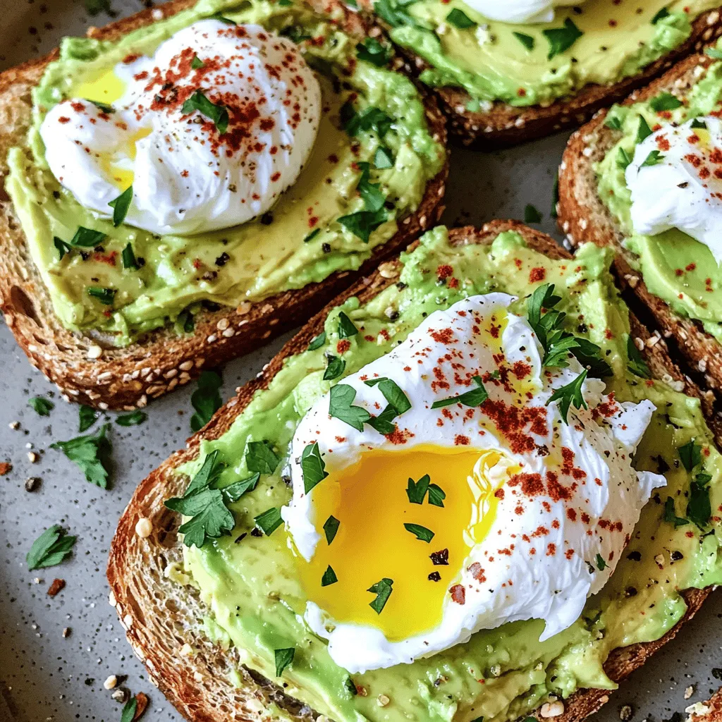 - 2 ripe avocados - 4 slices of whole-grain or sourdough bread - 4 large eggs - 1 tablespoon white vinegar - 1 tablespoon lemon juice - Salt and pepper to taste - Crushed red pepper flakes (optional) - Fresh herbs (like cilantro or parsley) for garnish - Olive oil for drizzling To make the perfect avocado toast with poached egg, start with fresh ingredients. Ripe avocados are key. They should be soft but not mushy. Whole-grain or sourdough bread gives a nice crunch. Eggs are the star of this dish. They add protein and flavor. Using white vinegar in the poaching water helps the egg whites stay together. It makes for a neat, pretty poached egg. Lemon juice adds brightness to the avocado. Salt and pepper enhance the taste. If you like a bit of spice, crushed red pepper flakes are great. Fresh herbs add color and a fresh taste. A drizzle of olive oil ties everything together. - Calories per serving: About 300 calories - Macronutrient breakdown: 15g protein, 20g fat, 30g carbs This dish is not only tasty but also healthy. Each serving is packed with nutrients. It offers a good balance of protein, healthy fats, and carbs. - Medium saucepan - Slotted spoon - Fork and bowl for mashing - Toaster or oven Gathering the right tools makes cooking easier. A medium saucepan helps you poach the eggs perfectly. A slotted spoon is essential for lifting the eggs out of the water. Use a fork to mash the avocados in a bowl. Finally, a toaster or oven will crisp up your bread just right. For the full recipe, you can check the detailed instructions. Enjoy your cooking! To toast bread perfectly, use a toaster or a hot skillet. Aim for a golden brown color. This adds a nice crunch to your dish. An oven or grill can work too. For the oven, set it to 350°F and toast for about 10 minutes. Flip halfway to get even browning. On a grill, use low heat and watch closely to avoid burning. For a perfect poached egg, use fresh eggs. Crack the egg into a small bowl first. This helps keep the yolk intact. Bring water to a gentle simmer and add one tablespoon of white vinegar. The vinegar helps the egg hold its shape. Slide the egg into the simmering water carefully. Cook for 3-4 minutes for a runny yolk. Avoid letting the water boil hard, as this can break the egg. If you want a firmer yolk, cook it a minute longer. Now, let’s spread the avocado mixture. First, scoop out ripe avocados into a bowl. Add one tablespoon of lemon juice, salt, and pepper. Mash until creamy but still a bit chunky. Spread a generous layer of the avocado on each slice of toasted bread. Next, gently place the poached egg on top. Drizzle olive oil over everything. If you like spice, sprinkle crushed red pepper flakes. Don’t forget to garnish with fresh herbs for a pop of color and flavor. Enjoy your delicious creation! To create a perfect poached egg, control the water temperature. Use gentle simmering water, not boiling. Boiling can break apart the egg. Aim for about 180°F (82°C) for the best results. Timing is key for how you like your yolk. For a runny yolk, cook for 3-4 minutes. If you want a firmer yolk, let it cook for 5-6 minutes. Always watch your eggs closely. Spices and seasonings can boost the taste of your avocado toast. Try adding salt, pepper, or crushed red pepper flakes. A sprinkle of smoked paprika brings a lovely depth. Fresh herbs like cilantro or parsley also brighten the dish. Fresh ingredients matter, too. Choose ripe avocados for creaminess. Quality bread enhances texture. Sourdough gives a nice chew, while whole-grain is hearty and healthy. You can enjoy avocado toast any time of day. It's great for breakfast, lunch, or a snack. Serve it with coffee or a fresh juice for a refreshing start. Pair your toast with a light salad or some fresh fruit. A simple side can balance the meal. Don't forget to check out the Full Recipe for more ideas! {{image_2}} You can make avocado toast your own with many toppings. For a protein boost, try adding smoked salmon or crispy bacon. Both add great flavor and texture. If you prefer vegetarian or vegan options, consider using chickpeas or cherry tomatoes. These options keep the dish fresh and vibrant. Want to spice things up? A Mediterranean twist works great. Add feta cheese and olives for a salty kick. If you like heat, try a spicy version with jalapeños and a drizzle of sriracha. These flavors mix well with creamy avocado. The bread you choose can change your toast. For gluten-free options, use rice cakes or gluten-free bread. They still give a nice crunch. If you want artisan choices, try sourdough or whole-grain bread. These options add extra flavor and texture to your meal. To store leftover avocado toast, wrap it tightly in plastic wrap. Use an airtight container for best results. Keep the toast in the fridge for up to one day. The bread will soften, but this method helps keep the avocado fresh. Avoid stacking layers of toast; it can cause sogginess. To prevent browning, add lemon juice to your avocados. The acid slows down the browning process. Store unused avocados in the fridge. You can also cover them with plastic wrap. This helps keep air from getting to the flesh. If you only use half an avocado, leave the pit in. It helps reduce browning as well. To reheat your avocado toast, use the oven or a toaster. Heat it at a low temperature to avoid burning. You can also microwave it for a few seconds. But be careful, as this can make the toast chewy. Adding a fresh poached egg on top right before serving will help restore some moisture and flavor. You can poach eggs without vinegar by using a gentle simmer. The key is to create a whirlpool in the water before adding the egg. This helps the egg white wrap around the yolk. You can also use a silicone poaching cup. It holds the egg in place without the need for vinegar. Whole-grain and sourdough bread are popular choices. Whole-grain bread offers fiber and nutrients. Sourdough has a tangy flavor and a chewy crust. However, white bread is softer but less nutritious. Choose what you enjoy! You can prep the components ahead. Toast the bread and store it in a sealed bag. Mash the avocado and add lemon juice to slow browning. Keep it in an airtight container. Poach the eggs just before serving for the best taste. For the detailed recipe, check out Avocado Toast with Poached Egg. In this article, we covered how to make delicious avocado toast with poached eggs. You learned about the key ingredients, the tools needed, and step-by-step instructions. We also shared helpful tips for perfecting your poached eggs, enhancing flavors, and exploring fun variations. Avocado toast is not just tasty; it’s versatile and healthy, too. Now you can impress others with your skills. Enjoy making and sharing your avocado toast creations!