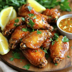 - 2 pounds chicken wings - 1 tablespoon baking powder - 1 teaspoon salt - 1 teaspoon black pepper - 1 teaspoon garlic powder - 1 teaspoon onion powder - ½ teaspoon paprika - ½ teaspoon smoked paprika (optional) - ½ cup unsalted butter - 4 cloves garlic, minced - 2 tablespoons honey - 2 tablespoons lemon juice - Fresh parsley, chopped (for garnish) Each serving of these crispy baked chicken wings contains about: - Calories: 400 - Protein: 25 grams - Fat: 30 grams - Carbohydrates: 6 grams The crispy baked chicken wings are not just tasty; they are also easy to make. You can enjoy them guilt-free, knowing you followed a simple, healthy recipe. The zesty garlic sauce adds a rich flavor that makes these wings stand out. You can find the full recipe in the sections above. 1. Pat chicken wings dry Start by patting the chicken wings dry with paper towels. This step is key for crispy wings. Removing moisture allows the skin to crisp up in the oven. 2. Prepare seasoning mix In a large bowl, add the baking powder, salt, black pepper, garlic powder, onion powder, paprika, and smoked paprika. Toss these spices together with the wings until they coat evenly. This mix adds great flavor and helps with crispiness. 1. Arrange wings on the wire rack Preheat your oven to 425°F (220°C). Line a baking sheet with aluminum foil and place a wire rack on top. Arrange the seasoned wings in a single layer on the rack. Make sure they do not touch. This helps air circulate for even cooking. 2. Baking time and temperature guidelines Bake the wings for 40-45 minutes. Flip them halfway through cooking. Look for a golden color and crispy skin. If you want extra crunch, broil them for 2-3 minutes at the end. 1. Preparing the butter and garlic mixture While the wings bake, melt the butter in a small saucepan over medium heat. Add the minced garlic and cook for 1-2 minutes. You want the garlic to be fragrant but not burnt. 2. Combining all sauce ingredients Stir in honey and lemon juice into the butter and garlic mix. Bring the mixture to a simmer, cooking for an additional 2-3 minutes. This will thicken the sauce a bit. Remove it from heat and set it aside until the wings are ready. Make sure to check the [Full Recipe] for all the detailed steps. Enjoy your cooking! To get crispy chicken wings, start by drying them well. Moisture makes wings soggy. Use paper towels to pat them dry. This simple step is key for that perfect crunch. Next, use baking powder. It helps create a crunchy outer layer. The baking powder raises the pH level of the skin. This allows it to brown better. Just one tablespoon mixed with your seasonings is all you need. Flipping the wings during baking is important. About halfway through baking, turn them over. This ensures even cooking and crispiness on both sides. For extra texture, broil the wings at the end. Set your oven to broil and place the wings under the heat for 2-3 minutes. Watch closely to prevent burning. This step gives a nice, crispy finish. When serving, presentation matters. I like to arrange the crispy wings on a large platter. Add lemon wedges around them for a pop of color. A small bowl of zesty garlic sauce on the side makes it fun for dipping. Pair your wings with classic dips, like ranch or blue cheese. You can also try different sauces, like barbecue or buffalo. Each adds its own unique flavor. For the full recipe, check out Crispy Baked Chicken Wings with Zesty Garlic Sauce. {{image_2}} You can change the flavor of your crispy baked chicken wings easily. Try these seasoning mixes for a twist: - Cajun: Add 1 tablespoon of Cajun seasoning for a spicy kick. - Lemon Pepper: Replace paprika with lemon pepper for a zesty taste. - Herb Blend: Use Italian herbs like oregano and thyme for a fresh flavor. - Smoky BBQ: Mix in your favorite BBQ seasoning for a sweet and smoky profile. Each seasoning gives a new life to the same base. You can mix and match these to fit your mood. Sauces can transform your wings from good to great. Here are some tasty options: - Buffalo Sauce: Use a classic spicy Buffalo sauce for a kick. - BBQ Sauce: Sweet BBQ sauce makes for a fun, sticky treat. - Honey Garlic Sauce: Mix honey with soy sauce for a sweet option. - Teriyaki Sauce: This gives a sweet and savory flavor that pairs well with chicken. Feel free to coat your wings in any sauce after baking. It adds flavor and fun! You can also change how you cook your wings for variety. Here’s how: - Air Fryer: Preheat your air fryer to 400°F (200°C). Cook wings for about 25-30 minutes, shaking halfway for crispiness. This method is fast and easy! - Grilling: Preheat your grill to medium heat. Grill wings for about 20 minutes, turning often. This gives a smoky flavor and nice grill marks. You can enjoy crispy wings using these different methods. Each way adds its own unique taste and texture to the dish. To store leftover wings, first let them cool. Place them in an airtight container. This keeps them fresh for up to three days. You can also wrap them tightly in aluminum foil or plastic wrap. Make sure they are sealed well to avoid drying out. To reheat wings, the oven is your best friend. Preheat your oven to 350°F (175°C). Spread the wings on a baking sheet. Bake them for about 10-15 minutes. This helps keep the wings crispy. You can also use an air fryer. Set it to 350°F (175°C) and heat for 5-7 minutes for crispy wings. Yes, you can freeze cooked wings! Let them cool completely. Place them in a freezer bag or container. Remove as much air as possible. They can last up to three months in the freezer. When you're ready to eat, thaw them overnight in the fridge before reheating. How do I make wings extra crispy? To make wings extra crispy, dry them well before cooking. Use paper towels to remove moisture. Adding baking powder helps with crispiness too. The baking powder raises the pH level of the wings. This makes them crisp up nicely in the oven. Can I use frozen chicken wings? Yes, you can use frozen chicken wings. Just make sure to thaw them first. Thaw them overnight in the fridge. This helps them cook evenly and get crispy. You may need to add a few more minutes to the cooking time. What are the best sides to serve with chicken wings? Great sides for chicken wings include celery sticks and carrot sticks. You can also serve them with a fresh salad. Potato wedges or fries make a tasty pairing too. Don't forget some ranch or blue cheese dressing for dipping! How long do leftover wings last in the fridge? Leftover wings last about 3 to 4 days in the fridge. Store them in an airtight container for best results. Reheat wings in the oven to keep them crispy. Can I bake wings without baking powder? You can bake wings without baking powder, but they may not be as crispy. Baking powder helps create a crust. If you skip it, dry the wings well and bake them at a higher temperature. How to adjust cooking time for larger wings? For larger wings, you will need to increase the cooking time. Add about 5 to 10 more minutes to the baking time. Always check that the internal temperature reaches 165°F (74°C). Should I toss wings in sauce before or after baking? It’s best to toss wings in sauce after baking. This keeps the wings crispy. If you coat them before, they may get soggy. You can serve extra sauce on the side for dipping as well. This post has shown you how to make crispy baked chicken wings with a zesty garlic sauce. We covered the ingredients, step-by-step prep and cooking instructions, plus tips for the perfect crispiness. You learned about storage options and variations if you want to switch flavors. Now, you have all the tools you need to create delicious wings at home. Enjoy experimenting with different sauces and serving ideas to make this dish your own!