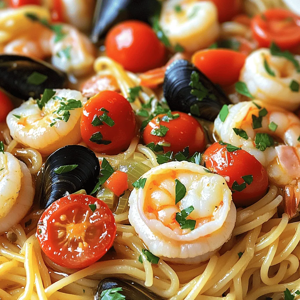 To make a great seafood pasta, you need some key items. Here’s what you need: - 8 oz spaghetti or linguine - 1 tablespoon olive oil - 3 cloves garlic, minced - 1 small onion, finely chopped - 1/2 teaspoon red pepper flakes (adjust to taste) - 1 cup cherry tomatoes, halved - 1 cup shrimp, peeled and deveined - 1 cup scallops, cleaned - 1 cup mussels, cleaned and debearded - 1 cup vegetable broth - 1 tablespoon lemon juice - Fresh parsley, chopped (for garnish) - Salt and pepper to taste - Grated Parmesan cheese (optional) These ingredients create a dish that bursts with flavor. The seafood brings a fresh taste, while garlic and onion add depth. You can add more flavors if you want. Here are some ideas: - A splash of white wine for acidity - Chopped fresh basil for a herbal note - Zucchini or bell peppers for extra veggies - A pinch of saffron for a rich color and taste These extras can take your seafood pasta to the next level. Feel free to mix and match based on your taste. Choosing fresh seafood is important for the best flavor. Here are some tips: - Look for clear eyes: Fresh fish should have bright, clear eyes. - Check the smell: Fresh seafood should not smell too fishy. A light ocean scent is good. - Feel for firmness: The flesh should be firm to the touch. If it feels mushy, it’s not fresh. - Ask your fishmonger: Don’t hesitate to ask for advice on what is fresh that day. When you choose fresh seafood, your pasta will taste much better. Always look for quality to impress your guests. For a complete guide to making this dish, check out the Full Recipe. First, boil water in a large pot. Add salt to the water; it should taste like the sea. Next, add 8 ounces of spaghetti or linguine. Cook according to the package directions until it is al dente. This means it should be firm but not hard. Drain the pasta, but save some of the water. Set the pasta aside while you prepare the sauce. In a big skillet, heat 1 tablespoon of olive oil over medium heat. Once the oil is hot, add 3 minced garlic cloves and 1 finely chopped small onion. Stir them together and cook for about 3 to 4 minutes. The onion should become soft and clear. This step adds a tasty base to your dish. After the onion is ready, add 1 cup of halved cherry tomatoes and 1/2 teaspoon of red pepper flakes. Cook this mixture for an extra 2 to 3 minutes. The tomatoes should soften and smell great. Now it's time to add the seafood. Add 1 cup of shrimp, 1 cup of scallops, and 1 cup of mussels to the skillet. Pour in 1 cup of vegetable broth and cover the skillet. Let it simmer for 5 to 7 minutes. You’ll know it’s done when the mussels open and the shrimp turns pink. After that, take off the lid and add the cooked pasta. Toss everything together well. If it seems dry, add a splash of the pasta water you saved. Finish it off by stirring in 1 tablespoon of lemon juice and seasoning with salt and pepper. This is where the dish becomes bright and fresh. For the full recipe, check the section above. To get great texture and flavor, cook pasta just right. Aim for "al dente," which means it should be firm but not hard. This helps the pasta hold its shape and adds a nice bite. Use plenty of salt in your pasta water. It makes a big difference! When you add the seafood, don’t overcook it. Shrimp should turn pink, and scallops should be opaque. Mussels need to open up. This ensures they stay tender and juicy. One mistake is cooking seafood too long. Overcooked seafood gets tough and chewy. Another mistake is not seasoning properly. Always taste your dish before serving. Adding salt, lemon, or herbs can really boost the flavor. Avoid using frozen seafood if you can. Fresh seafood tastes best and enhances the dish. Finally, don’t skip the pasta water. It helps bind the sauce and pasta together. Having the right tools can make cooking easy. Here’s what I recommend: - A large pot for boiling pasta - A colander for draining - A large skillet for sautéing - A wooden spoon for mixing - A zester for lemon juice - A sharp knife for chopping - A cutting board for prep These tools will help you create your Ocean's Bounty Seafood Pasta with ease. Get ready to impress with this simple and flavorful dish! {{image_2}} You can change a few ingredients to make this dish your own. Instead of spaghetti, you can use fettuccine or penne. They work well, too. If you want more veggies, add spinach or bell peppers. Swap the cherry tomatoes for sun-dried tomatoes for a richer flavor. To give it a different taste, use white wine instead of vegetable broth. These small swaps can make a big difference. Feel free to mix up the seafood! If you can’t find mussels, try clams or even squid. You might love using crab meat or lobster for an extra touch of luxury. For a heartier taste, add some smoked salmon. Each type of seafood offers a unique flavor. This keeps your dish exciting and fresh every time you make it. You can create a plant-based version of this dish. Use mushrooms to mimic the texture of seafood. Portobello mushrooms work well in this case. You can also use tofu or tempeh for added protein. For a seafood-like flavor, try seaweed or kelp. These options give you the taste of the ocean without using any seafood. Plus, they keep the dish light and healthy. For the full recipe, check out Ocean's Bounty Seafood Pasta. To store leftover seafood pasta, first let it cool. Place it in an airtight container. Make sure to cover it well. This will keep it fresh for up to three days. Always refrigerate it promptly to avoid spoilage. When you reheat seafood pasta, do it slowly. Use a skillet over low heat. Add a splash of water or broth to keep it moist. Stir often to heat evenly. You can also use the microwave. Heat it in short bursts, stirring in between. This way, it warms up without drying out. If you want to freeze seafood pasta, use freezer-safe containers. Leave some space at the top, as it will expand. It can last up to two months in the freezer. To enjoy it later, thaw it in the fridge overnight. Reheat it as described for best results. For a quick meal, consider freezing in single portions. This makes for easy, delicious dinners later! For the full recipe, check out Ocean's Bounty Seafood Pasta. The best seafood for pasta includes shrimp, scallops, and mussels. These options bring great flavor and texture. You can also use clams, crab, or squid for variety. I love mixing seafood depending on what I find fresh at the market. Yes, dried pasta works well in seafood dishes. It has a nice bite and can hold sauce better. Just cook it al dente as instructed on the package. This way, it will not get mushy when you mix it with the seafood. To create a creamy sauce, start with heavy cream or a mix of cream and broth. Add garlic and onion for flavor. You can also stir in some grated cheese, like Parmesan, for richness. Mix this with your seafood and pasta for a delicious dish. Seafood pasta pairs well with a crisp salad or garlic bread. A light green salad adds freshness. Garlic bread brings a nice crunch and complements the dish well. You can also serve it with a glass of white wine for a special touch. To make Ocean's Bounty Seafood Pasta gluten-free, use gluten-free pasta. Many good options are available, like rice or quinoa pasta. Just follow the cooking instructions on the package. Enjoy the same great flavors without gluten! You can find the Full Recipe for more details. In this guide, we explored essential ingredients, step-by-step instructions, and helpful tips for making seafood pasta. You learned how to select fresh seafood, cook pasta well, and avoid common mistakes. We discussed variations, storage methods, and answered key questions about seafood pasta. Remember, the right ingredients and techniques can turn a simple dish into something special. Enjoy your seafood pasta journey!