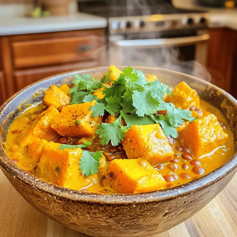 - 1 cup red lentils, rinsed - 2 cups pumpkin, peeled and diced - 1 medium onion, finely chopped - 2 cloves garlic, minced - 1 inch ginger, grated - 1 can (14 oz) coconut milk - 2 cups vegetable broth - 1 tablespoon curry powder - 1 teaspoon turmeric - 1 teaspoon cumin - 1 teaspoon coriander - 2 tablespoons vegetable oil - Salt and pepper, to taste - Fresh cilantro, for garnish When measuring ingredients, be precise for the best taste. Rinse your lentils well. This helps remove dust or impurities. Make sure to peel and dice the pumpkin into small pieces for even cooking. Chop the onion finely to release its sweetness. Mince the garlic and grate the ginger to unleash their flavors. For the spices, level off your measuring spoons to ensure accuracy. You can swap red lentils with green or brown lentils, but cooking time may vary. For pumpkin, butternut squash works great. Use any onion type, but yellow onions add a nice sweetness. If you don’t have coconut milk, almond milk can be a lighter option. For a little heat, add a pinch of cayenne or red pepper flakes. You can also use fresh herbs instead of cilantro, like parsley or mint. These swaps keep the dish tasty and fun. Check out the Full Recipe for more details. First, gather all your ingredients. This makes cooking easier. You will need: - 1 cup red lentils, rinsed - 2 cups pumpkin, peeled and diced - 1 medium onion, finely chopped - 2 cloves garlic, minced - 1 inch ginger, grated - 1 can (14 oz) coconut milk - 2 cups vegetable broth - 1 tablespoon curry powder - 1 teaspoon turmeric - 1 teaspoon cumin - 1 teaspoon coriander - 2 tablespoons vegetable oil - Salt and pepper, to taste - Fresh cilantro, for garnish Make sure the pumpkin is cut into small pieces. This helps it cook faster. Rinse the lentils in cold water until the water runs clear. This removes dust and helps them cook evenly. In a large pot, heat the vegetable oil over medium heat. Add the chopped onion. Cook it until it turns translucent, about 5 minutes. Stir often to avoid burning. Next, add the minced garlic and grated ginger. Stir for about 1 minute. You want to bring out their flavors. The kitchen will smell amazing! Now, sprinkle in the curry powder, turmeric, cumin, and coriander. Stir well so the spices coat the onions. Cook this mixture for 1-2 minutes. This step releases the spices' full flavors. Add the diced pumpkin and rinsed lentils to the pot. Stir everything together. Pour in the coconut milk and vegetable broth. Bring the mixture to a gentle boil. Once boiling, reduce the heat to low. Cover the pot and let it simmer. Cook for about 25-30 minutes. This allows the pumpkin to become tender and the lentils to cook through. Stir occasionally to prevent sticking. When it's done, check the seasoning. Add salt and pepper to taste. If the curry seems too thick, adjust it with more vegetable broth or water. Serve hot, garnished with fresh cilantro on top. For the complete cooking process, refer to the Full Recipe. To make your pumpkin lentil curry shine, add a squeeze of fresh lime juice. This brightens the dish and balances the flavors. You can also toss in a pinch of brown sugar to enhance the sweetness of the pumpkin. For more texture, try adding nuts like cashews or almonds. They bring a nice crunch to every bite. When cooking lentils, rinse them well before use. This removes any dust or debris. To avoid mushy lentils, watch the cooking time closely. Red lentils cook quickly, usually in about 25 minutes. If you want firmer lentils, you can soak them for a few hours before cooking. This helps them keep their shape better. Garnishing your curry elevates its look and taste. Fresh cilantro adds a pop of color and flavor. You can also sprinkle some roasted pumpkin seeds on top for extra crunch. For a complete meal, serve the curry with warm naan bread or fluffy rice. These pairings soak up the rich flavors of the curry. For the full recipe, check out the detailed instructions above! {{image_2}} You can add protein to your pumpkin lentil curry in many ways. Chickpeas are a great choice. They add texture and a nice taste. Simply add one can of drained chickpeas during cooking. Paneer is another option. This Indian cheese adds creaminess and richness. Cube the paneer and add it when you mix the other ingredients. You can change the spice level to fit your taste. If you like heat, add red pepper flakes or fresh chili peppers. Start with a small amount. You can always add more if you want it spicier. For a milder curry, remove the chili or use less curry powder. Feel free to swap out veggies in your curry. Sweet potatoes work well and add sweetness. Carrots are another great choice. They bring color and crunch. Try adding spinach or kale for extra greens. These veggies not only taste good but also boost nutrition. You can mix and match based on what you have at home. After you enjoy the Pumpkin Lentil Curry, store leftovers in an airtight container. Make sure to let it cool down first. Place it in the fridge for up to four days. If you want to keep it longer, freezing is a great option. When you are ready to eat the leftovers, you can reheat them on the stove or in the microwave. For the stove, pour the curry in a pot and heat over medium-low heat. Stir it often to avoid sticking. If using a microwave, place the curry in a microwave-safe bowl. Heat it in short intervals, stirring in between, until it's hot. To freeze your Pumpkin Lentil Curry, use freezer-safe containers. Leave some space at the top for expansion. You can freeze it for up to three months. When you want to eat it, thaw it in the fridge overnight. After thawing, reheat it on the stove or microwave as needed. For best flavor, try to consume it within a month after thawing. To make Pumpkin Lentil Curry vegan, use vegetable broth instead of chicken broth. The recipe already uses coconut milk, which is vegan. All the spices and vegetables are plant-based, so you can enjoy this dish without any animal products. Yes, you can use different lentils! Red lentils work best because they cook quickly and become soft. If you choose green or brown lentils, they will take longer to cook and may not break down as much. Just adjust the cooking time and liquid for the type you use. Pumpkin Lentil Curry pairs well with rice or quinoa. You can also serve it with naan bread or pita for dipping. A fresh salad adds a nice crunch. You may want to try some yogurt on the side too. It helps balance the spices. For more details, check the Full Recipe. You now have all the tools to make a great Pumpkin Lentil Curry. We covered ingredients, preparation, cooking tips, and even storage. Remember, you can adjust the recipe to fit your taste. Add protein, change spices, or swap veggies. Each choice can make your dish unique. Finally, enjoy sharing this flavorful curry with friends and family. Cooking should be fun, and this dish makes it easy!