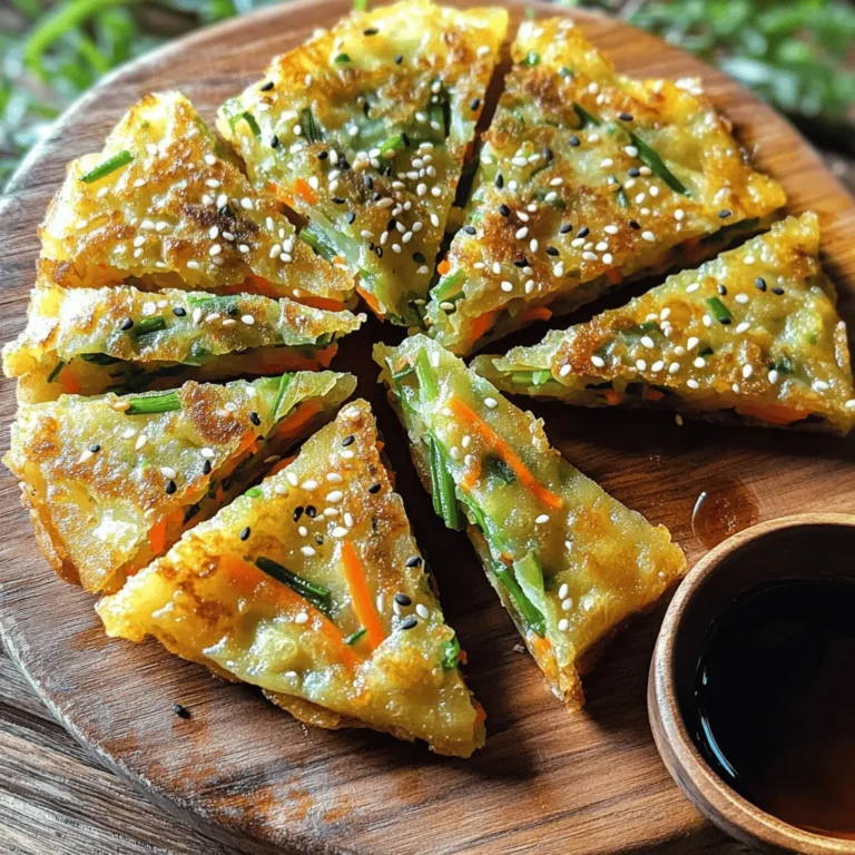 To make a great pajeon, you need simple, fresh ingredients. Here’s what you need: - 1 cup all-purpose flour - 1 cup water - 1/2 teaspoon salt - 1 cup scallions (green onions), chopped, both white and green parts These ingredients form the base of your pancake. The flour gives it structure. The water makes the batter smooth. The salt adds flavor, while scallions bring a fresh taste. You can add extra ingredients to create unique flavors. Try these options: - 1/2 cup carrots, shredded, for sweetness and color - 1/4 cup kimchi, chopped, for a spicy kick These ingredients make your pajeon even more delicious. Carrots add a nice crunch, while kimchi brings heat and depth. Garnishing and dipping sauces can elevate your pajeon. Here are my favorites: - Sesame seeds, for garnish (optional) - Soy sauce, for dipping Sprinkling sesame seeds on top makes your pajeon look great. Soy sauce is a classic dip that enhances the flavor. Enjoy your crispy pajeon with these tasty touches! For the full recipe, check out the link. Start by mixing the flour, water, and salt in a bowl. You want a smooth batter. Use a whisk for the best results. Then, fold in the chopped scallions and any optional ingredients like carrots or kimchi. Mix until everything is well combined. This creates a tasty batter that holds all the flavors. Heat a non-stick frying pan over medium heat. Add a tablespoon of vegetable oil and swirl it around. Once the oil is hot, pour in half of your batter. Spread it out to form a pancake about half an inch thick. Cook for about 3 to 4 minutes until the bottom is golden brown. Use a spatula to flip it over. Cook for another 3 to 4 minutes. Transfer the pancake to a plate lined with paper towels. Repeat this with the rest of your batter, adding more oil as needed. Slice the pancakes into wedges. Serve them warm with soy sauce for dipping. For a nice touch, sprinkle sesame seeds on top. You can also serve them on a colorful platter to make them look even better. This makes your meal not just tasty, but beautiful too. Enjoy your Pajeon hot for the best flavor! For the full recipe, check out the details above. To make your pajeon crispy, avoid too much batter. A thin layer fries better. Use a non-stick pan and heat it well before adding oil. Let the oil shimmer before pouring in the batter. This helps to get a nice golden crust. Flip the pancake carefully to keep it intact. If the edges are not crispy, cook it a bit longer. One common mistake is adding too much water. This makes the batter runny and affects the texture. Always measure your flour and water correctly. Another mistake is not heating the pan enough. If the pan is cold, your pajeon won’t fry well. Lastly, avoid overcrowding the pan. Cooking one pancake at a time gives it room to crisp up nicely. You can customize your pajeon easily. Add ingredients like mushrooms or zucchini for extra flavor. For a spicy kick, toss in chopped chili peppers or kimchi. If you prefer a sweeter taste, add carrots. You can also try different dipping sauces, like spicy gochujang or garlic soy sauce. Get creative and make this dish your own! For the complete process, refer to the Full Recipe. {{image_2}} For a tasty twist, try adding seafood to your pajeon. You can use shrimp or squid for great flavor. Just chop them into small pieces. Add about half a cup of seafood to the batter. Mix it well with the scallions. This seafood pajeon has a lovely ocean taste that pairs well with soy sauce. If you prefer a meatless option, you can load your pajeon with vegetables. Bell peppers, zucchini, and mushrooms work well. Use one cup of your favorite veggies, chopped small. Add them to the batter with scallions. This version is colorful and full of nutrients. It’s perfect for anyone who loves vibrant food. You can change your pajeon with the seasons. In spring, add fresh asparagus. In summer, use corn or tomatoes. In autumn, try pumpkin or sweet potatoes. In winter, root vegetables like carrots and parsnips shine. Just remember to chop them small and mix them into the batter. Each season brings a new flavor and fun twist to this dish. Explore these variations for a fun cooking experience. If you want the full recipe, check out the Crispy Pajeon. Enjoy your delicious creations! After enjoying your Pajeon, cool it to room temperature. Place the leftovers in an airtight container. The pancakes will stay fresh in the fridge for up to three days. If you have more than you can eat, freezing is a great option. To reheat, use a skillet for the best results. Heat the skillet over medium heat. Add a little oil to the pan. Place the pancake in the pan and warm it for about three to four minutes on each side. This will help restore its crispiness. You can also use an oven. Preheat it to 350°F (175°C) and bake the pancakes for about 10 minutes. To freeze your Pajeon, place cooled pancakes in a single layer on a baking sheet. Make sure they do not touch. Freeze them for about an hour. Once frozen, transfer the pancakes to a freezer bag. They can be stored for up to three months. When you’re ready to eat, just reheat them as mentioned before. This way, you can enjoy your delicious Pajeon anytime! Pajeon is often served with soy sauce. This sauce adds flavor and balance. You can also add sesame oil for a nutty taste. Some like to dip it in a mix of vinegar and soy sauce. This gives a tangy twist. Serve it alongside pickled vegetables for extra crunch. Pajeon pairs well with Korean drinks like makgeolli. The drink enhances the pancake experience. Yes, you can make Pajeon gluten-free. Use rice flour or a gluten-free flour mix. These options work well in the batter. Mix them with water and salt just like regular flour. The texture may vary, but it will still taste great. You might need to adjust the water amount for the right consistency. Experiment and find what you like best. To make Pajeon more nutritious, add more vegetables. Carrots, zucchini, or bell peppers work well. These add color and vitamins. You can also use whole wheat flour for extra fiber. Consider adding protein like shrimp or tofu for a filling meal. This way, you turn a simple pancake into a hearty dish. Enjoy your Pajeon with a side salad for more nutrients. Check out the Full Recipe for more details. Pajeon is a tasty Korean pancake that you can make at home. We covered the key ingredients, how to prepare the batter, and cooking tips for perfect crispiness. You learned about variations, from seafood to vegetarian options, and how to store leftovers properly. Remember, making Pajeon is fun and flexible. Experiment with new flavors and enjoy this dish with friends or family. Happy cooking!