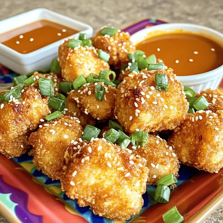 To make Crispy Bang Bang Chicken, gather these essential ingredients: - Chicken Breast and Marinade - 1 pound chicken breast, cut into bite-sized pieces - 1 cup buttermilk - Breading Components - 1 cup all-purpose flour - 1/2 cup cornstarch - 1 teaspoon baking powder - 1 teaspoon garlic powder - 1 teaspoon onion powder - 1/2 teaspoon salt - 1/4 teaspoon black pepper - Bang Bang Sauce Ingredients - 1/2 cup mayonnaise - 1/4 cup sweet chili sauce - 1 tablespoon sriracha (adjust for spiciness) - 2 green onions, sliced (for garnish) - Sesame seeds (for garnish) Each ingredient plays a key role. The chicken stays moist from the buttermilk. The flour and cornstarch mix creates a crispy crust. The Bang Bang sauce adds creaminess and heat. When you combine them, you get a dish that is hard to resist. For the full recipe, check out the detailed cooking instructions. Marinating Process Begin by cutting the chicken breast into bite-sized pieces. Place these pieces in a bowl. Pour the buttermilk over the chicken. Make sure all pieces are covered. Marinate in the fridge for at least 30 minutes. This step makes the chicken juicy and flavorful. Coating Preparation While the chicken marinates, prepare the coating. In a separate bowl, mix together the flour, cornstarch, baking powder, garlic powder, onion powder, salt, and black pepper. This mixture creates a crispy texture that you will love. Heating the Oil Next, heat the vegetable oil in a deep frying pan. Set it to medium-high heat. Use a thermometer to check the oil temperature. It should reach 350°F (175°C). If you don’t have a thermometer, drop a bit of the flour mixture in the oil. If it sizzles, it’s ready! Coating and Frying Take the marinated chicken from the fridge. Let the excess buttermilk drip off. Dredge each piece in the flour mixture. Make sure it’s well-coated. Carefully place the coated chicken in the hot oil. Fry in batches to avoid crowding the pan. Achieving Crispiness Cook the chicken for about 4-5 minutes on each side. Look for a golden brown color. This means the chicken is crispy and delicious. Draining Excess Oil Once cooked, use a slotted spoon to remove the chicken. Place it on a plate lined with paper towels. This helps drain excess oil and keeps the chicken crispy. Making the Bang Bang Sauce In a clean bowl, mix the mayonnaise, sweet chili sauce, and sriracha. Stir them together until well combined. This sauce adds a creamy and spicy kick to the chicken. Tossing and Serving In a large mixing bowl, add the crispy chicken. Pour the Bang Bang sauce over the chicken. Gently toss to coat each piece evenly. This step is crucial for flavor. Serve the Crispy Bang Bang Chicken on a platter. Garnish with sliced green onions and sesame seeds for that extra touch. You can find the Full Recipe on my blog for more details! Importance of Marination Marination is key for juicy chicken. It adds flavor and moisture. Buttermilk works well. Letting the chicken soak for at least 30 minutes works best. This tenderizes the meat and helps the coating stick. Perfect Coating Techniques Coating is all about layers. First, let excess buttermilk drip off the chicken. Then, dredge it in the flour mix. Make sure the chicken is fully covered. A thick, even coat gives a great crunch when fried. Frying Tips Temperature matters when frying. Heat the oil to 350°F (175°C). This helps the chicken cook evenly. Don't overcrowd the pan. Fry in small batches to keep the oil hot. This ensures a crispy, golden finish. Spice Adjustments Want more heat? Add extra sriracha to the sauce. Or sprinkle cayenne in the flour mix for a spicy kick. Adjust spices based on your taste. You can make it mild or fiery. Sauce Customization The Bang Bang sauce is versatile. Try mixing in lime juice for tanginess. You can also add garlic or ginger for extra flavor. Make it your own by changing the sauce ingredients to suit your palate. For the full recipe, check out the detailed steps above. {{image_2}} Substituting Chicken You can switch chicken for shrimp or pork. Both work well with the same seasoning. Shrimp cooks fast, so be careful not to overdo it. Pork gives a rich flavor that pairs nicely with the sauce. Using Tofu or Cauliflower For a plant-based twist, try tofu or cauliflower. Tofu needs a good press to remove moisture. Then, cut it into pieces and marinate just like chicken. Cauliflower florets also soak up flavors well. Mild Version To make a milder dish, reduce the sriracha in the sauce. You can also skip the chili sauce if you want it even less spicy. Add a bit of honey for sweetness instead. Extra Spicy Option For those who love heat, add more sriracha or chili sauce. You can even sprinkle in some cayenne pepper for an extra kick. Keep tasting to find the right heat for you. Feel free to explore these variations to create your perfect Crispy Bang Bang Chicken! Check out the Full Recipe for detailed steps. - Best Practices for Refrigeration Once your Crispy Bang Bang Chicken cools, place it in an airtight container. This keeps it fresh for up to three days in the fridge. Make sure to layer paper towels between the chicken pieces. This absorbs moisture and helps maintain crispiness. - Freezing Tips To freeze, let the chicken cool completely. Place it in a freezer-safe bag or container. Remove as much air as possible. This helps prevent freezer burn. You can store it for up to three months. When ready to eat, thaw in the fridge overnight. - Best Methods for Retaining Crispiness To reheat, use an oven or air fryer. Preheat your oven to 375°F (190°C). Place the chicken on a baking sheet. Heat for about 10-15 minutes. This keeps the crust crunchy. Avoid the microwave, as it makes the chicken soggy. - Time and Temperature Guidelines If using an air fryer, set it to 350°F (175°C). Reheat for 5-7 minutes. Check to ensure the chicken reaches an internal temperature of 165°F (74°C). This ensures it is safe to eat. Enjoy your leftovers just like fresh! The secret to crispy fried chicken is in the coating and frying. Use a mix of flour and cornstarch for a light, crunchy crust. Marinating chicken in buttermilk adds moisture and flavor. Frying at the right temperature, around 350°F, ensures a golden brown finish. Always avoid overcrowding the pan; this keeps the oil hot and helps each piece cook evenly. Yes, you can make Bang Bang Chicken in the oven. Preheat your oven to 400°F. After coating the chicken, place it on a baking sheet lined with parchment paper. Spray the chicken lightly with cooking oil to help it crisp. Bake for 20-25 minutes, flipping halfway through. While it may not be as crispy as frying, it will still be delicious! You can store leftover Crispy Bang Bang Chicken in the fridge for 3 to 4 days. Make sure to place it in an airtight container. If you want to keep it longer, you can freeze it for up to 3 months. Just remember to cool it completely before storing. - What sides pair well with Crispy Bang Bang Chicken? Some tasty sides to serve with Crispy Bang Bang Chicken include: - Steamed rice - Fresh lettuce wraps - Crunchy coleslaw - Garlic bread - Stir-fried vegetables These sides balance the flavors and add freshness to your meal. Enjoy! This blog shows you how to make Crispy Bang Bang Chicken. You learned about key ingredients, like chicken breast and tangy sauce. I shared simple steps for marinating, frying, and serving. Tips help you get the best crispiness and flavor. You can even try different proteins or spice levels. In closing, enjoy experimenting with your own version of this dish. Crispiness and flavor will make your meal shine.