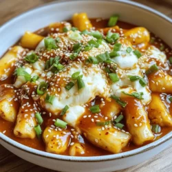 Cheese tteokbokki is a fun dish that mixes chewy rice cakes and gooey cheese. This recipe is quick and easy, taking just 25 minutes to make. It serves 2 to 3 people, perfect for a cozy night in. The blend of spicy and cheesy flavors makes this dish a must-try. To make cheese tteokbokki, you need these key ingredients: - 300g Korean rice cakes (tteok) - 1 cup fish cakes (optional, sliced) - 2 cups water or vegetable broth - 2 tablespoons gochugaru (Korean red chili flakes) - 3 tablespoons gochujang (Korean chili paste) - 1 tablespoon soy sauce - 1 tablespoon sugar - 1 garlic clove, minced - 1 green onion, chopped (for garnish) - 1 cup mozzarella cheese (shredded) - 1 tablespoon sesame oil - Sesame seeds (for garnish) These ingredients create a rich and flavorful sauce that coats the rice cakes perfectly. You can make your cheese tteokbokki even better with some optional add-ins: - Vegetables like cabbage or zucchini for extra crunch - Protein such as boiled eggs or chicken for a heartier meal - Extra gochugaru if you like more heat Feel free to get creative! These add-ins can enhance the flavor and texture of your dish. First, gather your items. You need Korean rice cakes, fish cakes, and cheese. If your rice cakes are cold or frozen, soak them in warm water for 30 minutes. This helps them soften. Cut your fish cakes into slices if you use them. Chop your green onion for later. You want everything ready before you cook. In a medium pot, mix water or vegetable broth with gochugaru, gochujang, soy sauce, sugar, and minced garlic. Stir the mix well. Heat it on medium until it boils. This sauce is the heart of the dish. It will be spicy and savory, balancing out the cheese. Once the sauce boils, add the softened rice cakes and fish cakes to it. Reduce the heat to low and let it simmer for 10 to 15 minutes. Stir it gently now and then. The sauce will thicken and coat the rice cakes. Once they are tender, sprinkle shredded mozzarella cheese on top. Cover the pot for 3 to 5 minutes. This melts the cheese perfectly. Finally, drizzle sesame oil over the dish. Stir gently, then garnish with green onions and sesame seeds. Serve the cheese tteokbokki hot in bowls. Make sure to pour some of that tasty sauce on top. Enjoy your delightful comfort food! For a full recipe, check the Cheese Bliss Tteokbokki section. To make the sauce just right, balance your flavors. Start with a good base of water or vegetable broth. Add gochugaru and gochujang for heat. Don't forget soy sauce and sugar to round it out. These ingredients create a sweet and spicy mix. Stir well before boiling. This helps blend the flavors smoothly. Let it simmer until it thickens. The sauce should coat the rice cakes nicely. For the best cheese melt, use shredded mozzarella. Spread it evenly over the tteokbokki. Cover the pot with a lid right after adding the cheese. This keeps the heat in and helps the cheese melt faster. Check after 3-5 minutes. If it’s stretchy and gooey, it’s perfect! You can also mix in some cheese while cooking for extra creaminess. When serving, use shallow bowls for a nice look. Spoon the tteokbokki carefully. Drizzle some sauce on top for extra flavor. A sprinkle of sesame seeds and chopped green onions adds color. Serve with a side of kimchi or pickled veggies for a crunchy contrast. Enjoy it hot for the best taste! For more details, check the full recipe. {{image_2}} Seafood cheese tteokbokki adds a tasty twist. You can include shrimp or squid for extra flavor. Just make sure to add them when the rice cakes are almost done cooking. This way, the seafood cooks well without getting tough. The fish cakes will also blend nicely, giving a wonderful taste. The cheese then melts into the seafood and rice cakes, creating a creamy delight. You can easily make tteokbokki vegetarian. Simply skip the fish cakes and use vegetable broth instead of water. Add vegetables like bell peppers, mushrooms, or zucchini for texture and taste. These veggies soak up the sauce's flavors and add a fresh crunch. The cheese still brings that creamy goodness, making it a filling meal. You can also try tofu for added protein and a different bite. If you love heat, you can spice up your tteokbokki. Increase the gochugaru or gochujang in the recipe for more kick. You can also add fresh chili peppers for an extra punch. Just chop them finely and stir them into the sauce. If you want a milder dish, reduce the chili paste and flakes. This way, everyone can enjoy cheese tteokbokki, no matter their spice level. For more details on making this dish, check out the Full Recipe. You might have some cheese tteokbokki left after your meal. Store it in an airtight container. Let it cool first. Keep it in the fridge for up to three days. If you want to save it for later, try freezing it. When you're ready to eat your leftovers, reheat them gently. You can use a pan on low heat. Add a splash of water or broth to keep it moist. Stir often until it's warm. You can also use a microwave. Heat in short bursts, stirring in between. This keeps the cheese from getting tough. Freezing is a great option if you want to keep your cheese tteokbokki for a longer time. After it cools, place it in a freezer-safe container. It can stay frozen for up to two months. When you’re ready to eat, thaw it in the fridge overnight. Then, reheat as mentioned above. Enjoy your dish just like when it was fresh! For the complete recipe, refer to the Full Recipe section. Tteokbokki is a popular Korean street food. It features chewy rice cakes in a spicy sauce. The sauce usually has gochujang, a sweet and spicy chili paste. People love adding fish cakes for extra texture. Cheese tteokbokki makes this dish even more delightful. The melted cheese adds a creamy touch that balances the spice. Yes, you can! If you don’t like fish cakes, skip them. The rice cakes alone are still delicious. You can add other proteins or veggies instead. Try adding tofu, mushrooms, or even chicken. These options will keep the dish tasty and filling. To reduce spice, cut back on gochugaru and gochujang. Use only one tablespoon of each at first. You can also add more sugar to balance the heat. Adding extra cheese helps too, as it cools the dish. Serve with some yogurt or sour cream for even less spice. For more detailed steps, refer to the Full Recipe. Tteokbokki is a fun and tasty dish. We covered ingredients, steps, and tips to make it right. You learned about add-ins and variations like seafood or vegetarian options. Storing leftovers and reheating them can help save your meal for later. Now, you can enjoy cooking tteokbokki at home. With practice, your dish will impress everyone. Keep experimenting and find your perfect flavor. Happy cooking!