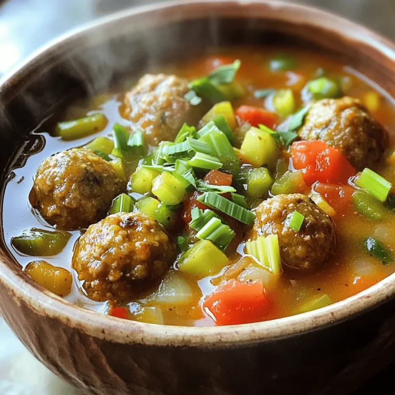 To make a rich Cajun Meatball Stew, you need a mix of fresh ingredients. Here’s the breakdown: - 1 pound ground beef - 1/2 pound ground pork (optional, can replace with more beef) - 1/2 cup breadcrumbs - 1/4 cup finely chopped parsley - 1 egg - 2 garlic cloves, minced - 1 teaspoon Cajun seasoning - 1/2 teaspoon salt - 1/4 teaspoon black pepper - 1 tablespoon olive oil - 1 onion, diced - 1 green bell pepper, diced - 2 celery stalks, diced - 3 cups low-sodium chicken broth - 1 can (14.5 oz) diced tomatoes - 1 tablespoon Worcestershire sauce - 1 teaspoon dried thyme - 1/2 teaspoon cayenne pepper (adjust for heat preference) - 2 cups okra, sliced (fresh or frozen) - 1/4 cup chopped green onions for garnish For those wanting to customize, feel free to switch the pork for more beef. You can also add extra spices to adjust the heat. When sourcing ingredients, look for fresh produce. Visit local markets for vegetables like okra. Fresh herbs, like parsley, can elevate the flavor. Always check the meat for quality. Good meat makes a big difference in taste. For a complete look at how to put this all together, check out the Full Recipe. To make the best meatballs, start by mixing these ingredients in a large bowl: - 1 pound ground beef - 1/2 pound ground pork (optional) - 1/2 cup breadcrumbs - 1/4 cup finely chopped parsley - 1 egg - 2 minced garlic cloves - 1 teaspoon Cajun seasoning - 1/2 teaspoon salt - 1/4 teaspoon black pepper Mix well until all ingredients blend together. When shaping the meatballs, aim for about 1 inch in size. This size cooks evenly and fits well in the stew. Roll them between your hands to form smooth balls. Set them aside on a plate. Next, get a large pot or Dutch oven ready. Heat 1 tablespoon of olive oil over medium heat. Add the diced onion, diced green bell pepper, and diced celery. Sauté these veggies for about 5 minutes, or until they soften. Now, it’s time to brown the meatballs. Carefully add them to the pot. Brown them on all sides for 5-7 minutes. This step adds great flavor to the stew. Once the meatballs are browned, it's time to add the liquids and spices. Pour in 3 cups of low-sodium chicken broth and a can of diced tomatoes (with juice). Also add 1 tablespoon of Worcestershire sauce, 1 teaspoon of dried thyme, and 1/2 teaspoon of cayenne pepper. Bring everything to a boil. Then, reduce the heat and cover the pot. Let the stew simmer for 20-25 minutes. This allows the flavors to mix well. After that, stir in 2 cups of sliced okra. Continue to simmer for another 10 minutes until the okra is tender. Taste the stew and adjust the seasoning if needed. For the full recipe, check the link for complete details. Enjoy your hearty and flavorful Cajun meatball stew! To make your Cajun Meatball Stew shine, add a bit more spice. You can increase the Cajun seasoning for a bolder kick. Try adding a dash of smoked paprika for depth or fresh herbs like thyme or basil for brightness. For meatball texture, ensure you mix your ingredients well but don't overwork the meat. This keeps your meatballs tender. Form them gently and aim for uniform size. It helps them cook evenly. One common error is cooking the meatballs too quickly. If you rush, they might not brown well. Take your time and brown them on all sides before adding broth. This step builds flavor. Another mistake is not tasting the stew as it cooks. Always check the seasoning, especially before serving. If it tastes flat, add more salt or spices. For the best results, use a heavy pot or Dutch oven. This helps with even heat distribution. A sturdy wooden spoon is great for stirring without scratching your pot. Consider using a meatball scoop. It makes forming uniform meatballs quick and easy. A sharp knife and cutting board are also key for chopping veggies efficiently. For an added touch, have a ladle handy for serving. It makes dishing out your hearty stew a breeze. For the full recipe, check out the detailed instructions. {{image_2}} You can change the ground meat in the stew. Try ground turkey or chicken instead of beef and pork. If you want, use only ground beef for a classic taste. For a leaner option, you can also use ground lamb. Adjust the spice levels to fit your taste. If you like it mild, skip the cayenne pepper. You can also add a splash of hot sauce for a gentle kick. For more flavor, consider adding smoked paprika or a dash of hot pepper flakes. To make this dish gluten-free, use gluten-free breadcrumbs. You can also use gluten-free pasta if you want to add more carbs. For a dairy-free version, skip any cheese garnishes. If you prefer vegan or vegetarian options, swap the meat for lentils or chickpeas. You can also use a mix of diced mushrooms and walnuts for a hearty texture. Ensure that the broth is vegetable-based to keep it vegan. Incorporate local ingredients for a special touch. Use andouille sausage for a more authentic Cajun flavor. You can also add diced bell peppers in different colors for a fun look. For creative side dishes, serve the stew with cornbread or rice. A fresh green salad can balance the richness of the stew. You can also pair it with crusty bread for dipping. For the full recipe, check out Cajun Meatball Stew. Store any leftover Cajun Meatball Stew in an airtight container. This keeps the stew fresh. It is best to cool the stew to room temperature before storing. You can keep it in the fridge for up to 3 days. To freeze Cajun Meatball Stew, first let it cool completely. Then, transfer it to freezer-safe containers. Label the containers with the date for easy tracking. You can freeze it for up to 3 months. When you’re ready to enjoy it, thaw the stew in the fridge overnight. For reheating, warm it on the stove over medium heat. Stir occasionally until hot. You can also use a microwave, but stir every minute for even heating. Check out the Full Recipe for more tips! To boost the flavor of your meatballs, use extra spices. Try adding smoked paprika or onion powder. Fresh herbs like thyme or basil can add depth. You can also mix in some grated Parmesan cheese. This adds richness and a salty kick. For a touch of heat, consider adding more cayenne pepper or crushed red pepper flakes. Each of these will enhance your meatballs. Yes, you can make Cajun Meatball Stew ahead of time. Cook the stew and let it cool. Then, store it in the fridge for up to three days. When you're ready to eat, reheat it on the stove. You can also freeze it for up to three months. Thaw it in the fridge overnight before reheating. This will keep the flavors fresh and delicious. Cajun Meatball Stew pairs well with several tasty sides. Consider serving it over rice or with crusty bread. A simple green salad can add a nice crunch. You might also enjoy cornbread for a traditional touch. For a heartier meal, serve it with mashed potatoes. These sides will complement the stew and make your meal complete. For the full recipe of Cajun Meatball Stew, visit [Full Recipe]. Cajun Meatball Stew is a flavorful dish packed with unique ingredients. In this post, we covered key ingredients, detailed cooking steps, and helpful tips to enhance flavor. Remember to pay attention to common mistakes and use the right tools for best results. Consider variations and dietary needs for your own twist. Proper storage ensures you enjoy leftovers at their best. Dive in, try the recipe, and you'll impress your friends and family with your cooking skills!