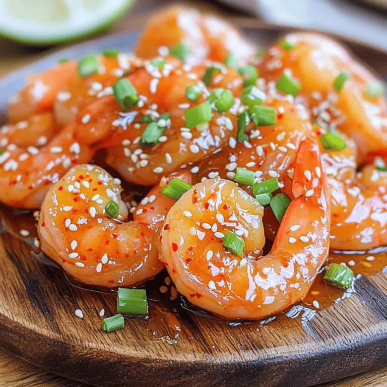 To make this dish, you will need some key items. Here’s what you need: - 1 pound large shrimp, peeled and deveined - 2 tablespoons gochujang (Korean chili paste) - 1 tablespoon honey - 1 tablespoon soy sauce - 1 tablespoon rice vinegar - 1 teaspoon sesame oil - 3 cloves garlic, minced - 1 inch piece of ginger, grated - 1 tablespoon vegetable oil - 2 green onions, chopped (for garnish) - Sesame seeds (for garnish) These ingredients deliver a perfect blend of sweet and spicy. The shrimp soak up the gochujang, honey, and soy sauce, creating a tasty sauce. You can add some extra touches to make this dish your own. Here are a few ideas: - Red pepper flakes for added heat - Lime juice for a zesty kick - Bell peppers or snap peas for crunch - Cilantro for fresh flavor Feel free to mix and match based on what you love. This dish allows for creativity. You don’t need too many tools to make this dish. Here’s what I recommend: - Medium mixing bowl for the marinade - Whisk for blending the marinade ingredients - Large skillet for cooking the shrimp - Spatula for flipping the shrimp - Serving plate for a beautiful presentation Having the right tools makes cooking easier and more fun. Follow the full recipe for a delicious experience! To start, gather your ingredients. You need gochujang, honey, soy sauce, rice vinegar, sesame oil, minced garlic, and grated ginger. In a medium bowl, whisk these together. This marinade brings sweet and spicy notes to the shrimp. Make sure all the ingredients mix well. The smell alone will make your mouth water! Now, take your pound of shrimp, already peeled and deveined. Add the shrimp to the bowl with the marinade. Toss the shrimp gently until they are fully coated. This step is key for flavor. Let the shrimp sit for at least 15 minutes. This allows the shrimp to soak up all that tasty goodness. Next, heat vegetable oil in a large skillet over medium-high heat. When the oil is hot, add the marinated shrimp in a single layer. Cook them for about 2-3 minutes on one side. Watch as they turn pink and opaque. Then, flip the shrimp and cook for an additional 2 minutes. Once done, remove the shrimp from the heat. Drizzle any remaining marinade over them. Let it thicken slightly in the pan for about 1 minute. Finally, plate the shrimp and garnish with green onions and sesame seeds. Enjoy this flavorful delight! For a complete guide, check out the Full Recipe. When picking shrimp, look for ones that are firm and shiny. Fresh shrimp should smell like the ocean, not fishy. If you are unsure, buy shrimp that are frozen. Frozen shrimp can be just as fresh. I prefer large shrimp for this recipe. They hold the sauce well and look great on the plate. Gochujang packs a punch, but you can control the heat. If you want less spice, use less gochujang. You can also add more honey to sweeten the dish. If you like it hot, add some chili flakes or a dash of hot sauce. Taste the marinade before adding it to the shrimp. This way, you can adjust the flavors to suit your taste. Serve your Sweet & Spicy Gochujang Shrimp over rice or noodles. This helps soak up all the tasty sauce. You can also add a side of steamed veggies for a colorful plate. Garnish with extra green onions and sesame seeds for crunch. For a fun twist, serve with lettuce wraps. This adds a fresh crunch to each bite. Check out the Full Recipe for more ways to enjoy this dish! {{image_2}} You can switch shrimp for other proteins. Chicken, tofu, or scallops work well. Just cut them into small pieces for even cooking. Marinate them in the same gochujang mix. Follow the same cooking steps for perfect results. You will enjoy how the flavors blend with each protein. For a meatless version, try using veggies or tempeh. Cauliflower, bell peppers, and mushrooms absorb the gochujang well. Cut them into bite-sized pieces and marinate like you did with shrimp. Cook until tender, about 5-7 minutes. This option brings a tasty twist to the dish. Pair your dish with quick sides for a full meal. Steamed rice or quinoa balances the spice. Sautéed greens like spinach or bok choy add freshness. You can also serve a simple cucumber salad for crunch. These sides are easy to make and complement the shrimp beautifully. For the full recipe, check out the Sweet & Spicy Gochujang Shrimp. To keep your Sweet & Spicy Gochujang Shrimp fresh, let it cool first. Place it in an airtight container. This helps lock in flavors. Store it in the fridge. It will last for up to three days. Make sure you seal it well. This prevents any odors from other foods. When it's time to eat again, reheating is key. Use a skillet for the best results. Heat it over medium-low heat. Add a little water or oil to keep it moist. Stir it often until it's warm. This helps retain the sauce's sticky goodness. Avoid the microwave if you can. It may make the shrimp rubbery. If you want to save it longer, freezing is a good option. Place the shrimp in a freezer-safe bag. Squeeze out as much air as you can. This helps avoid freezer burn. It can stay good for up to two months. To thaw, move it to the fridge overnight. This keeps the texture intact. For quick meals, you can cook it straight from frozen. Just add a few extra minutes to the cooking time. For the full recipe, check the [Full Recipe]. Gochujang is a spicy Korean chili paste. It has a rich, sweet taste. Made from red chili, glutinous rice, fermented soybeans, and salt, it packs a punch. You can use it in many dishes. It adds depth and flavor, making it a must-have for your kitchen. Yes, you can make Sweet & Spicy Gochujang Shrimp ahead of time. Marinate the shrimp and store them in the fridge. Let them soak up those flavors for a few hours. When you are ready to cook, just heat the skillet and follow the cooking steps. This saves time for busy days! To make it spicier, add more gochujang or some red pepper flakes. You can also include diced fresh chili peppers. If you prefer it milder, reduce the gochujang amount. Adding honey or more rice vinegar can help balance the heat too. Adjust until it fits your taste! Gochujang shrimp pairs well with many side dishes. Here are some great options: - Steamed rice - Quinoa - Stir-fried vegetables - Kimchi - Cucumber salad These sides add freshness and balance the spicy shrimp. You can find gochujang in Asian markets or grocery stores. Look in the international aisle near soy sauce. Many online stores sell it too. Brands like Chung Jung One and Sunchang are popular. Choose one that suits your taste! In this article, we covered making Sweet & Spicy Gochujang Shrimp. We discussed essential and optional ingredients, along with the tools you need. I shared step-by-step instructions for preparing, marinating, and cooking the shrimp. You learned tips for choosing shrimp and adjusting the spice levels. I also shared variations, storage tips, and answers to common questions. Now, you have all the tools to create a tasty dish. Enjoy experimenting with flavors and impressing your friends!