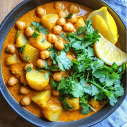 To make Chickpea and Potato Curry, gather these simple ingredients: - 1 cup dried chickpeas (or 2 cans of chickpeas, drained and rinsed) - 2 medium potatoes, peeled and diced - 1 medium onion, finely chopped - 2 garlic cloves, minced - 1 tablespoon ginger, minced - 2 medium tomatoes, chopped (or 1 can of diced tomatoes) - 1 can (400ml) coconut milk - 2 tablespoons curry powder - 1 teaspoon turmeric - 1 teaspoon cumin seeds - 1 tablespoon olive oil - Salt to taste - Fresh cilantro, for garnish - Lemon wedges, for serving These ingredients create a hearty dish full of flavor. You can use dried chickpeas or canned ones based on what you have. If using dried chickpeas, soak them overnight. This makes them soft and perfect for cooking. The potatoes add a nice texture and heartiness to this meal. Each spice brings warmth and depth to the curry. Coconut milk gives it creaminess and a hint of sweetness. Fresh cilantro and lemon wedges brighten the dish and add freshness. For the full recipe, check the earlier sections. To start, you need to decide on your chickpeas. You can use dried or canned chickpeas. - Dried chickpeas: Soak 1 cup overnight in water. The next day, drain them. Boil in fresh water for about 1 hour until tender. - Canned chickpeas: Simply drain and rinse 2 cans. This saves time and effort. Now, let’s cook the curry. 1. In a large pot, heat 1 tablespoon of olive oil over medium heat. Add 1 teaspoon of cumin seeds. Let them sizzle for about 30 seconds until they smell good. 2. Next, add 1 finely chopped onion to the pot. Sauté until it becomes soft, about 5 minutes. 3. Stir in 2 minced garlic cloves and 1 tablespoon of minced ginger. Cook for another minute until fragrant. 4. Add 2 peeled and diced potatoes. Stir well and cook for 5 minutes. 5. Now, add 2 chopped tomatoes (or 1 can of diced tomatoes), 2 tablespoons of curry powder, 1 teaspoon of turmeric, and a pinch of salt. Mix and cook for 5 minutes. The tomatoes should soften. 6. Pour in 1 can of coconut milk and add your cooked chickpeas. Stir to combine everything well. It’s time to simmer and serve your dish. 1. Bring the mix to a gentle simmer. Cover the pot and cook for 20 to 25 minutes, or until the potatoes are tender. Stir occasionally to keep it from sticking. 2. Taste your curry and adjust the salt if needed. 3. Once done, let it sit for a few minutes before serving. This resting time helps the flavors blend. Serve your curry in a deep bowl, topped with fresh cilantro and lemon wedges for a bright touch. Enjoy it with rice or naan for a complete meal. For the complete recipe, check out the Full Recipe. To make your Chickpea and Potato Curry shine, focus on balancing spices. Start with the right amounts of curry powder and turmeric. If you feel bold, you can add a pinch of cayenne for heat. Just remember, a little goes a long way. For garnishes, fresh cilantro adds a nice touch. You can also use sliced green onions or a dollop of yogurt. These not only add flavor but also color to your dish. Cooking a great curry has its tricks. First, avoid burning your spices. Always heat the oil first, then add spices like cumin seeds. This helps release their flavor without bitterness. Use a heavy-bottomed pot to cook your curry. It helps evenly distribute heat. A wooden spoon is great for stirring. It won’t scratch your pot and helps prevent sticking. When serving, a deep bowl is best. It holds the curry well and looks inviting. Pair your Chickpea and Potato Curry with fluffy rice or warm naan for a complete meal. For visual appeal, top your curry with fresh cilantro and lemon wedges. The green and yellow contrast beautifully against the curry’s rich color. This simple touch makes your dish look restaurant-worthy. {{image_2}} You can easily change the main ingredients in this curry. Instead of chickpeas, try lentils or black beans. These legumes add a different taste and texture. For vegetables, you might use sweet potatoes or carrots instead of regular potatoes. Both options provide sweetness and nutrition. You can also adjust the spice levels based on your taste. If you like heat, add more curry powder or some chili peppers. If you prefer mild flavors, reduce the spices a bit. This recipe can fit many diets. To make it vegan, just use the ingredients listed. It’s already dairy-free due to the coconut milk. If you need a gluten-free dish, this curry works well. Just check your curry powder for gluten. For low-carb options, you can swap the potatoes for cauliflower. It gives the same great texture while cutting down on carbs. To make this curry even tastier, think about adding extra spices. Try adding garam masala for warmth or coriander for a fresh taste. You can also toss in fresh herbs, like mint or basil, right before serving. Infusing with flavored oils can also boost your curry. Use coconut oil for a richer taste or olive oil for a lighter touch. Simple swaps can make this dish exciting every time you cook it. For the full recipe, check the section above. To keep your chickpea and potato curry fresh, place it in an airtight container. Always cool it to room temperature before sealing. This helps prevent moisture buildup. You can store it in the fridge for up to 4 days. Choose glass or BPA-free plastic containers for the best results. If you want to freeze your curry, let it cool completely first. Then, divide it into portions. Use freezer-safe containers or heavy-duty freezer bags. Squeeze out as much air as possible to avoid freezer burn. It will stay good for about 3 months. When ready to eat, thaw it overnight in the fridge before reheating. You can reheat your curry in two main ways: the microwave or stovetop. For the microwave, place it in a microwave-safe bowl. Heat it in short bursts, stirring in between. If you prefer stovetop, warm it in a pan over low heat. Add a splash of coconut milk to restore creaminess. Stir often to heat evenly. Chickpea and potato curry is a warm, filling dish. It blends chickpeas and potatoes in a rich sauce. This dish gets its roots from Indian cooking. It showcases the use of spices like curry powder and turmeric. The creamy coconut milk adds a smooth texture and flavor. This dish is loved for its heartiness and comfort. Yes, you can use frozen chickpeas. They save time and are easy to use. Start by rinsing them under warm water. Then, add them directly to your pot with coconut milk. They will cook faster than dried chickpeas. Just adjust the cooking time to ensure they heat through. The total time to make this curry is about 1 hour and 10 minutes. You’ll spend 15 minutes prepping your ingredients. Cooking the curry takes around 50 minutes. If using dried chickpeas, include extra time for soaking and boiling. Canned chickpeas cut down the time significantly. Chickpea and potato curry is quite healthy. Chickpeas are packed with protein and fiber. Potatoes provide essential vitamins and minerals. Coconut milk brings healthy fats into the dish. Together, they create a balanced meal. This dish is great for vegetarians and vegans alike. Absolutely! If you like heat, add chili powder or fresh chilies. You can also include cayenne pepper for extra kick. Adjust the spice level to your taste. Try adding sliced jalapeños or a dash of hot sauce. Spice enhances the flavors and makes each bite exciting. For the full recipe, check out the instructions above. This article covered the key ingredients for chickpea and potato curry. You learned how to prep and cook your dish step-by-step. Each section offered tips for enhancing flavor, storage, and presentation. You can customize this curry with variations and dietary options. Embrace the joy of cooking this healthy dish. With practice, you'll impress your family and friends. Get creative and have fun in the kitchen!