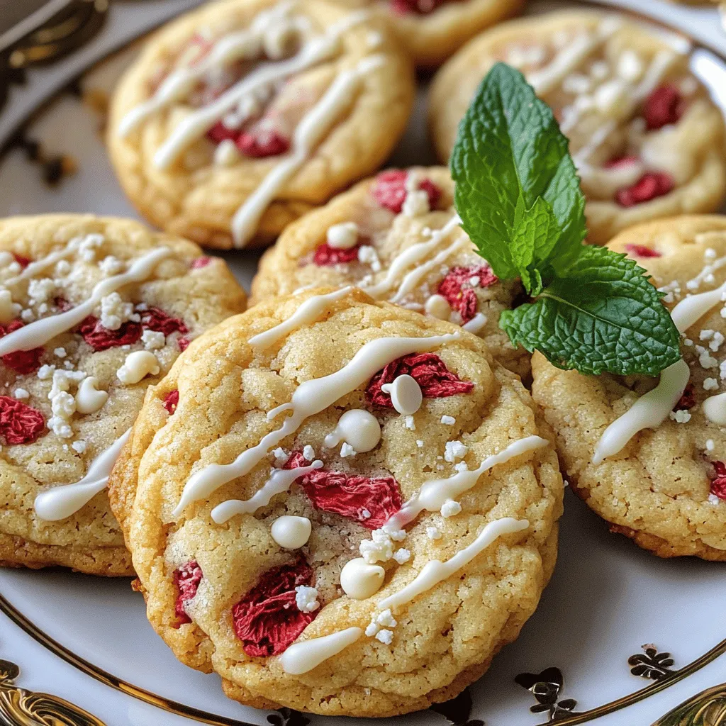 To make these cookies, you will need: - 1 cup unsalted butter, softened - 1 cup brown sugar, packed - 1/2 cup granulated sugar - 2 large eggs - 2 teaspoons vanilla extract - 2 1/2 cups all-purpose flour - 1 teaspoon baking soda - 1/2 teaspoon salt - 1 cup white chocolate chips - 1 cup freeze-dried strawberries, crushed - 1/4 cup fresh strawberries, diced These ingredients create a rich and sweet cookie that is bursting with flavor. Sometimes, you may not have all the ingredients. Here are some great swaps: - For unsalted butter, use margarine or coconut oil. - If you lack brown sugar, mix granulated sugar with a bit of molasses. - You can use egg replacers like flaxseed meal or applesauce for eggs. - Instead of all-purpose flour, try oat flour or almond flour for a different taste. These substitutions can change the taste and texture a bit, but they still work well. Having the right tools makes baking easier. Here’s what you need: - Mixing bowls for combining ingredients - A hand mixer or stand mixer to cream the butter and sugars - Measuring cups and spoons for accuracy - A baking sheet lined with parchment paper - A cookie scoop or tablespoon for shaping cookies - Wire racks for cooling With these tools, you’ll be well-prepared to bake delicious white chocolate strawberry cookies. Check out the Full Recipe for detailed instructions! To start, gather your ingredients. You will need unsalted butter, brown sugar, granulated sugar, eggs, and vanilla extract. In a large bowl, cream the butter and sugars together until they look fluffy. This takes about 3-4 minutes. Next, add the eggs one at a time. Mix well after each egg. Now, add the vanilla extract to the mixture. In another bowl, whisk together the flour, baking soda, and salt. Slowly add this dry mix to the wet ingredients. Stir until just combined. Finally, gently fold in the white chocolate chips, crushed freeze-dried strawberries, and diced fresh strawberries. Your dough is now ready! Preheat your oven to 350°F (175°C). Line two baking sheets with parchment paper. Using a tablespoon or cookie scoop, drop rounded balls of dough onto the sheets. Make sure to space them about 2 inches apart. Bake the cookies for 10-12 minutes. You want the edges to be lightly golden, but the centers should still look soft. This ensures a chewy cookie. When done, take them out and let them cool on the sheets for 5 minutes before moving them to wire racks. Once the cookies cool completely, it's time to serve! For a lovely presentation, place them on a decorative plate. You can add fresh mint leaves for color. A drizzle of melted white chocolate over the tops adds an extra touch of sweetness. Enjoy your delightful treat! For the complete recipe, refer to the section above. Baking can be tricky, but I have tips to help you. First, measure your ingredients. Too much flour makes cookies dry. Use the spoon and level method for accuracy. Next, mix just until combined. Overmixing makes the cookies tough. Also, don’t skip chilling the dough. Chilling helps the cookies hold their shape and improves flavor. To make your white chocolate strawberry cookies shine, consider adding a pinch of sea salt. This little touch boosts the sweetness and brings out the berry flavor. You can also try using different types of white chocolate. Some brands offer a creamier taste, while others have a more intense flavor. If you want extra strawberry goodness, add a splash of strawberry extract to the mix. The key to perfect cookie texture lies in the dough. If your dough feels too sticky, add a bit more flour. But be cautious; too much flour can lead to dry cookies. Aim for a dough that holds shape but is still soft. Bake until the edges are golden, but the centers look slightly underbaked. They will firm up as they cool. For more details, check the Full Recipe. {{image_2}} You can change up your white chocolate strawberry cookies by adding nuts or other fruits. Try adding chopped walnuts or pecans for a nice crunch. They add flavor and texture. If you want to mix in different fruits, consider using blueberries or raspberries. These fruits pair well with white chocolate. You can also try dried fruits like cranberries. Each option gives a unique twist to your cookies. Making gluten-free cookies is easy! Simply swap out regular flour for gluten-free flour. Make sure it has a good blend for baking. You can also make these cookies vegan. Use plant-based butter and flax eggs instead of regular eggs. Just mix one tablespoon of ground flaxseed with three tablespoons of water for one egg. This will keep your cookies soft and tasty. While white chocolate shines in this recipe, you can swap in other chocolates. Dark chocolate chips can give a richer taste. Milk chocolate brings a sweeter flavor. You can also mix them together for a fun treat! For a twist, try using chocolate chunks instead of chips. They create gooey pockets of chocolate that melt in your mouth. For the full recipe of these cookies, check out the recipe section! To keep your white chocolate strawberry cookies fresh, store them in an airtight container. This helps prevent moisture loss. I suggest placing parchment paper between layers to avoid sticking. Store them at room temperature for up to a week. If you want them to last longer, consider refrigeration. This can extend their life by a few days, but they may lose some softness. Freezing cookies is a great way to keep them tasty for months. To freeze your white chocolate strawberry cookies, let them cool completely first. Then, place them in a single layer on a baking sheet and freeze until solid. After that, transfer them to a freezer-safe bag or container. They can last for up to three months in the freezer. When you're ready to enjoy them, thaw at room temperature or warm them in the oven for a few minutes. If your cookies become stale, don’t worry! You can bring them back to life easily. Place a slice of bread in the container with the cookies overnight. The cookies will absorb moisture from the bread and become soft again. Alternatively, you can microwave them for 10 seconds to refresh their texture. Just be careful not to overheat them, or they may turn tough. Enjoy your delightful treat! To make your cookies chewier, try a few easy tips. First, use more brown sugar than white sugar. Brown sugar adds moisture. You can also reduce the baking time slightly. This keeps the center soft. Another trick is to chill your dough before baking. This helps the cookies spread less and stay thick. Lastly, add an extra egg yolk for richness. Yes, you can use fresh strawberries. However, fresh strawberries add more moisture. This can change the cookie's texture. If you use fresh strawberries, chop them small. Pat them dry with a paper towel. This removes extra water. You might need to adjust the flour amount to keep the dough balanced. Decorating your cookies can be fun and easy. Start by drizzling melted white chocolate over the tops. This adds sweetness and looks great. You can also add sprinkles for color. For a fresh touch, place a small slice of strawberry on each cookie. Serve them on a pretty plate, maybe with mint leaves. This makes a lovely presentation. For more ideas, check the Full Recipe! In this post, we explored how to make delicious white chocolate strawberry cookies. We covered the key ingredients, including substitutions and tools for baking. You learned step-by-step instructions for preparing the dough, baking, and serving. I shared tips to avoid mistakes and enhance flavor. Variations for add-ins and dietary needs were also discussed. Lastly, we went over best practices for storage and answered common questions. These cookies are not just tasty; they are fun to make. Enjoy baking these treats and share them with friends!