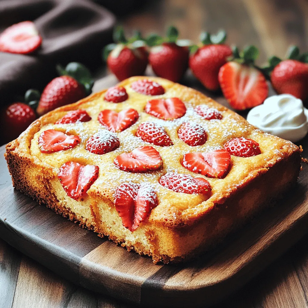 To make Skinny Strawberry Cake, you'll need these key ingredients: - 1 ½ cups whole wheat flour - 1 cup coconut sugar (or granulated sugar) - 1 teaspoon baking powder - ½ teaspoon baking soda - ¼ teaspoon salt - 1 cup unsweetened applesauce - 1 teaspoon vanilla extract - 2 large egg whites - 1 cup fresh strawberries, hulled and sliced - ½ cup Greek yogurt (plain) - Optional: powdered sugar for dusting These ingredients work together to create a tasty cake that is light on calories. You can swap some ingredients for even fewer calories. For example: - Use almond flour instead of whole wheat flour for a nuttier taste. - Replace coconut sugar with monk fruit sweetener for a sugar-free option. - Try flax eggs instead of egg whites for a vegan version. - Use low-fat yogurt in place of Greek yogurt to cut more calories. These swaps help you stick to your diet while enjoying a sweet treat. Each ingredient in this cake offers health benefits: - Whole wheat flour adds fiber, which helps digestion. - Coconut sugar has a lower glycemic index than regular sugar, helping with blood sugar control. - Unsweetened applesauce acts as a natural sweetener and keeps the cake moist. - Greek yogurt provides protein and probiotics, good for gut health. - Fresh strawberries are low in calories and high in vitamins C and K. These ingredients not only make your cake delicious but also add nutrition to your diet. For the complete recipe, check out the Full Recipe section. Start by gathering all your ingredients. You will need whole wheat flour, coconut sugar, baking powder, baking soda, salt, applesauce, vanilla extract, egg whites, fresh strawberries, and Greek yogurt. Preheat your oven to 350°F (175°C). Grease a 9-inch round cake pan or use parchment paper. This helps the cake not stick. In a large bowl, whisk together the dry ingredients. Combine the whole wheat flour, coconut sugar, baking powder, baking soda, and salt. Make sure they mix well. In a separate bowl, mix the wet ingredients. Combine the applesauce, vanilla extract, and egg whites. Whisk them until smooth. Gradually add the wet mix to the dry mix. Stir gently until just combined. Be careful not to over-mix. Gently fold in the sliced strawberries and Greek yogurt. This adds flavor and moisture. Pour the batter into your prepared cake pan. Smooth the top with a spatula. Bake in the preheated oven for about 25-30 minutes. Check with a toothpick; it should come out clean. Once baked, let the cake cool in the pan for 10 minutes. Then, transfer it to a wire rack to cool completely. For a sweet touch, dust the top with powdered sugar before serving. For the full recipe, check the previous section. To keep your Skinny Strawberry Cake moist, use unsweetened applesauce. This adds moisture without extra fat. Don't over-mix the batter; stir until just combined. Over-mixing can make the cake tough. Adding Greek yogurt also helps with moisture. It gives a nice texture and taste. For even baking, make sure your oven is preheated. This helps the cake rise evenly. Use a light-colored pan; dark pans absorb more heat and can cause uneven baking. Rotate the cake halfway through baking. This ensures all sides bake the same. Check doneness with a toothpick. It should come out clean from the center. Serve your cake on a pretty platter for a nice touch. Add fresh strawberry slices on top for color and flavor. A dollop of Greek yogurt on the side adds creaminess. You can also dust the top with powdered sugar for sweetness. This makes it look fancy and inviting. Enjoy your creation with friends or family! {{image_2}} You can easily make this cake gluten-free. Use almond flour or a gluten-free flour blend instead of whole wheat flour. These options keep the cake light and fluffy. Just make sure your baking powder is gluten-free too. This way, everyone can enjoy a slice. Want to change it up? Add lemon or almond flavor for a twist. A teaspoon of lemon zest brightens the cake. It adds a fresh taste that pairs well with strawberries. If you love almond, use almond extract instead of vanilla. Just a little will give a warm, nutty taste. You can also swap ingredients to lower calories. Instead of coconut sugar, use stevia or monk fruit sweetener. Both options are great for cutting sugar. For fat, replace Greek yogurt with unsweetened silken tofu. It keeps the cake moist and creamy without extra fat. Try these variations to make the cake your own. You can find the full recipe above to get started on your delicious creation! To keep your Skinny Strawberry Cake fresh, store it in an airtight container. This helps prevent it from drying out. If you have extra slices, place parchment paper between them. This way, they won’t stick together. Keep the cake in the fridge for up to five days. For best taste, eat it within three days. Freezing your cake is easy. First, let the cake cool completely. Then, slice it into individual pieces. Wrap each slice tightly in plastic wrap. Next, place the wrapped slices in a freezer-safe bag or container. Label it with the date. You can freeze the cake for up to three months. When you want a slice, take it out and let it thaw in the fridge overnight. The Skinny Strawberry Cake stays fresh for a few days at room temperature. However, it lasts longer in the fridge. If you notice any changes in smell or texture, it’s best to throw it away. Always trust your senses! For long-term storage, freezing is the best option. This keeps your cake delicious and ready to enjoy. For more details on making this treat, check the Full Recipe. Yes, you can use frozen strawberries in this cake. Just thaw them first. Drain any excess liquid before adding them to the batter. This helps keep your cake from getting too soggy. Frozen strawberries may change the cake's texture slightly, but they still taste great! To make this cake vegan, swap the egg whites for flax eggs. Mix 1 tablespoon of ground flaxseed with 2.5 tablespoons of water. Let it sit until it thickens, about 5 minutes. You may also replace Greek yogurt with a plant-based yogurt. This keeps the cake moist while ensuring it's vegan-friendly. If you don’t have Greek yogurt, you can use applesauce or coconut yogurt. Both options keep the cake moist. You can also use silken tofu blended until smooth. Each of these options will add creaminess to the batter without losing flavor. If you're looking for a lower-calorie option, applesauce is an excellent choice. For the full recipe, check out the details above! In this blog post, we explored the key ingredients for a delicious Skinny Strawberry Cake. We looked at how to prepare, bake, and cool your cake, plus tips for keeping it moist and even. I also shared variations for gluten-free options and creative flavor additions. Finally, we covered storage best practices and common questions. Now, you have everything you need to bake this cake with confidence. Enjoy every slice and impress your friends with your baking skills!
