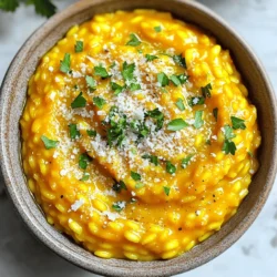 - 1 cup Arborio rice - 2 cups pumpkin puree (fresh or canned) - 4 cups vegetable broth The main ingredients in my creamy pumpkin risotto create a rich base. Arborio rice gives it a creamy texture. Pumpkin puree adds a sweet taste and bright color. Vegetable broth brings depth and flavor. - 1 medium onion, finely chopped - 2 cloves garlic, minced - 1/2 cup grated Parmesan cheese - 1 tablespoon olive oil - 1 tablespoon butter The additional ingredients enhance the dish. Onions and garlic add aroma and flavor. Parmesan cheese brings creaminess and a savory kick. Olive oil and butter provide richness to the risotto. - 1 teaspoon thyme (fresh or dried) - Salt and pepper to taste - Fresh parsley, chopped (for garnish) Seasoning makes the dish shine. Thyme gives a lovely herbal note. Salt and pepper balance the flavors. Fresh parsley adds a pop of color and freshness as a garnish. For the full recipe, check out the details above. Start by heating the vegetable broth. Pour it into a saucepan over medium-low heat. You want to warm it gently. Keep it at a low simmer while you cook the risotto. This step helps your rice cook evenly. In a large skillet, add olive oil and butter. Heat them over medium heat. Once hot, add the chopped onion. Sauté the onion until it turns translucent, which takes about five minutes. Then, stir in the minced garlic. Cook it for one more minute until it smells great. Next, add the Arborio rice to the skillet. Stir it well for about two to three minutes. You want to toast the rice slightly. The grains should look a bit translucent on the edges. This enhances the flavor. Now, it’s time to add the broth. Use a ladle to pour in a bit of warm broth. Stir the rice while it cooks. Wait for the rice to absorb most of the liquid before adding more. Repeat this process, ladle by ladle. This should take about 18 to 20 minutes. The rice will become creamy and al dente. Once the rice is almost done, stir in the pumpkin puree and thyme. Mix it well until the risotto is creamy and a lovely orange color. Remove the pan from heat. Stir in the grated Parmesan cheese. Season with salt and pepper to taste. Let the risotto sit for a couple of minutes. This resting time helps achieve perfect creaminess. For the full recipe, check out the recipe section. To make creamy pumpkin risotto, stirring is key. Stir often and gently. This helps the rice release its starch, creating a smooth texture. Use a wooden spoon for the best results. Choosing the right broth matters too. A rich vegetable broth enhances flavor. Make sure it stays warm while cooking. This keeps the rice from cooling down too much. Want to make it vegetarian? It’s easy! Simply skip the Parmesan cheese. You can use nutritional yeast instead. This gives a cheesy flavor without the dairy. For a vegan twist, swap the butter with olive oil. Coconut cream also adds a rich texture without dairy. Using the right pans makes a big difference. I recommend a heavy-bottomed skillet. It distributes heat evenly and helps cook the rice well. Good quality equipment lasts longer and cooks better. Investing in a solid pot makes cooking fun and easy. A sturdy spoon is also great for stirring. {{image_2}} You can change the pumpkin for different flavors. Butternut squash works well and tastes sweet. Sweet potatoes are another great option. They add a nice creaminess too. For cheese, Parmesan is classic, but you can swap it. Try Pecorino for a sharper kick. Goat cheese adds a tangy twist. If you want something creamy, use mascarpone. Herbs and spices can take your risotto higher. Sage pairs well with pumpkin and gives warmth. Nutmeg adds a cozy flavor, perfect for fall. A dash of cayenne pepper adds a little heat. You can also add protein to your risotto. Cooked chicken gives it heartiness and keeps you full. Shrimp adds a touch of luxury and pairs beautifully with the creamy texture. In fall, use vegetables like roasted carrots or Brussels sprouts. They add color and flavor to your dish. You can mix in kale for added nutrients and a nice crunch. In summer, switch to fresh tomatoes and basil. These bright flavors keep the dish light. You might even add zucchini for extra texture. Adjust your risotto to match the seasons! For the full recipe, check out [Full Recipe]. To store leftover creamy pumpkin risotto, let it cool first. Transfer it to an airtight container. This will keep it fresh. Make sure to eat it within three days. When reheating, add a splash of broth or water. This helps restore creaminess. Heat it slowly on the stove. Stir often to avoid sticking. You can freeze creamy pumpkin risotto if you have extra. First, let it cool completely. Then, scoop it into freezer-safe bags. Remove as much air as possible. Label the bags with dates. To thaw, place the risotto in the fridge overnight. Reheat it in a pan with some broth. This keeps the texture nice. In the fridge, risotto lasts about three days. If it smells off or looks strange, throw it away. Signs of spoilage include a sour smell or visible mold. Always check before you eat! Enjoy creamy pumpkin risotto fresh for the best taste, but storing it is easy. For the full recipe, check the section above. The best rice for risotto is Arborio rice. Its round grains absorb liquid well. Other rice types, like jasmine or basmati, do not have the same creamy texture. Arborio rice has a high starch content. This gives risotto its rich and smooth quality. If you can't find Arborio, you can try Carnaroli or Vialone Nano. These types also work well and have similar properties. You can make risotto ahead, but it may change in texture. To prepare it in advance, cook the risotto as usual. When done, let it cool and store it in the fridge. When you’re ready to serve, reheat it gently. Add a bit of broth to restore creaminess. Stir often to keep it smooth. This way, you can enjoy risotto with less stress. Yes, pumpkin risotto is gluten-free. The main ingredients, like Arborio rice and vegetable broth, do not contain gluten. Always check the broth label to ensure it is gluten-free. Some pre-made broths may contain gluten. If you use homemade broth, you can be sure of its ingredients. This dish is a great option for those with gluten sensitivities. Enjoy creamy pumpkin risotto without worry! In this blog post, I covered how to make creamy pumpkin risotto. We talked about the essential ingredients like Arborio rice, pumpkin puree, and vegetable broth. Then, I shared step-by-step instructions for cooking and tips for achieving that perfect creamy texture. I also explored variations, storage tips, and answered common questions. Risotto is a versatile dish. You can tailor it to your taste and dietary needs. Enjoy experimenting and creating your own versions!