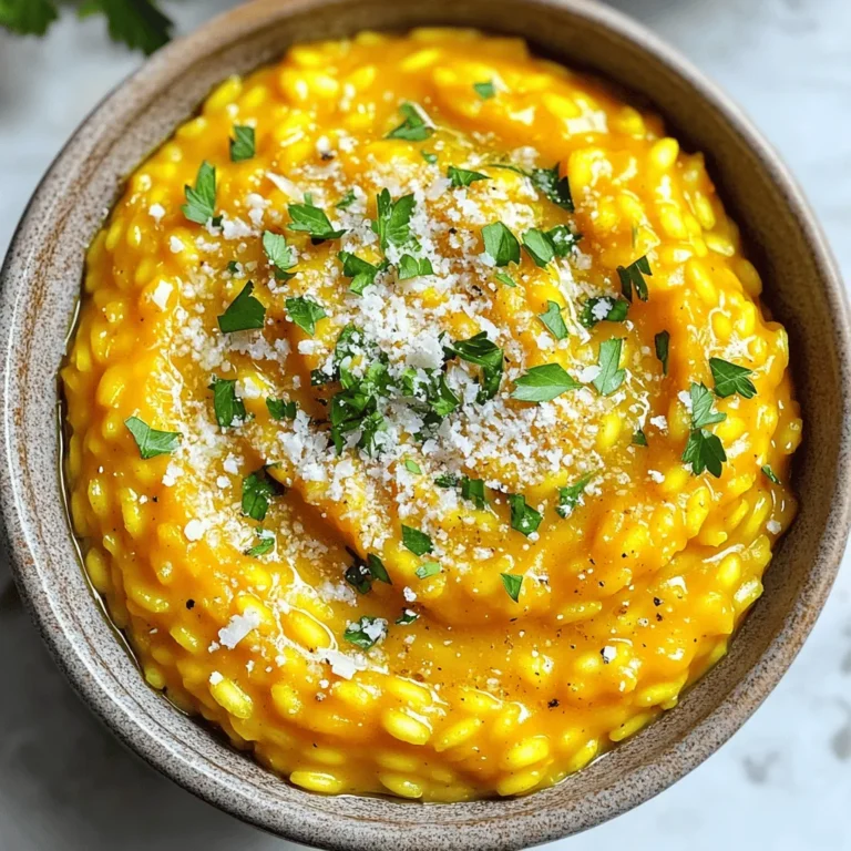 - 1 cup Arborio rice - 2 cups pumpkin puree (fresh or canned) - 4 cups vegetable broth The main ingredients in my creamy pumpkin risotto create a rich base. Arborio rice gives it a creamy texture. Pumpkin puree adds a sweet taste and bright color. Vegetable broth brings depth and flavor. - 1 medium onion, finely chopped - 2 cloves garlic, minced - 1/2 cup grated Parmesan cheese - 1 tablespoon olive oil - 1 tablespoon butter The additional ingredients enhance the dish. Onions and garlic add aroma and flavor. Parmesan cheese brings creaminess and a savory kick. Olive oil and butter provide richness to the risotto. - 1 teaspoon thyme (fresh or dried) - Salt and pepper to taste - Fresh parsley, chopped (for garnish) Seasoning makes the dish shine. Thyme gives a lovely herbal note. Salt and pepper balance the flavors. Fresh parsley adds a pop of color and freshness as a garnish. For the full recipe, check out the details above. Start by heating the vegetable broth. Pour it into a saucepan over medium-low heat. You want to warm it gently. Keep it at a low simmer while you cook the risotto. This step helps your rice cook evenly. In a large skillet, add olive oil and butter. Heat them over medium heat. Once hot, add the chopped onion. Sauté the onion until it turns translucent, which takes about five minutes. Then, stir in the minced garlic. Cook it for one more minute until it smells great. Next, add the Arborio rice to the skillet. Stir it well for about two to three minutes. You want to toast the rice slightly. The grains should look a bit translucent on the edges. This enhances the flavor. Now, it’s time to add the broth. Use a ladle to pour in a bit of warm broth. Stir the rice while it cooks. Wait for the rice to absorb most of the liquid before adding more. Repeat this process, ladle by ladle. This should take about 18 to 20 minutes. The rice will become creamy and al dente. Once the rice is almost done, stir in the pumpkin puree and thyme. Mix it well until the risotto is creamy and a lovely orange color. Remove the pan from heat. Stir in the grated Parmesan cheese. Season with salt and pepper to taste. Let the risotto sit for a couple of minutes. This resting time helps achieve perfect creaminess. For the full recipe, check out the recipe section. To make creamy pumpkin risotto, stirring is key. Stir often and gently. This helps the rice release its starch, creating a smooth texture. Use a wooden spoon for the best results. Choosing the right broth matters too. A rich vegetable broth enhances flavor. Make sure it stays warm while cooking. This keeps the rice from cooling down too much. Want to make it vegetarian? It’s easy! Simply skip the Parmesan cheese. You can use nutritional yeast instead. This gives a cheesy flavor without the dairy. For a vegan twist, swap the butter with olive oil. Coconut cream also adds a rich texture without dairy. Using the right pans makes a big difference. I recommend a heavy-bottomed skillet. It distributes heat evenly and helps cook the rice well. Good quality equipment lasts longer and cooks better. Investing in a solid pot makes cooking fun and easy. A sturdy spoon is also great for stirring. {{image_2}} You can change the pumpkin for different flavors. Butternut squash works well and tastes sweet. Sweet potatoes are another great option. They add a nice creaminess too. For cheese, Parmesan is classic, but you can swap it. Try Pecorino for a sharper kick. Goat cheese adds a tangy twist. If you want something creamy, use mascarpone. Herbs and spices can take your risotto higher. Sage pairs well with pumpkin and gives warmth. Nutmeg adds a cozy flavor, perfect for fall. A dash of cayenne pepper adds a little heat. You can also add protein to your risotto. Cooked chicken gives it heartiness and keeps you full. Shrimp adds a touch of luxury and pairs beautifully with the creamy texture. In fall, use vegetables like roasted carrots or Brussels sprouts. They add color and flavor to your dish. You can mix in kale for added nutrients and a nice crunch. In summer, switch to fresh tomatoes and basil. These bright flavors keep the dish light. You might even add zucchini for extra texture. Adjust your risotto to match the seasons! For the full recipe, check out [Full Recipe]. To store leftover creamy pumpkin risotto, let it cool first. Transfer it to an airtight container. This will keep it fresh. Make sure to eat it within three days. When reheating, add a splash of broth or water. This helps restore creaminess. Heat it slowly on the stove. Stir often to avoid sticking. You can freeze creamy pumpkin risotto if you have extra. First, let it cool completely. Then, scoop it into freezer-safe bags. Remove as much air as possible. Label the bags with dates. To thaw, place the risotto in the fridge overnight. Reheat it in a pan with some broth. This keeps the texture nice. In the fridge, risotto lasts about three days. If it smells off or looks strange, throw it away. Signs of spoilage include a sour smell or visible mold. Always check before you eat! Enjoy creamy pumpkin risotto fresh for the best taste, but storing it is easy. For the full recipe, check the section above. The best rice for risotto is Arborio rice. Its round grains absorb liquid well. Other rice types, like jasmine or basmati, do not have the same creamy texture. Arborio rice has a high starch content. This gives risotto its rich and smooth quality. If you can't find Arborio, you can try Carnaroli or Vialone Nano. These types also work well and have similar properties. You can make risotto ahead, but it may change in texture. To prepare it in advance, cook the risotto as usual. When done, let it cool and store it in the fridge. When you’re ready to serve, reheat it gently. Add a bit of broth to restore creaminess. Stir often to keep it smooth. This way, you can enjoy risotto with less stress. Yes, pumpkin risotto is gluten-free. The main ingredients, like Arborio rice and vegetable broth, do not contain gluten. Always check the broth label to ensure it is gluten-free. Some pre-made broths may contain gluten. If you use homemade broth, you can be sure of its ingredients. This dish is a great option for those with gluten sensitivities. Enjoy creamy pumpkin risotto without worry! In this blog post, I covered how to make creamy pumpkin risotto. We talked about the essential ingredients like Arborio rice, pumpkin puree, and vegetable broth. Then, I shared step-by-step instructions for cooking and tips for achieving that perfect creamy texture. I also explored variations, storage tips, and answered common questions. Risotto is a versatile dish. You can tailor it to your taste and dietary needs. Enjoy experimenting and creating your own versions!