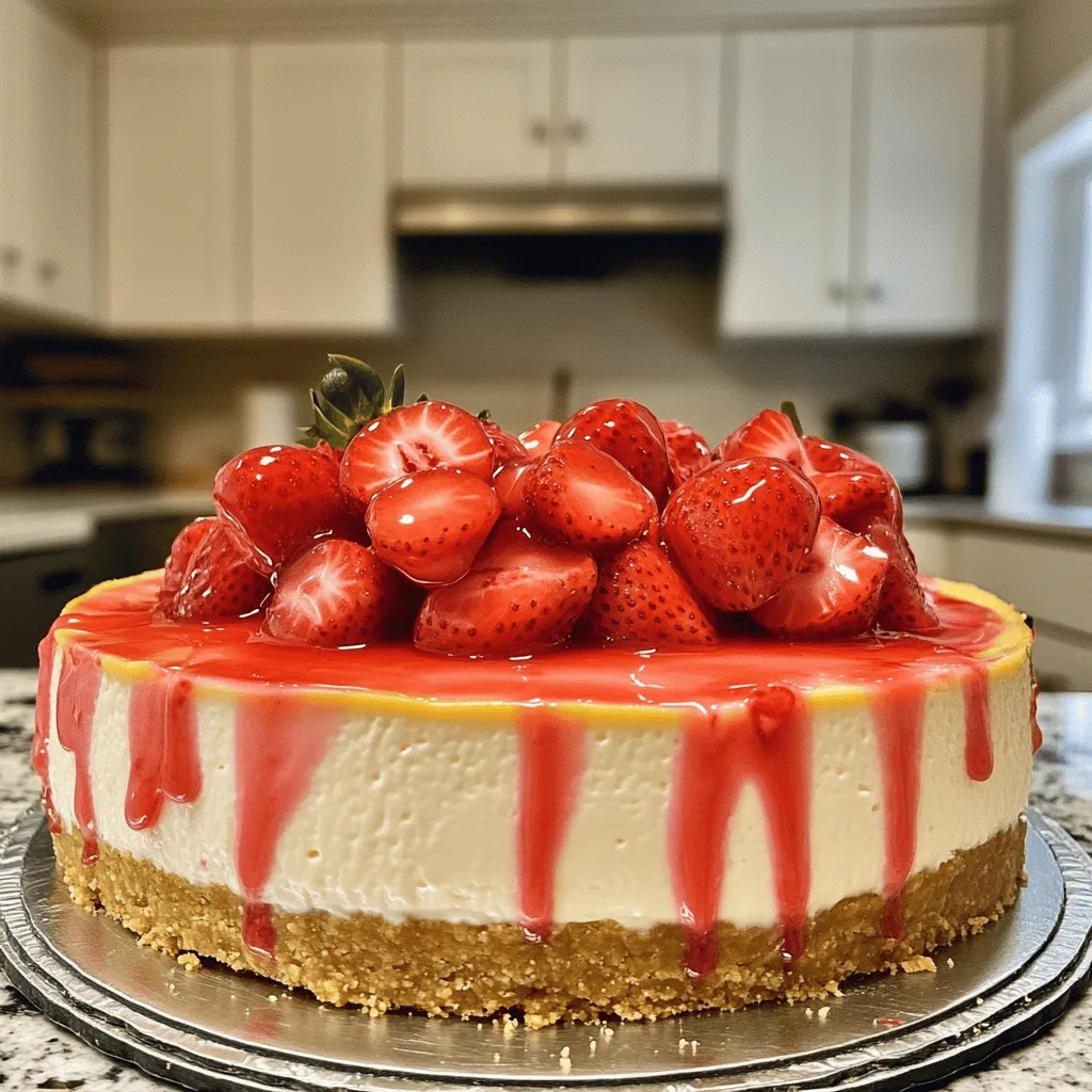 To make a lovely strawberry cheesecake, gather these key ingredients: - 1 ½ cups digestive biscuits, crushed - ½ cup unsalted butter, melted - 16 oz (450 g) cream cheese, softened - 1 cup granulated sugar - 2 teaspoons vanilla extract - 3 large eggs - 1 cup sour cream - 1 ½ cups fresh strawberries, pureed - 2 tablespoons cornstarch - Fresh strawberries for garnish These ingredients work together to create a rich, creamy dessert with a delightful strawberry flavor. The digestive biscuits give a crunchy base, while the cream cheese brings a smooth texture. You can add some optional ingredients to make this cheesecake your own: - Lemon zest for a citrus kick - Chocolate chips for a sweeter twist - A splash of almond extract for nutty notes These additions can enhance the flavor and make your cheesecake unique. If you have allergies or dietary restrictions, consider these substitutions: - Use gluten-free cookies instead of digestive biscuits for a gluten-free crust. - Swap cream cheese for a vegan cream cheese alternative to make it dairy-free. - Replace eggs with flaxseed meal mixed with water for a vegan option. These substitutes allow you to enjoy the cheesecake while keeping it safe for your needs. You can find the Full Recipe to see how these ingredients come together in this delicious treat. To make the crust, start with 1 ½ cups of crushed digestive biscuits. You can use a food processor or a plastic bag and a rolling pin. Then, mix the crushed biscuits with ½ cup of melted unsalted butter in a medium bowl. Stir until the mixture looks like wet sand. Next, press this mix into the bottom of a 9-inch springform pan. Make sure it’s compact and even. Bake the crust in a preheated oven at 325°F (163°C) for 10 minutes. After baking, take it out and let it cool completely. Now, let’s make the cream cheese filling. In a large mixing bowl, beat 16 oz (450 g) of softened cream cheese until it’s smooth. Use an electric mixer for best results. Gradually add 1 cup of granulated sugar, mixing well after each addition. Then, add 2 teaspoons of vanilla extract and mix. Next, add 3 large eggs, one at a time. Mix just enough to combine. Now, stir in 1 cup of sour cream and 1 ½ cups of pureed fresh strawberries. Finally, add 2 tablespoons of cornstarch to thicken the filling. Mix until everything is well combined. Pour the cream cheese filling over the cooled crust in the springform pan. Spread it evenly to ensure a nice bake. Bake in the oven for 50-60 minutes. The center should be set but still slightly jiggly. Once done, turn off the oven and leave the cheesecake inside with the door slightly open for 1 hour. This helps prevent cracks. After an hour, remove it from the oven and let it cool completely at room temperature. Then, refrigerate for at least 4 hours or overnight for the best flavor. When ready to serve, carefully remove the sides of the springform pan, and garnish with fresh strawberries. You can find the Full Recipe for more details. To get a creamy texture in your strawberry cheesecake, start with room-temperature cream cheese. Cold cream cheese will clump. Beat it well to make it smooth. Adding sour cream helps too. It gives a rich flavor and creamy feel. Mix your ingredients gently. Overmixing can add air, which makes the cheesecake crack. One big mistake is opening the oven door too soon. This can cause the cheesecake to sink. Let it bake fully and cool slowly in the oven. Another mistake is using too much sugar. This can make it overly sweet. Stick to the recipe for the best balance. Always let your cheesecake chill in the fridge. This helps it firm up and enhances the flavor. When serving, cut neat slices for a pretty look. Use a hot knife to get clean cuts. Drizzle extra strawberry puree on top for a pop of color. Fresh strawberries make a lovely garnish too. You can also add a dollop of whipped cream for extra creaminess. For a fun twist, serve slices with a scoop of vanilla ice cream on the side. Check out the Full Recipe for more tips! {{image_2}} You can skip baking by making a no-bake version. This dessert stays cool and creamy. For the crust, use crushed cookies and melted butter, just like the baked recipe. For the filling, mix cream cheese, sugar, and pureed strawberries. Add whipped cream for a light texture. Spread this mixture over the crust and chill until firm. This no-bake option is perfect for hot days. If you prefer a vegan version, use cashews instead of cream cheese. Soak cashews in water for a few hours, then blend them until smooth. Combine with maple syrup, vanilla, and pureed strawberries for a creamy filling. Use dates and nuts for the crust. Press this mixture into a pan and chill. This option is just as delightful and plant-based! You can customize your cheesecake easily. Try adding blueberries or raspberries for a mix of flavors. Swirl some chocolate sauce through the filling for a unique twist. You can also use lemon zest for a tangy kick. These additions make each cheesecake different and fun. Get creative and find your favorite mix! For the full recipe, check out the Heavenly Strawberry Cheesecake section. Enjoy! After you make your cheesecake, let it cool completely. Wrap it well in plastic wrap. This keeps it moist and fresh. Store it in the fridge for up to five days. If you want to slice it first, use a sharp knife. Clean the knife between cuts for neat slices. You can also place it in an airtight container. If you have leftovers, you can freeze them. First, let the cheesecake cool completely. Then, wrap it tightly in plastic wrap. After that, place it in a freezer-safe bag or container. It can stay in the freezer for up to three months. To thaw, place it in the fridge overnight before serving. The shelf life of your strawberry cheesecake is about five days in the fridge. The flavors taste best after chilling for at least four hours. For the best taste, serve it cold. I love to add fresh strawberries on top right before serving. This adds color and flavor. Check out the Full Recipe for tips on making your cheesecake shine! You can check if your cheesecake is done by looking for a slight jiggle in the center. The edges should be set, and the middle should still move a little when you shake the pan. This soft center will firm up as it cools. After baking, turn off the oven and let it sit inside for one hour with the door slightly open. This helps prevent cracks. Yes, you can use frozen strawberries! Just make sure to thaw them first. Drain any extra juice to avoid a watery filling. Puree the strawberries as you would with fresh ones. The flavor will still be great, though fresh strawberries often taste better. To prevent cracks, avoid overmixing your batter. Mix just until the ingredients blend together. Also, ensure your cream cheese is at room temperature. Another tip is to bake at a lower temperature and use a water bath. This method keeps the cheesecake moist and helps it cook evenly. For best results, follow my full recipe for more tips! This strawberry cheesecake is rich, creamy, and full of fresh flavor. It has a crunchy crust and a smooth filling. The sweet strawberries make it special. You can serve it for any occasion. - 1 ½ cups digestive biscuits, crushed - ½ cup unsalted butter, melted - 16 oz (450 g) cream cheese, softened - 1 cup granulated sugar - 2 teaspoons vanilla extract - 3 large eggs - 1 cup sour cream - 1 ½ cups fresh strawberries, pureed - 2 tablespoons cornstarch - Fresh strawberries for garnish 1. Preheat your oven to 325°F (163°C). 2. Make the crust: In a medium bowl, mix the crushed digestive biscuits and melted butter. Press this into the bottom of a 9-inch springform pan. Bake for 10 minutes and let it cool. 3. Prepare the filling: In a large bowl, beat the softened cream cheese with an electric mixer. Mix until creamy and smooth. 4. Add sugar: Gradually add the sugar. Mix well after each addition. Then, add the vanilla extract. 5. Incorporate eggs: Add the eggs one at a time. Mix until just blended. Do not overmix. 6. Stir in sour cream: Mix in the sour cream and pureed strawberries. Add the cornstarch and mix until combined. 7. Combine: Pour the cream cheese mixture over the cooled crust. Spread it evenly. 8. Bake: Place in the preheated oven for 50-60 minutes. The center should be set but slightly jiggly. 9. Cool down: Turn off the oven. Leave the cheesecake inside with the door slightly open for 1 hour. 10. Finish: Let it cool completely at room temperature. Refrigerate for at least 4 hours or overnight. 11. Serve: Remove the sides of the springform pan. Top with fresh strawberries before serving. With this full recipe, you can create a dessert that everyone will love. Enjoy making it! You learned about making strawberry cheesecake, from key ingredients to storage tips. Using simple steps, you can create a creamy and delicious treat. Remember to avoid common mistakes and try fun variations to make it your own. With these guidelines, your cheesecake will impress everyone. Keep your leftovers safe and enjoy each bite later. Now, go ahead and bake that perfect strawberry cheesecake!