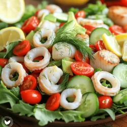 To make this seafood delight salad, you need fresh and tasty ingredients. Here are the must-haves: - 200g shrimp, peeled and deveined - 200g calamari rings - 100g scallops - 1 small red bell pepper, diced - 1 small cucumber, diced - 1 ripe avocado, diced - 1 cup cherry tomatoes, halved - 2 tablespoons olive oil - 1 tablespoon lemon juice - 1 tablespoon fresh dill, chopped - Salt and pepper to taste - Mixed salad greens for serving Using fresh seafood gives the best flavor. You can find these at your local market. You can make this salad your own by adding different ingredients. Here are some ideas: - Fresh herbs like parsley or basil - A pinch of chili flakes for heat - A handful of olives for a salty touch - Nuts like almonds or walnuts for crunch - Feta cheese for a creamy finish Feel free to mix and match these options to suit your taste. Fresh seafood is not just delicious; it’s also good for you. Here are some health benefits: - Rich in omega-3 fatty acids, which support heart health - High in protein, helping to build and repair muscles - Low in calories, making it a great choice for weight management - Packed with vitamins and minerals, like vitamin B12 and selenium By choosing fresh seafood for your salad, you boost its nutritional value. Eating well never tasted so good! For the full recipe, check out Seafood Delight Salad. To make a great seafood salad, start with fresh seafood. Boil some water and add salt. Toss in the shrimp first. Cook them for about 2-3 minutes. Watch them turn pink; that’s your cue to remove them. Next, add the calamari rings. Cook those for 1-2 minutes until tender. Finally, add the scallops. Cook them for 4-5 minutes until they look opaque. Drain the seafood and let it cool before using. This keeps the flavors bright and fresh. In a large bowl, prepare your vegetables. Grab your diced red bell pepper, cucumber, avocado, and halved cherry tomatoes. Add them to the bowl. Mix them gently. Be careful not to mash the avocado. The goal is to keep the pieces intact for a great texture. This mix adds color and crunch to your salad. Once your seafood has cooled, it’s time to combine everything. Add the shrimp, calamari, and scallops to the bowl with the vegetables. This blend of flavors is key. Stir everything gently. Make sure all the ingredients are well mixed but not crushed. Each bite should have a bit of everything. This balance makes the salad exciting and tasty. To dress the salad, drizzle olive oil and lemon juice over the mix. These simple ingredients bring out the best flavors. Sprinkle fresh dill, salt, and pepper for extra taste. Toss everything gently again, ensuring the dressing coats all ingredients evenly. This gives your seafood salad a fresh and zesty kick. Serve it on mixed salad greens for a beautiful presentation. For the full recipe, check out the instructions above. When choosing seafood, look for clear eyes and bright skin. Fresh shrimp should smell like the sea, not fishy. Calamari should feel firm and springy. Scallops should be plump and glossy. If you can, buy seafood from a trusted source. Local markets often have the freshest options. Cooking times vary for each type of seafood. Here are some quick tips: - Shrimp: Cook for 2-3 minutes until pink. - Calamari: Cook for 1-2 minutes until tender. - Scallops: Cook for 4-5 minutes until opaque. Overcooking can make seafood tough, so watch closely. To boost flavor, serve your salad with fresh herbs. Dill and parsley add brightness. A squeeze of lemon juice enhances the taste too. Serve your salad on a bed of mixed greens for a nice contrast. For a crunchy addition, try adding toasted nuts or seeds. These tips will make your seafood salad truly shine. {{image_2}} You can change the shrimp salad in many ways. Try adding fresh herbs like basil or cilantro. These add a bright flavor. You can also mix in some diced mango for a sweet twist. For a crunch, add chopped nuts like almonds or walnuts. If you want more spice, add a dash of hot sauce or chili flakes. These small changes can make your salad unique. If you love crab, use it instead of shrimp. Simply replace the shrimp with an equal amount of crab meat. The flavor will be sweet and rich. You can also add a bit of Old Bay seasoning to bring out the crab's taste. This simple change makes a delicious crab salad that everyone will enjoy. Feel free to explore other seafood options. You can use cooked lobster or even smoked salmon. Both will add different tastes and textures. If you prefer a vegetarian option, try marinated artichokes or hearts of palm. These alternatives keep the dish exciting and cater to different diets. Always aim to use fresh seafood for the best results. To keep your seafood salad fresh, store it in an airtight container. This helps keep moisture in and air out. Place the container in the fridge right away. Avoid leaving it out for too long. If you plan to eat it later, try to separate the greens from the seafood mixture. This keeps the greens crisp and fresh. Seafood salad is best served cold, so reheating is not usually needed. If you must warm it, do so gently. Use a microwave on low power, or warm it in a pan over low heat. Stir often to avoid cooking the seafood further. Remember that overcooking will make the seafood rubbery. When stored properly, seafood salad lasts about 2-3 days in the fridge. Check for any off smells or changes in texture before eating. If the seafood looks or smells funny, it's best to throw it away. Always trust your senses when it comes to food safety. For the full recipe, check the Seafood Delight Salad section above. You can use chicken, tofu, or chickpeas. These options add protein and texture. They work well with the same veggies and dressing. You can also try smoked salmon for a different flavor. Each substitute brings its own unique taste. Yes, seafood salad is very healthy. It is high in protein and low in carbs. Seafood provides omega-3 fatty acids, which are good for your heart. Fresh veggies add vitamins and minerals. Use healthy fats like olive oil to boost nutrition even more. To add flavor, use fresh herbs like dill or cilantro. A splash of hot sauce can bring heat. Try adding citrus zest or minced garlic for depth. Marinating the seafood in lemon juice before mixing helps too. Experiment with spices until you find your favorite mix. Yes, you can prepare seafood salad ahead of time. Make it a few hours before serving for the best flavor. Just keep it chilled in the fridge. Avoid adding avocado until you are ready to serve. This keeps it fresh and prevents browning. For the full recipe, check out Seafood Delight Salad. In this blog post, we explored how to make a delicious seafood delight salad. We covered essential and optional ingredients and the health perks of using fresh seafood. You learned step-by-step instructions for preparing and mixing the salad. We shared tips on selecting fresh seafood and serving suggestions. Plus, we offered variations like shrimp or crab salad and storage tips for leftovers. Remember: enjoying this salad is easy and fun. Make it your own and savor the fresh flavors. Your seafood salad adventure awaits!