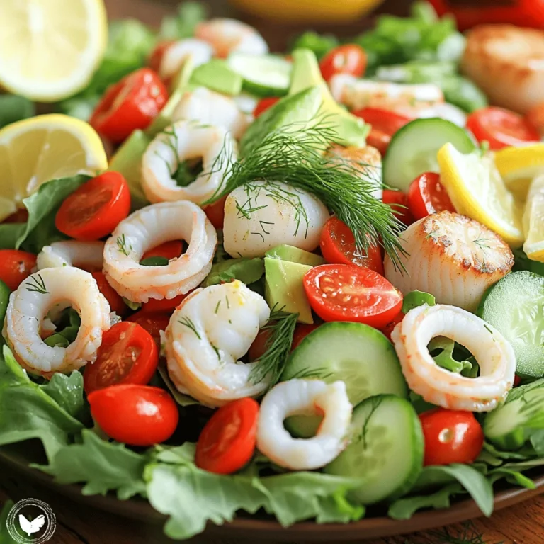 To make this seafood delight salad, you need fresh and tasty ingredients. Here are the must-haves: - 200g shrimp, peeled and deveined - 200g calamari rings - 100g scallops - 1 small red bell pepper, diced - 1 small cucumber, diced - 1 ripe avocado, diced - 1 cup cherry tomatoes, halved - 2 tablespoons olive oil - 1 tablespoon lemon juice - 1 tablespoon fresh dill, chopped - Salt and pepper to taste - Mixed salad greens for serving Using fresh seafood gives the best flavor. You can find these at your local market. You can make this salad your own by adding different ingredients. Here are some ideas: - Fresh herbs like parsley or basil - A pinch of chili flakes for heat - A handful of olives for a salty touch - Nuts like almonds or walnuts for crunch - Feta cheese for a creamy finish Feel free to mix and match these options to suit your taste. Fresh seafood is not just delicious; it’s also good for you. Here are some health benefits: - Rich in omega-3 fatty acids, which support heart health - High in protein, helping to build and repair muscles - Low in calories, making it a great choice for weight management - Packed with vitamins and minerals, like vitamin B12 and selenium By choosing fresh seafood for your salad, you boost its nutritional value. Eating well never tasted so good! For the full recipe, check out Seafood Delight Salad. To make a great seafood salad, start with fresh seafood. Boil some water and add salt. Toss in the shrimp first. Cook them for about 2-3 minutes. Watch them turn pink; that’s your cue to remove them. Next, add the calamari rings. Cook those for 1-2 minutes until tender. Finally, add the scallops. Cook them for 4-5 minutes until they look opaque. Drain the seafood and let it cool before using. This keeps the flavors bright and fresh. In a large bowl, prepare your vegetables. Grab your diced red bell pepper, cucumber, avocado, and halved cherry tomatoes. Add them to the bowl. Mix them gently. Be careful not to mash the avocado. The goal is to keep the pieces intact for a great texture. This mix adds color and crunch to your salad. Once your seafood has cooled, it’s time to combine everything. Add the shrimp, calamari, and scallops to the bowl with the vegetables. This blend of flavors is key. Stir everything gently. Make sure all the ingredients are well mixed but not crushed. Each bite should have a bit of everything. This balance makes the salad exciting and tasty. To dress the salad, drizzle olive oil and lemon juice over the mix. These simple ingredients bring out the best flavors. Sprinkle fresh dill, salt, and pepper for extra taste. Toss everything gently again, ensuring the dressing coats all ingredients evenly. This gives your seafood salad a fresh and zesty kick. Serve it on mixed salad greens for a beautiful presentation. For the full recipe, check out the instructions above. When choosing seafood, look for clear eyes and bright skin. Fresh shrimp should smell like the sea, not fishy. Calamari should feel firm and springy. Scallops should be plump and glossy. If you can, buy seafood from a trusted source. Local markets often have the freshest options. Cooking times vary for each type of seafood. Here are some quick tips: - Shrimp: Cook for 2-3 minutes until pink. - Calamari: Cook for 1-2 minutes until tender. - Scallops: Cook for 4-5 minutes until opaque. Overcooking can make seafood tough, so watch closely. To boost flavor, serve your salad with fresh herbs. Dill and parsley add brightness. A squeeze of lemon juice enhances the taste too. Serve your salad on a bed of mixed greens for a nice contrast. For a crunchy addition, try adding toasted nuts or seeds. These tips will make your seafood salad truly shine. {{image_2}} You can change the shrimp salad in many ways. Try adding fresh herbs like basil or cilantro. These add a bright flavor. You can also mix in some diced mango for a sweet twist. For a crunch, add chopped nuts like almonds or walnuts. If you want more spice, add a dash of hot sauce or chili flakes. These small changes can make your salad unique. If you love crab, use it instead of shrimp. Simply replace the shrimp with an equal amount of crab meat. The flavor will be sweet and rich. You can also add a bit of Old Bay seasoning to bring out the crab's taste. This simple change makes a delicious crab salad that everyone will enjoy. Feel free to explore other seafood options. You can use cooked lobster or even smoked salmon. Both will add different tastes and textures. If you prefer a vegetarian option, try marinated artichokes or hearts of palm. These alternatives keep the dish exciting and cater to different diets. Always aim to use fresh seafood for the best results. To keep your seafood salad fresh, store it in an airtight container. This helps keep moisture in and air out. Place the container in the fridge right away. Avoid leaving it out for too long. If you plan to eat it later, try to separate the greens from the seafood mixture. This keeps the greens crisp and fresh. Seafood salad is best served cold, so reheating is not usually needed. If you must warm it, do so gently. Use a microwave on low power, or warm it in a pan over low heat. Stir often to avoid cooking the seafood further. Remember that overcooking will make the seafood rubbery. When stored properly, seafood salad lasts about 2-3 days in the fridge. Check for any off smells or changes in texture before eating. If the seafood looks or smells funny, it's best to throw it away. Always trust your senses when it comes to food safety. For the full recipe, check the Seafood Delight Salad section above. You can use chicken, tofu, or chickpeas. These options add protein and texture. They work well with the same veggies and dressing. You can also try smoked salmon for a different flavor. Each substitute brings its own unique taste. Yes, seafood salad is very healthy. It is high in protein and low in carbs. Seafood provides omega-3 fatty acids, which are good for your heart. Fresh veggies add vitamins and minerals. Use healthy fats like olive oil to boost nutrition even more. To add flavor, use fresh herbs like dill or cilantro. A splash of hot sauce can bring heat. Try adding citrus zest or minced garlic for depth. Marinating the seafood in lemon juice before mixing helps too. Experiment with spices until you find your favorite mix. Yes, you can prepare seafood salad ahead of time. Make it a few hours before serving for the best flavor. Just keep it chilled in the fridge. Avoid adding avocado until you are ready to serve. This keeps it fresh and prevents browning. For the full recipe, check out Seafood Delight Salad. In this blog post, we explored how to make a delicious seafood delight salad. We covered essential and optional ingredients and the health perks of using fresh seafood. You learned step-by-step instructions for preparing and mixing the salad. We shared tips on selecting fresh seafood and serving suggestions. Plus, we offered variations like shrimp or crab salad and storage tips for leftovers. Remember: enjoying this salad is easy and fun. Make it your own and savor the fresh flavors. Your seafood salad adventure awaits!