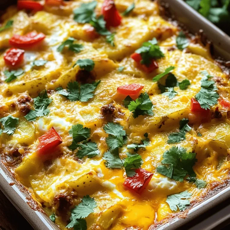 This dish starts with bold flavors. You need: - 1 pound chorizo sausage, casings removed - 4 medium potatoes, peeled and diced - 1 medium onion, chopped - 1 red bell pepper, diced - 4 large eggs - 1 cup milk - 1 cup shredded cheddar cheese - 1 teaspoon smoked paprika - 1 teaspoon garlic powder - Salt and pepper to taste - Fresh cilantro, chopped (for garnish) These ingredients create a hearty meal. The chorizo adds spice, while the potatoes provide comfort. Want to kick it up a notch? Consider these add-ins: - 1 cup black beans for extra protein - 1 jalapeño, diced for heat - 1 cup frozen corn for sweetness - ½ cup diced tomatoes for freshness Each option brings a new twist. Feel free to mix and match to suit your taste. Need to adjust for diets? Here are some easy swaps: - Use turkey or chicken chorizo for a leaner choice. - Swap regular milk for almond or oat milk for lactose-free. - Replace potatoes with sweet potatoes for a healthier twist. - Try vegan cheese to make it dairy-free. These substitutions help everyone enjoy this dish. You can still savor the rich flavors while meeting dietary needs. For the full recipe, check the earlier section. Start by gathering all your ingredients. You need: - 1 pound chorizo sausage, casings removed - 4 medium potatoes, peeled and diced - 1 medium onion, chopped - 1 red bell pepper, diced - 4 large eggs - 1 cup milk - 1 cup shredded cheddar cheese - 1 teaspoon smoked paprika - 1 teaspoon garlic powder - Salt and pepper to taste - Fresh cilantro, chopped (for garnish) Make sure to wash and chop all veggies. This step keeps your work area clean. Set everything aside for easy access while you cook. Heat a large skillet over medium heat. Add the chorizo and cook it for about 5-7 minutes. Break it apart with a spoon. The chorizo should be browned and crumbly. If there is too much fat, drain it. Next, add the diced potatoes and onion to the same pan. Cook them for around 10-12 minutes. Stir often until the potatoes start to get soft. After that, add the red bell pepper. Cook for another 5 minutes until all the veggies are tender. This blend of flavors will be the base of your casserole. Now it's time to put everything together. In a mixing bowl, whisk together the eggs and milk. Add smoked paprika, garlic powder, salt, and pepper. Mix until well combined. Grease a 9x13 inch baking dish. Layer the cooked chorizo over the potato mixture evenly. Pour the egg mixture over this layer. Make sure everything is well coated. Finally, sprinkle the shredded cheddar cheese on top. Bake in your preheated oven at 375°F for 25-30 minutes. The casserole is done when the eggs are set and the cheese looks bubbly and golden. Let it cool for a few minutes before slicing. This dish is great for breakfast or brunch. You can find the full recipe above to guide you through. To get the best texture in your casserole, cook the potatoes first. You want them tender but not mushy. Sauté them until they are just starting to brown. This adds flavor and keeps them firm. The chorizo should be cooked until it’s crispy. This gives a nice bite to each forkful. When mixing the eggs, whisk them well. This helps create a fluffy texture. Pour the egg mixture evenly over the layers. This ensures every bite has the right mix of flavors. Layering is key to a great casserole. Start with the cooked chorizo at the bottom. This helps keep the meat moist. Next, add the potato and vegetable mixture. Make sure they cover the chorizo well. It creates a nice barrier. When pouring the egg mix, do it slowly. This allows the eggs to seep down and mix with the layers. Top with cheese for a delicious, golden crust. Always remember to grease your baking dish. This makes serving easier. Serve your casserole warm for the best taste. Fresh cilantro adds a nice touch. For extra flavor, drizzle some hot sauce around the edges. Sliced avocados make a great side. They add creaminess that balances the spice. If you want more crunch, serve with tortilla chips. A simple green salad pairs well too. It adds freshness and balances the richness of the dish. For more ideas, check out the Full Recipe for extra tips and pairings. {{image_2}} You can easily make a vegetarian version of this dish. Instead of chorizo, use a plant-based sausage. Look for options that have bold flavors. You can also add mushrooms for a meaty texture. Bell peppers and onions will still give you that great taste. Just follow the same steps in the recipe, and you will have a delicious meal. If you're cutting carbs, swap out potatoes for cauliflower. Cauliflower rice works well and keeps it light. You can also use zucchini or sweet potatoes for a different flavor. These choices still give you a satisfying base for the casserole. Just be sure to adjust the cooking time based on what you use. Cheese adds a rich taste to the casserole. While cheddar is a classic choice, you can try other cheeses too. Monterey Jack gives a mild flavor with a nice melt. Feta cheese adds a tangy twist. You could even mix cheeses for a unique blend. Adding a sprinkle of Parmesan on top gives a nice crust. Each cheese brings its own character to this filling meal. For the full recipe, check out the main article. To keep your Chorizo & Potato Egg Casserole fresh, let it cool first. Once cooled, cut it into portions. Store these portions in airtight containers. Place them in the fridge. Your casserole will stay good for about 3-4 days. Label each container with the date to track freshness. If you want to save some for later, freezing is great! Wrap each piece in plastic wrap tightly. Then, place the wrapped pieces in a freezer-safe bag or container. They will stay fresh for up to 2-3 months. Remember to label the bags with the date. When you're ready to eat, just thaw it in the fridge overnight. For the best taste when reheating, preheat your oven to 350°F (175°C). Place the casserole in an oven-safe dish. Cover it with foil to keep it moist. Heat for about 20-25 minutes, or until it's hot all the way through. You can also reheat in the microwave, but the oven gives a better texture. Enjoy your meal with a sprinkle of fresh cilantro on top for added flavor! You can store your Chorizo & Potato Egg Casserole in the fridge for up to 3 days. Just keep it in an airtight container. This way, it stays fresh and safe to eat. When you want to enjoy it again, just reheat it in the oven or microwave. Yes, you can make this recipe ahead of time. You can prepare the casserole a day before and keep it in the fridge. Just bake it when you are ready to serve. This makes it perfect for busy mornings or special occasions. You can serve this casserole with a simple green salad or sliced avocado. A dollop of sour cream adds a nice touch. You might also enjoy some hot sauce on the side for extra flavor. Try pairing it with fresh fruit for a balanced meal. For the full experience, check out the Full Recipe. This blog post walks you through making a tasty Chorizo & Potato Egg Casserole. You learned about the main ingredients and some fun add-ins. I shared tips on prepping, cooking, and serving your dish. You also found ways to customize it for different diets and flavors. Remember, leftovers can be stored well and reheated easily. Enjoy making your casserole your way—it's a dish loaded with flavor and joy.