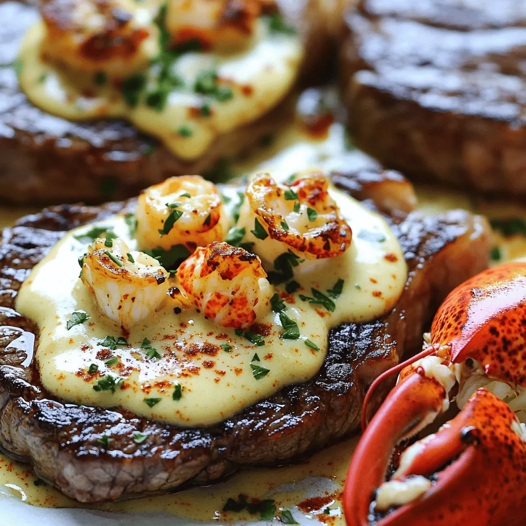 For your Surf and Turf steak, you'll need the following main ingredients: - 2 ribeye steaks (about 1 inch thick) - Salt and black pepper, to taste - 2 tablespoons olive oil - 1 lobster tail, cooked and meat chopped (reserve shell for presentation) - 1 tablespoon butter - 2 cloves garlic, minced - 1/2 cup heavy cream - 1/4 cup chicken broth - 1 tablespoon lemon juice - 1 teaspoon fresh parsley, chopped - 1/2 teaspoon paprika You can customize your dish with these optional ingredients: - Fresh herbs like thyme or rosemary for extra flavor - Different types of seafood, like shrimp or scallops - A splash of white wine for added depth in the sauce When selecting your seafood and meat, keep these quality tips in mind: - Choose ribeye steaks with good marbling for flavor and tenderness. - Look for lobster that is bright and has a firm shell. Fresh is best! - Make sure seafood has a clean, ocean-like smell. Avoid any strong fishy odors. Finding fresh ingredients will help your dish shine. For the full recipe, be sure to check out the complete guide. To make great steaks, start by taking them out of the fridge. Let them sit at room temperature for about 30 minutes. This helps them cook evenly. Season both sides well with salt and black pepper. A good seasoning brings out the flavor in the meat. Resting the steaks after cooking is important. It lets the juices settle back into the meat. If you cut too soon, those juices will spill out, leaving your steak dry. Let them rest for at least 5 minutes before slicing. For the best results, use a large skillet or grill. Heat the olive oil over medium-high heat. When the oil shimmers, add the steaks. Sear them for about 4-5 minutes on each side for medium-rare. Adjust the time if you want your steak cooked more or less. Use a meat thermometer to check doneness. Aim for 130°F for medium-rare, 140°F for medium, and 160°F for well done. This helps you avoid overcooking your steak. Now, let's create that creamy sauce. In the same skillet, add butter and minced garlic. Sauté for about one minute until the garlic smells good. Pour in the chicken broth and bring it to a simmer. Scrape any brown bits off the bottom of the skillet. These bits add flavor to your sauce. Next, stir in the heavy cream, lemon juice, and paprika. Keep the heat low and let it simmer for 3-4 minutes. This thickens the sauce. For a rich flavor, try to blend all ingredients well. Finally, add the chopped lobster meat to the sauce. Stir it in and let it warm for another 2 minutes. Taste it and add more salt or pepper if you think it needs it. With these steps, you can create the perfect surf and turf dish with creamy lobster sauce. For the full recipe, check the earlier section. For the best surf and turf steak experience, follow these tips: - Cook the steak using a skillet: This method gives a nice sear and flavor. - Use a meat thermometer: Aim for 130°F for medium-rare. - Let the steak rest: Resting helps keep the juices inside. Common mistakes to avoid include: - Not seasoning enough: Generously season with salt and pepper. - Cooking straight from the fridge: Let your steak sit at room temp for 30 minutes. - Skipping the resting step: Always rest your steak for at least 5 minutes. Pair your surf and turf with these sides: - Garlic mashed potatoes: Creamy and rich, they complement the dish. - Grilled asparagus: Adds a nice crunch and freshness. - Caesar salad: A light and crisp side that balances richness. For a restaurant-style presentation: - Slice the steak neatly: Arrange it in a fanned-out style. - Spoon the creamy lobster sauce over the steak: Let it drizzle down the sides. - Garnish with fresh parsley: This adds color and freshness. To boost your sauce's flavor, consider adding: - A splash of white wine: This adds depth and acidity. - Chopped shallots: They bring a sweet, mild onion flavor. - A pinch of cayenne pepper: This gives a subtle heat. For the full recipe, check the detailed instructions for making the creamy lobster sauce. {{image_2}} You can swap the lobster for other seafood. Shrimp is a great choice. It cooks quickly and adds a sweet, succulent taste. Scallops also work well and give a nice, tender bite. If you prefer fish, try using salmon. Its rich flavor pairs nicely with steak. Clams or mussels can also join the mix, adding a briny touch. Just remember to adjust cooking times based on what you choose. When it comes to steak, ribeye is rich and flavorful. However, you might like a filet mignon for its tenderness. New York strip is another great option, offering a nice balance of flavor and texture. For a leaner choice, try sirloin. Each cut has its own unique taste and texture. Choose what fits your preferences best for this dish. The creamy sauce can change based on your taste. For a twist, use crab meat instead of lobster. You can also add fresh herbs like basil or dill for extra flavor. If you want a tangy kick, mix in some Dijon mustard. For a lighter sauce, try using half-and-half instead of heavy cream. This lets you create a sauce that feels just right for your meal. Explore and make it your own! Store any leftover surf and turf in an airtight container. This keeps the dish fresh. You can refrigerate it for up to three days. If you want to keep it longer, freeze it. Wrap the steaks and sauce tightly in plastic wrap, then place them in a freezer bag. This helps prevent freezer burn. Use frozen leftovers within three months for the best taste. To reheat, avoid the microwave if you can. Microwaving can make the steak tough. Instead, use the oven. Preheat it to 350°F (175°C). Place the steak in an oven-safe dish. Add a splash of chicken broth to keep it moist. Cover with foil and heat for about 10-15 minutes. For the sauce, warm it gently in a small pan on low heat. Stir often and add a bit of cream if it thickens too much. This keeps the flavors fresh and the texture smooth. Remember, slow and low is the way to go for reheating! You can choose many sides to enjoy with Surf and Turf. Here are some popular options: - Garlic mashed potatoes - Grilled asparagus - Creamed spinach - Roasted Brussels sprouts - Buttered corn on the cob These sides add flavor and color to your plate. Yes, you can prepare some parts of this dish ahead of time. Here are some tips: - Season the steaks and keep them in the fridge for a few hours. - Cook the lobster and make the sauce a day before. Just reheat before serving. - Store the sauce in an airtight container in the fridge. To check if your steak is cooked to your liking, you can use these methods: - Use a meat thermometer. Medium-rare should be 130°F (54°C). - Press the steak with your finger. A soft feel means it's rare, while firm means well-done. - Cut into the steak and look at the color inside. You can use frozen lobster, but there are pros and cons. Pros: - Frozen lobster is often cheaper and lasts longer. - It is available year-round. Cons: - Frozen lobster may not taste as fresh as live lobster. - The texture can be less tender. If you opt for frozen, thaw it properly for best results. For the full recipe, check out the details above. In this post, we explored the key ingredients for Surf and Turf, and how to prepare it perfectly. We discussed cooking tips, sauce techniques, and serving ideas that impress. You now know about storage and reheating. Remember, quality seafood and meat make a big difference. Explore different variations to suit your taste. Enjoy trying new flavors and impressing friends with your cooking skills!