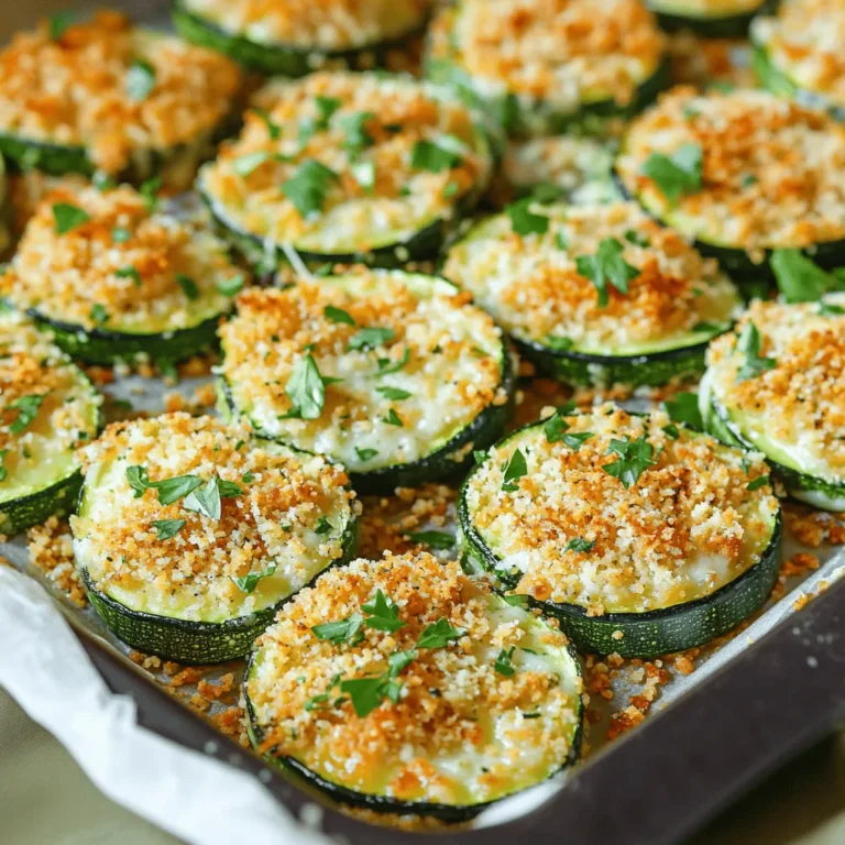 - 3 medium zucchinis - 1 cup grated Parmesan cheese - 1 cup breadcrumbs - 2 tablespoons olive oil - 2 teaspoons garlic powder - 1 teaspoon Italian seasoning - Salt and pepper to taste - Fresh parsley, finely chopped Baked Parmesan Zucchini uses simple and fresh ingredients. The star of this dish is the zucchini. Choose firm zucchinis for the best results. They should feel heavy and have smooth skin. Next, we need the cheese. Grated Parmesan adds a strong and savory flavor. It pairs well with the zucchini. The breadcrumbs create a crispy coating. They provide texture and crunch. Use whole wheat for a healthier option. For seasonings, we have olive oil, garlic powder, and Italian seasoning. Olive oil helps the coating stick. Garlic powder brings rich flavor without overpowering. Italian seasoning adds herbs that complement the dish. Salt and pepper are essential. They enhance all the flavors. Finally, fresh parsley adds color and a fresh taste. It makes the dish look pretty too. This mix of ingredients creates a delicious snack. It is easy to make and fun to eat. You can find the Full Recipe for more details on how to prepare this tasty dish. 1. Preheat your oven to 400°F (200°C). This helps the zucchini cook evenly. 2. Line a large baking sheet with parchment paper. This makes cleanup easy. 3. In a large bowl, mix together grated Parmesan cheese, breadcrumbs, garlic powder, Italian seasoning, salt, and pepper. Stir well to blend the flavors. 1. Take your sliced zucchinis and drizzle them with olive oil. Toss them gently so they are well coated. 2. Now, dip each zucchini slice into the cheese mixture. Press lightly to make sure the mix sticks. 1. Place the coated zucchini slices on the prepared baking sheet in a single layer. 2. Bake in your preheated oven for 20-25 minutes. You want them tender with golden brown tops. 3. Once done, let them cool for a couple of minutes, then transfer to a serving platter. Enjoy this crispy and flavorful snack! For the complete recipe, check out the [Full Recipe]. To make your Baked Parmesan Zucchini crispy, use breadcrumbs. They create a nice crust. I prefer whole wheat breadcrumbs for extra texture and flavor. The right oven temperature is key too. Set your oven to 400°F (200°C). This heat cooks the zucchini and crisps the topping. Adjust seasonings to suit your taste. If you love garlic, add more garlic powder. You might also try adding cayenne pepper for a kick. Fresh herbs can make a big difference. Basil, oregano, or thyme can enhance the dish. Experiment with what you enjoy most! Baked Parmesan Zucchini pairs well with dips. Try marinara or a yogurt-based dip. They add a nice contrast to the zucchini's flavor. As for side dishes, serve them alongside grilled chicken or a fresh salad. This makes for a balanced meal that everyone will enjoy. {{image_2}} You can switch up the cheese to make this dish more fun. Try using mozzarella for a stretchy texture. Feta cheese adds a nice tang. To spice things up, mix in red pepper flakes or cayenne. These add heat without changing the dish's base flavor. If you're looking for gluten-free options, use almond flour instead of breadcrumbs. This keeps the crunch while being more nutritious. For a low-calorie twist, cut back on cheese or use less oil. You can still enjoy the taste without the extra calories. Take advantage of seasonal veggies to enhance your dish. Try adding sliced bell peppers or cherry tomatoes. These will give new flavors and colors. Adjust your spices based on what’s fresh. For summer, consider adding fresh basil or dill. In winter, use thyme or rosemary for a cozy touch. For the complete recipe, check out Baked Parmesan Zucchini Delight. To keep baked Parmesan zucchini fresh, store it in an airtight container. Place it in the fridge. It stays good for about 3 to 4 days. If you want the best taste, eat it sooner. When reheating, the oven is your best friend. Set it to 350°F (175°C) and bake for about 10 minutes. This keeps the zucchini crispy. Avoid the microwave if possible. It can make your snack soggy. You can freeze baked zucchini, but follow some steps. First, let it cool completely. Then, place the pieces in a single layer on a baking sheet. Freeze for about 1 hour. After that, transfer them to a freezer bag. They last up to 3 months. To cook frozen zucchini, thaw it in the fridge overnight. Then, reheat it in the oven for best results. Enjoy your tasty snack anytime! Yes, you can use frozen zucchini. First, thaw the zucchini completely. You should place it in the fridge overnight or run it under cold water. Once thawed, squeeze out excess water. Too much moisture can make the zucchini soggy. Then, follow the same steps as in the Full Recipe. This will help the flavors mix well when you coat the zucchini. If you need a different cheese, try nutritional yeast. It gives a cheesy flavor and is vegan. You can also use cashew cheese or almond cheese. These options are great for non-dairy diets. You can even use a mix of other hard cheeses if you want a different taste. Look for a golden brown top and crisp edges. The zucchini should feel tender when pierced with a fork. If you see a nice crust, it’s ready to eat! Baking for 20-25 minutes usually works well. But, keep an eye on it to avoid burning. You’ve learned how to make baked zucchini with simple steps. We covered ingredients, seasoning, and baking tips. Storing and reheating your leftovers was also discussed. Remember, you can adjust flavors and play with variations. Feel free to get creative with this dish! Enjoy your healthy snack with different dips or sides. This recipe offers so much room for fun and flavor. Dive into the joy of cooking and make it your own!