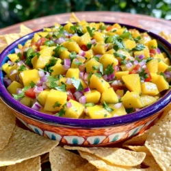 - 2 ripe mangoes, diced - 1 red bell pepper, finely chopped - 1 small red onion, finely chopped - 1 jalapeño, deseeded and minced - 1/4 cup fresh cilantro, chopped - Juice of 2 limes - Salt to taste For a tasty mango salsa, fresh ingredients are key. Choose ripe mangoes that feel slightly soft when you squeeze them. They should have a sweet aroma. The red bell pepper adds a nice crunch and sweetness. A small red onion gives sharpness and a pop of color. The jalapeño adds heat, but you can adjust it based on your taste. Fresh cilantro brings brightness, and lime juice adds tang. A pinch of salt enhances all the flavors. - Choose from corn or flour tortilla chips - Consider homemade or store-bought options When it comes to tortilla chips, you have choices. Corn tortilla chips are classic and crunchy. Flour tortilla chips are softer but still good. You can make homemade chips by baking or frying tortilla pieces until crispy. For convenience, store-bought chips work well too. Just make sure they are fresh and crunchy for the best dip experience. Enjoy pairing them with the mango salsa for a fun snack! Start by dicing the mangoes. Choose ripe mangoes for the best flavor. Cut the mangoes in half, remove the pit, and slice them into small cubes. If you need help, use a spoon to scoop the flesh out. Next, chop the red bell pepper and red onion finely. Aim for small pieces to mix well in the salsa. Finally, mince the jalapeño. If you want less heat, remove the seeds before mincing. Remember to wear gloves while handling the jalapeño to avoid irritation. Now it's time to mix everything in a bowl. Combine the diced mangoes, chopped bell pepper, red onion, and minced jalapeño. Add the chopped cilantro for a fresh taste. Squeeze the juice of two limes over the mixture. The lime juice adds brightness to the salsa. Gently toss the ingredients together using a spoon. Be careful not to mash the mangoes. Finally, season with salt to taste. You can adjust the lime juice to suit your preference for tartness. Let the salsa rest for at least 15 minutes. This waiting time helps the flavors meld together. For the best presentation, serve the salsa in a colorful bowl. Place it on a platter with crispy tortilla chips around it. You can also serve individual bowls for a fun touch. Enjoy your tasty mango salsa with the tortilla chips for a perfect snack or appetizer. For the full recipe, check out the Tropical Mango Fiesta Salsa section. To make great mango salsa, you need good mangoes. Look for mangoes that feel slightly soft when you press them. They should have a sweet smell, too. A ripe mango has a bright color, often yellow or orange. To peel a mango, use a knife to slice off the skin. Then, cut the fruit away from the pit. Chop the mango into small pieces for your salsa. You can make your salsa even tastier! Try adding minced garlic for a zesty touch. Diced avocado adds creaminess and goes well with mango. If you like heat, add more jalapeño or even some chili powder. Start small and taste as you go. This way, you can find the right balance for your taste. How you serve the salsa can make a big difference! You can use colorful bowls to make it look fun. Try serving it on a large platter with tortilla chips around the edge. This invites everyone to dig in! You can also pair the salsa with grilled fish or tacos for a tasty meal. The fresh flavors of the mango salsa will brighten up any dish. For the complete recipe, check out the Full Recipe. {{image_2}} You can make mango salsa even better by adding tropical fruits. Pineapple or kiwi give it a sweet twist. Just chop them up and mix them in. They add a nice zing to the flavor. Another great idea is to add black beans. They boost protein and fiber. Just rinse and drain a can of black beans. Fold them into your salsa for a hearty touch. You can change the flavor of your salsa to fit your mood. Want it spicy? Add more jalapeño or a dash of hot sauce. For a smoky taste, try smoked paprika. It adds depth and warmth. You can also switch up the herbs. Instead of cilantro, try mint or parsley. These herbs give a fresh taste. Play around with these options to find what you love. If you need gluten-free options, look for gluten-free tortilla chips. Many brands offer these now, so you can enjoy without worries. For vegan serving suggestions, pair your salsa with veggies. Carrot sticks or cucumber slices work great. They are crunchy and healthy. For the full recipe, check out the Tropical Mango Fiesta Salsa section above. Enjoy experimenting with these fun variations! To keep leftover mango salsa fresh, store it in an airtight container. This helps to lock in flavors and prevent spoilage. Place the container in the fridge. Your salsa will stay good for about 3 to 5 days. If you see any discoloration or smell something off, it's best to toss it. If you want to save some salsa for later, you can freeze it. Use a freezer-safe bag or container, leaving some space for expansion. This salsa can last up to 3 months in the freezer. When you're ready to eat it, take it out and thaw it in the fridge overnight. Avoid using a microwave for thawing, as it can change the texture. Mango salsa lasts about 3 to 5 days in the fridge. Keep it in an airtight container. Check for signs of spoilage, like a bad smell or change in color. If it looks off, don’t eat it. Yes, you can make mango salsa a few hours ahead. This time lets the flavors mix well. Just store it in the fridge until you’re ready to serve. To keep it fresh, add lime juice right before serving. Mango salsa is healthy and tasty. It has vitamins A and C, which are great for your skin and eyes. The fresh ingredients add fiber, too. This salsa can be a refreshing way to enjoy fruits and veggies. Plus, pairing it with tortilla chips makes for a fun snack! For the Full Recipe, check out the instructions above. In this blog post, we explored how to make delicious mango salsa. We covered key ingredients like ripe mangoes, fresh veggies, and lime juice. You learned how to prepare, mix, and serve the salsa with tortilla chips. We shared tips for selecting the best ingredients and offered fun variations to try. Finally, you found out how to store leftovers safely. Mango salsa is a fresh and tasty dish. It adds color and flavor to any meal. Enjoy making it your way!