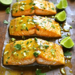 - Salmon fillets - Unsalted butter - Honey - Fresh lime juice - Minced garlic - Lime zest - Salt and black pepper - Fresh parsley - Lime wedges To make honey-lime garlic butter baked salmon, gather these simple ingredients. Use fresh salmon fillets for the best taste. Unsalted butter gives you control over the salt. Honey adds a sweet touch, while fresh lime juice provides tanginess. Minced garlic brings in a savory flavor, and lime zest enhances the citrus notes. Salt and black pepper are key for seasoning. Finally, fresh parsley adds a pop of color and flavor, and lime wedges serve as a refreshing side. - Butter alternatives: Try olive oil or coconut oil. - Honey alternatives: Maple syrup or agave syrup work well. - Low-sodium seasoning options: Use herbs or lemon juice for flavor without salt. If you need to swap an ingredient, it’s easy. Olive oil is a great choice if you want a dairy-free option. Maple syrup can replace honey if you prefer a different sweetness. For low-sodium seasoning, fresh herbs like dill or basil can add great taste. - Baking dish - Mixing bowl - Measuring cups and spoons - Whisk or fork Having the right tools makes cooking easy. A baking dish helps cook the salmon evenly. A mixing bowl is essential for combining your sauce. Use measuring cups and spoons for accuracy. A whisk or fork will help mix the ingredients smoothly. With these tools, you're ready to create a delicious meal. For the full recipe, check out the instructions above. 1. Preheat the oven to 375°F (190°C). This step ensures even cooking. 2. In a small mixing bowl, combine the melted butter, honey, lime juice, minced garlic, and lime zest. Mix well until fully blended. This creates a rich sauce. 1. Season the salmon fillets with salt and black pepper on both sides. This enhances the flavor. 2. Place the salmon fillets in a baking dish lined with parchment paper or lightly greased with cooking spray. This prevents sticking. 3. Pour the honey-lime garlic butter mixture evenly over the salmon fillets, making sure they are well coated. This step adds flavor and moisture. 4. Bake in the preheated oven for 15-20 minutes, or until the salmon flakes easily with a fork. Cooking time may vary depending on the thickness of the fillets. Keep an eye on it to avoid overcooking. 1. Once done, remove the salmon from the oven and let it rest for a couple of minutes before serving. This allows the juices to redistribute. 2. Garnish with fresh chopped parsley and serve with lime wedges on the side for a fresh burst of flavor. For the full recipe, check the details above. To get that perfect flakiness, you want to watch the time closely. Salmon cooks fast, so keep an eye on it. For thicker fillets, add a few extra minutes. A good rule is 15 to 20 minutes at 375°F. Always use a fork to check for flakiness to know it’s ready. Garnishing makes your dish pop! I like to use fresh parsley for a splash of color. Lime wedges on the side add brightness and flavor. Serve with a green salad or some rice. This brings balance to the meal and makes it look great. Want some heat? Add red pepper flakes to the honey-lime sauce for a kick. Fresh herbs like cilantro or dill can change the flavor too. They add freshness and make each bite unique. Experiment and find what you love! {{image_2}} You can change the taste of your honey-lime garlic butter baked salmon. Try using different citrus fruits. Orange or grapefruit juice can add a nice twist. These fruits bring a unique zing. If you want more sweetness, use maple syrup or agave. These options can enhance the flavor without overpowering it. You have choices when it comes to cooking. Baking is easy and keeps the salmon moist. Grilling adds a smoky flavor, which many people love. You can also try skillet cooking. This method gives a nice sear and keeps the fish tender. Each method has its own charm, so choose what you enjoy best. Don't hesitate to add vegetables to your dish. You can make it a one-pan meal. Think about using asparagus, bell peppers, or zucchini. They cook well with salmon and add color. Also, feel free to switch up the fish. Other fish like trout or tilapia can work great too. Each type will bring a different taste to your meal. Try these variations to keep your meals exciting. For the full recipe, check out the link! To keep your honey-lime garlic butter baked salmon fresh, you should refrigerate it. Place the salmon in an airtight container. This helps maintain flavor and moisture. You can store it in the fridge for up to three days. If you have extra sauce, keep it in a separate container. This will add flavor when you reheat the salmon. You can reheat your salmon in the microwave or the oven. If you choose the microwave, use a microwave-safe dish. Heat it in short bursts of 30 seconds to avoid overcooking. For the oven, preheat it to 350°F (175°C). Place the salmon on a baking sheet and cover it with foil. This keeps it moist and helps it heat evenly. Tips for maintaining texture: Always check the salmon after reheating. It should be warm, not dry. A few drops of lime juice can add freshness back to the fish. You can freeze cooked salmon for up to three months. Make sure it cools to room temperature first. Wrap each piece tightly in plastic wrap, then place it in a freezer bag. This prevents freezer burn. Thawing guidance for optimal results: To thaw, place the salmon in the fridge overnight. This method keeps the texture nice. You can also use a cold water bath if you're in a hurry. Just make sure to cook it right after thawing. You should bake salmon at 375°F for 15-20 minutes. The time may change based on how thick your fillets are. Always keep an eye on your salmon as it cooks. It should flake easily with a fork when done. Yes, you can use frozen salmon fillets. Just be sure to thaw them first. Place them in the fridge overnight or run them under cold water. This helps cook them evenly and gives you the best flavor. Some great sides include: - Steamed broccoli - Garlic mashed potatoes - Quinoa salad - Roasted asparagus These sides add color and flavor, making your meal more complete. Check for doneness by using a fork. When your salmon flakes easily, it’s ready. You can also use a meat thermometer. The internal temperature should reach 145°F for safe eating. Yes, this recipe is great for meal prep. You can store leftovers in airtight containers. Keep them in the fridge for 3-4 days. This way, you can enjoy tasty salmon all week long. For the full recipe, check above. This guide helps you create tasty honey-lime garlic butter salmon. You learned about ingredients, tools, and easy steps. You now have tips to enhance flavor and store leftovers. Salmon is a versatile dish that suits many tastes and diets. Whether you grill, bake, or try new flavors, you can make this meal shine. Enjoy the process and the final dish. Your kitchen adventure begins now!