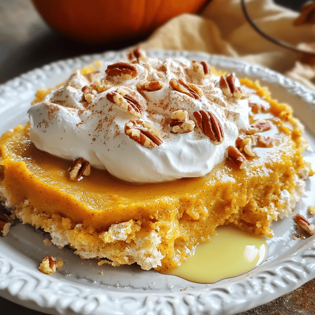 To make a tasty Pumpkin Pie Dump Cake, you need these simple ingredients: - 1 can (15 oz) pumpkin puree - 1 can (12 oz) evaporated milk - 1 cup granulated sugar - 3 large eggs - 1 teaspoon vanilla extract - 2 teaspoons pumpkin pie spice - 1 box (15.25 oz) yellow cake mix - 1/2 cup unsalted butter, melted - 1 cup chopped pecans (optional) - Whipped cream, for serving (optional) This recipe blends sweet pumpkin with rich spices. The yellow cake mix adds a nice texture. You can play with the toppings. I often add whipped cream and pecans for extra flavor. The pumpkin puree brings moisture. Evaporated milk makes it creamy. Vanilla and spices give it warmth. Gather these ingredients, and you are ready to bake! Check out the Full Recipe for all the details on how to create this delightful dessert. 1. First, preheat your oven to 350°F (175°C). 2. Grease a 9x13 inch baking dish with cooking spray or butter. 3. In a large mixing bowl, combine the wet ingredients. 4. Whisk together the pumpkin puree, evaporated milk, granulated sugar, eggs, vanilla extract, and pumpkin pie spice. 5. Mix until the mixture is smooth and well combined. 1. Pour the pumpkin mixture into the prepared baking dish. 2. Spread it evenly across the bottom of the dish. 3. Take the box of yellow cake mix and sprinkle it evenly over the pumpkin layer. 4. Make sure to cover the pumpkin completely without mixing. 5. Drizzle the melted butter over the cake mix. 6. If you like, sprinkle chopped pecans over the buttered cake mix. 1. Place the dish in the preheated oven and bake for 50-60 minutes. 2. Check for doneness by inserting a toothpick in the center. 3. The toothpick should come out clean when it's done. 4. The top will look golden brown, but it might be a bit tousled. 5. Once baked, remove from the oven and let it cool for about 10-15 minutes before serving. This method creates a simple and tasty dessert. For the full recipe, check out the details above! To ensure even baking, I recommend spreading the pumpkin mixture evenly in the dish. Use a spatula to smooth it out. This helps the cake cook uniformly. Keep an eye on the baking time. Ovens can vary, so check your cake a bit early. For the perfect texture, let the cake cool for 10-15 minutes after baking. This helps the layers set and makes it easier to slice. If you want a more moist cake, add an extra egg or a splash of milk to the pumpkin mixture. Get creative when serving your Pumpkin Pie Dump Cake. You can cut it into squares and serve it warm with a scoop of ice cream. This adds a nice contrast to the warm cake. For a beautiful presentation, top each slice with whipped cream. A sprinkle of pumpkin pie spice or some chopped pecans also makes it look fancy. You can even drizzle caramel sauce over the top for a sweet touch. Try these ideas to make your dessert not just tasty but also fun to eat! {{image_2}} You can make this cake your own by changing the flavors. Adding different spices gives new tastes. For example, try a pinch of nutmeg or some ground ginger. You can also add a splash of almond extract for a sweet twist. If you love chocolate, consider a chocolate pumpkin dump cake. Just mix in some chocolate chips with the pumpkin mixture. You can use dark chocolate for a richer flavor. It creates a fun blend of chocolate and pumpkin. This fun twist makes it a dessert everyone will love. If you need a gluten-free option, use a gluten-free cake mix. Many brands offer great choices that taste just as good. Just check the label to ensure it meets your needs. For a dairy-free option, swap the evaporated milk for almond or coconut milk. You can also use dairy-free butter instead of regular butter. These swaps keep the taste rich and creamy without dairy. Enjoy a delicious dessert that fits your diet! For the full recipe, check out the complete guide to Pumpkin Spice Dream Dump Cake. To keep your Pumpkin Pie Dump Cake fresh, store it in the fridge. Use an airtight container or cover it tightly with plastic wrap. This way, it will stay moist and tasty for up to four days. If you want to save some for later, you can freeze it! Cut the cake into portions and wrap them in plastic wrap. Place the wrapped pieces into a freezer bag, squeezing out all the air. This method prevents freezer burn. You can freeze the cake for up to three months. Warming up your leftovers is easy. Preheat your oven to 350°F (175°C). Place the cake in an oven-safe dish. Cover it with foil to keep it from drying out. Heat it for about 15-20 minutes, or until it’s warm throughout. If you prefer, you can also use the microwave. Just heat a slice for about 30 seconds. Check to see if it’s warm enough. If not, heat for another 10 seconds. Enjoy your cake warm, and consider adding whipped cream on top for extra delight! Yes, you can make this recipe ahead of time. You can prepare the pumpkin mixture and layer it with the cake mix. Cover it tightly and store it in the fridge for up to one day. When ready to bake, just add the melted butter on top and pop it in the oven. This makes it easy for busy days. If you don’t have pumpkin puree, you can use mashed sweet potatoes or butternut squash. Both options work well and give a similar flavor. Make sure to use the same amount as the recipe calls for. You can also use canned pie filling, but check if it has added spices. Pumpkin Pie Dump Cake lasts about 3 to 5 days in the fridge. Store it in an airtight container to keep it fresh. If you want to enjoy it longer, you can freeze it. Just make sure to wrap it well. Yes, you can make this recipe dairy-free! Use coconut milk or almond milk instead of evaporated milk. For the butter, substitute it with coconut oil or a dairy-free spread. These swaps will keep the cake delicious and creamy. This blog post covered how to make a tasty Pumpkin Pie Dump Cake. We explored key ingredients like pumpkin puree and cake mix. I shared easy step-by-step instructions for baking and tips for a perfect texture. You also learned about fun variations and how to store leftovers. Now, enjoy this warm dessert at home. Feel free to get creative with toppings and flavors. Your family will love it! Happy baking!