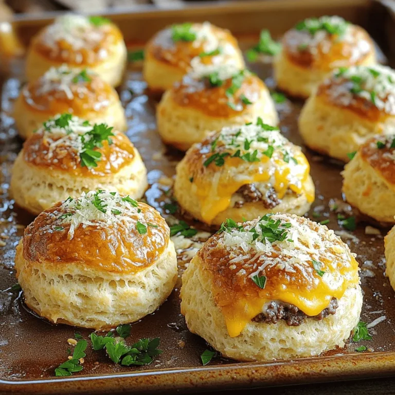 - 1 pound ground beef - 1 cup shredded cheddar cheese - 1/2 cup shredded mozzarella cheese - 1/4 cup grated Parmesan cheese - 1 tablespoon garlic powder - 1 teaspoon onion powder - 1/2 teaspoon black pepper - 1 teaspoon salt - 1 package of refrigerated biscuit dough (8 pieces) - 1/4 cup fresh parsley, chopped (for garnish) - 2 tablespoons melted butter - Extra grated Parmesan for topping When you gather your ingredients, you'll start a tasty journey. Ground beef serves as the star of the show. It brings a rich flavor that pairs perfectly with melty cheese. I love using a mix of cheddar and mozzarella. Cheddar gives a sharp taste, while mozzarella adds creaminess. The touch of Parmesan cheese brings a savory note that makes these bombs truly special. Next, we have the seasonings. Garlic powder is a must. It adds depth and that familiar garlic flavor we all adore. Onion powder gives warmth, while salt and pepper enhance everything. These simple seasonings work together to create a flavor explosion in every bite. You can’t forget the biscuit dough. This is what holds everything together. It gives a nice, soft texture that complements the hearty filling. The melted butter brushed on top adds a golden touch and extra flavor. Finally, fresh parsley is our finishing touch. It brightens up the dish and adds a pop of color. When you gather the ingredients for Garlic Parmesan Cheeseburger Bombs, you're ready for a delicious meal. Check out the Full Recipe for how to put it all together! Set your oven to 375°F (190°C). This step is key. A hot oven helps the bombs cook evenly. In a large bowl, mix the ground beef with the cheeses and seasonings. Combine the ground beef, cheddar cheese, mozzarella cheese, grated Parmesan cheese, garlic powder, onion powder, black pepper, and salt. Stir until everything blends well. This mixture is what makes our bombs delicious. Open the package of biscuit dough and separate each biscuit. Flatten each biscuit with your hands. You want to create a small circle. This shape holds the tasty filling best. Take about 2 tablespoons of the beef and cheese mixture. Place it in the center of each flattened biscuit. Fold the dough edges over the filling. Pinch the seams tightly to seal them. This ensures no filling leaks out while baking. Place each stuffed biscuit seam side down on a greased baking tray. Give them some space. This helps them cook evenly and get nice and golden. In a small bowl, mix the melted butter with a bit of garlic powder if you like. Brush this garlic butter on top of each cheeseburger bomb. Sprinkle extra grated Parmesan cheese for added flavor. Bake in the preheated oven for 15-20 minutes. Check until they turn golden brown and are cooked through. The smell alone will make you hungry! After baking, let them cool for a few minutes. Finally, garnish with freshly chopped parsley before serving. Enjoy the explosion of flavors in every bite! For the complete recipe, check out the Full Recipe section. To make your Garlic Parmesan Cheeseburger Bombs even better, try new seasonings. Add smoked paprika for a smoky taste. You can use chili powder for some heat. A dash of cumin brings a warm, earthy flavor. Don’t be afraid to mix and match! Each addition can change the whole dish. You can even add fresh herbs like thyme or basil for a fresh kick. Getting the biscuit dough just right is key. Make sure to flatten the dough evenly. If it’s too thick, it won’t cook well. Check the baking time, too; every oven varies. If your bombs are golden brown, they’re ready! You want a soft inside and a crispy outside. Letting them cool slightly helps keep that texture. These bombs are great on their own, but sides can make them even better. Try serving them with crispy fries or a fresh salad. A side of ranch or garlic aioli is perfect for dipping. You can also serve them with pickles for a tangy bite. Each side adds a new layer to your meal experience. Enjoy exploring different pairings! {{image_2}} You can switch up the cheese in these bombs. If you like a stronger flavor, try gouda or pepper jack. For a creamier taste, use cream cheese or ricotta. You can mix different cheeses too. This gives you a chance to create your favorite blend. Not a fan of beef? No problem! You can use ground turkey or chicken instead. These meats keep the dish light while still packing flavor. If you want a plant-based option, try using lentils or a meat substitute. They work great with the cheese and spices. Want to boost nutrition? Add some veggies! Chopped onions or bell peppers can add crunch and flavor. You could also try mushrooms or spinach for a unique twist. Just sauté them first to bring out their taste. This way, your bombs become a tasty and healthy treat. When you have extra Garlic Parmesan Cheeseburger Bombs, store them in the fridge. Place them in an airtight container. This keeps them fresh for about 3 to 4 days. If you want to keep them longer, freezing is a great option. Just make sure they cool down first. This way, they won’t create steam and become soggy. To freeze Garlic Parmesan Cheeseburger Bombs, prepare them as usual. Once they are baked and cooled, wrap each bomb in plastic wrap. Then place them in a freezer-safe bag or container. They can stay in the freezer for up to 2 months. When you're ready to eat, just thaw them in the fridge overnight. To reheat your Garlic Parmesan Cheeseburger Bombs while keeping them crispy, use an oven or toaster oven. Preheat it to 350°F (175°C). Place the bombs on a baking sheet and heat for about 10 to 15 minutes. This method keeps the outside crunchy and the inside warm. Enjoy them just like when they were fresh! Yes, you can use frozen biscuit dough! Just let it thaw first. Frozen dough works well for this recipe. It will still puff up nice and golden, just like fresh dough. If you want to save time, frozen dough is a great choice. These bombs will take about 15 to 20 minutes to bake. However, oven times can vary. Keep an eye on them until they turn a lovely golden brown. The filling should be cooked through, and the dough should be fluffy. Absolutely! You can mix the filling a day ahead. Just store it in the fridge. When you’re ready to bake, let it warm up a bit. This helps the flavors blend and makes it easier to fill your dough. If you need a substitute for Parmesan, try using Pecorino Romano or nutritional yeast. Both can add a nice flavor. If you're dairy-free, nutritional yeast works well for a cheesy taste. You can also skip cheese entirely if you prefer! In this post, we covered how to make Garlic Parmesan Cheeseburger Bombs. We explored the main ingredients, easy step-by-step instructions, and helpful tips. You can customize the recipe with different cheeses or meats. Storing and reheating the bombs is simple for leftovers. These tasty treats offer a fun meal option for any crowd. Enjoy creating your version, and share them with family and friends. Your kitchen awaits these savory delights!