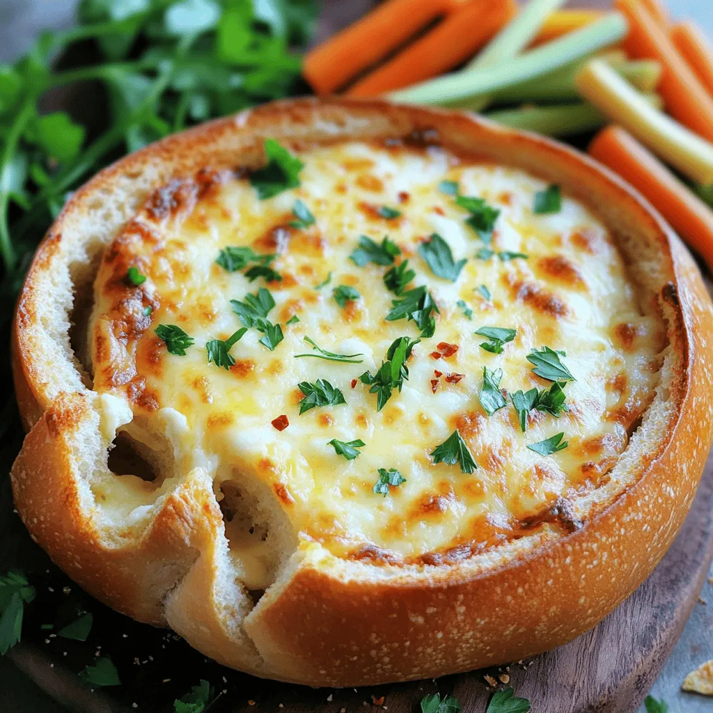 - 1 large French baguette - 1 cup cream cheese, softened - 1/2 cup sour cream - 1/2 cup mayonnaise - 1 cup shredded mozzarella cheese - 1 cup grated Parmesan cheese - 4 cloves garlic, minced - 1 tablespoon fresh parsley, chopped - 1 teaspoon dried oregano - 1/2 teaspoon red pepper flakes (optional) - Salt and pepper to taste To create a rich and tasty Baked Garlic Bread Dip, I focus on the right ingredients. First, I use a large French baguette to hold all that creamy goodness. Then I blend cream cheese, sour cream, and mayonnaise for a smooth base. This creamy mix is the heart of the dip. Next, I add two kinds of cheese: mozzarella for stretch and Parmesan for a sharp bite. The minced garlic brings a punch of flavor, and fresh parsley adds a touch of color. I sprinkle in dried oregano for an earthy note and red pepper flakes if I want some heat. Finally, I season with salt and pepper to make all the flavors shine. To get the full recipe, you can check out the [Full Recipe]. With these ingredients, you’ll create a dip that everyone will love and want to scoop up with the baguette! 1. Preheat your oven to 375°F (190°C). This step is key for even baking. 2. Take the large French baguette and slice it in half lengthwise. 3. Use a spoon to scoop out some soft bread from each half. Set aside this scooped bread for later use. 1. In a large mixing bowl, combine 1 cup of softened cream cheese, 1/2 cup of sour cream, and 1/2 cup of mayonnaise. Mix them well until smooth. 2. Next, stir in 4 minced garlic cloves, 1 cup of shredded mozzarella cheese, 1 cup of grated Parmesan cheese, 1 tablespoon of chopped fresh parsley, and 1 teaspoon of dried oregano. 3. Season the mixture with salt and pepper to taste. If you like a little heat, add 1/2 teaspoon of red pepper flakes. 1. Fill each hollowed baguette half with the creamy dip mixture. Pack it in gently with a spatula. 2. Place the filled baguette halves on a baking sheet. Bake for 25-30 minutes. You want the top to turn golden brown and the dip to bubble. 3. Once done, take it out of the oven and let it cool for a few minutes. Then, slice into pieces for serving. For the full recipe, make sure to check the ingredient list and instructions provided above. Enjoy your delicious creation! Using room temperature ingredients is key for a smooth dip. Cold cream cheese can make mixing tough. Let your cream cheese, sour cream, and mayonnaise sit out for about 30 minutes before using. This helps them blend well. If you want a creamier dip, add more sour cream or mayonnaise. You can also mix in some heavy cream for extra richness. Keep an eye on your dip while it bakes. Aim for 25 to 30 minutes at 375°F. Check for a golden top and bubbling edges. If it browns too fast, cover it with foil. This will help avoid overcooking. A bubbly top means it’s ready to serve. That golden color adds a nice touch to your dip. For garnishes, fresh parsley works great. It adds color and flavor. You can also sprinkle extra cheese on top right before baking. For dipping, don’t just stick to bread. Try veggie sticks, crackers, or tortilla chips. Each option brings a new taste to your dip. For a fun twist, serve it with fruit slices like apples or pears. This adds a sweet contrast to the savory dip. Make sure to check the full recipe for all the details. {{image_2}} You can change the taste of your baked garlic bread dip by adding extra flavors. One fun way is to mix in sun-dried tomatoes or fresh spinach. Both options add color and a tasty twist. Sun-dried tomatoes bring a sweet, tangy flavor that contrasts well with the creamy dip. Fresh spinach adds a nice green hue and a boost of nutrition. Another way to enhance the dip is by using different types of cheese. While mozzarella and Parmesan are great, you can try cheddar for a sharper taste. Gouda adds a rich, smoky flavor, while feta gives a nice salty bite. Mixing cheeses can create a unique flavor profile that everyone will enjoy. If you need gluten-free options, you can use a gluten-free baguette. Many stores offer gluten-free breads that taste great. Just make sure to check the label for any hidden gluten. This way, everyone can join in on the fun! For those looking for vegan alternatives, replace cream cheese, sour cream, and mayonnaise with plant-based versions. Many brands offer tasty dairy-free options. You can also use nutritional yeast to add a cheesy flavor without dairy. These swaps make the dip suitable for vegans while keeping it rich and creamy. You can get creative with how you serve this dip. One fun idea is to turn it into a full platter. You can add fresh veggies, crackers, or breadsticks around the dip. This makes a great snack for parties or gatherings. Another option is to serve the dip in individual ramekins. This way, each guest has their own portion. It makes for a nice presentation and keeps things neat. Plus, it allows everyone to dig in without sharing. For the full recipe, check out the details above! To store leftovers, put the dip in an airtight container. Make sure it cools to room temperature first. This keeps it fresh and tasty. You can store it in the fridge for up to three days. After that, it may lose flavor and texture. To reheat the dip, use the oven for the best results. Preheat the oven to 350°F (175°C). Place the dip in an oven-safe dish. Cover it with foil to keep it moist. Heat for about 15 minutes or until warm. You can also use the microwave. Heat it in short bursts of 30 seconds. Stir between each burst to keep it creamy. Yes, this dip is freezer-friendly! To freeze it, put it in a container that seals well. Make sure to leave some space for it to expand. It can last in the freezer for up to three months. To thaw, move it to the fridge overnight. Reheat it as directed above after thawing. Enjoy your dip any time! For the full recipe, check out the details above. Baked Garlic Bread Dip lasts about 3 to 5 days in the fridge. Store it in an airtight container for best results. Make sure to let it cool before sealing it up. This way, it stays fresh and tasty for your next snack or meal. Yes, you can prepare Baked Garlic Bread Dip ahead of time! Mix the dip and fill the baguette. Cover it well and store it in the fridge. When you are ready to bake, just pop it in the oven. This saves time and makes hosting easy. If you don’t have a baguette, many other breads work well. You can use ciabatta, sourdough, or even pita bread. Just make sure the bread can hold the dip and has a nice crust for dipping. You can use Greek yogurt or cottage cheese instead of cream cheese. Both options add creaminess and a bit of tang. If you prefer a dairy-free choice, try cashew cream or a vegan cream cheese. These options keep the dip rich and delicious. You’ll know the dip is ready when the top is golden brown and bubbly. The edges of the dip should start to pull away from the bread. A nice, brown crust means it’s time to take it out. Let it cool a little before serving. Enjoy the warm, cheesy goodness! In this post, I shared how to make a delicious baked garlic bread dip. We covered the key ingredients, step-by-step instructions, and handy tips to perfect your dish. You can add personal touches with various flavors and dietary adjustments. Remember to store leftovers properly for the best taste. This dip is fun for gatherings or cozy nights at home. Enjoy experimenting and customizing it to suit your taste! Your friends will love your dip, and it will quickly become a favorite.