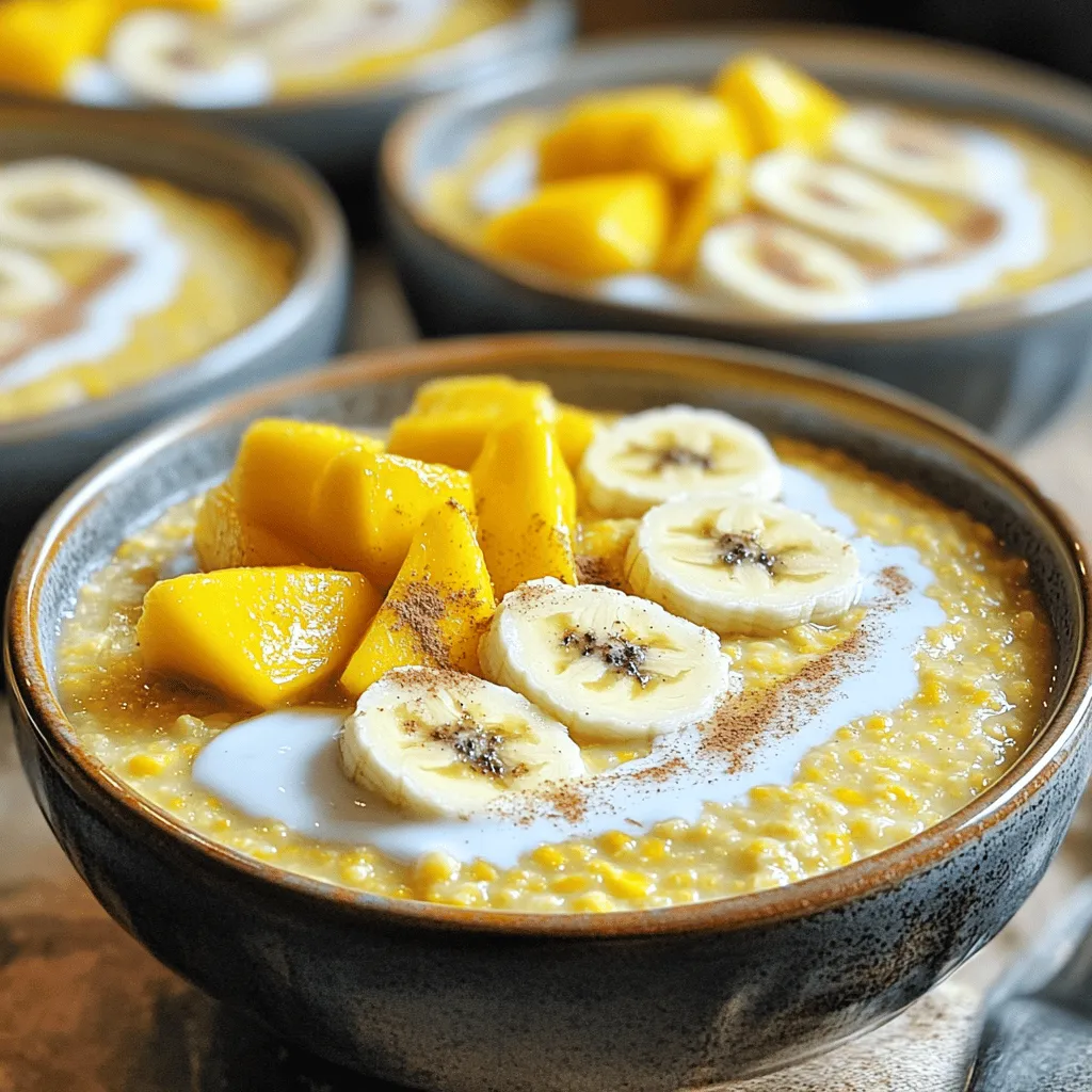 - 1 cup cornmeal (finely ground) - 4 cups water - 1 cup coconut milk - 1/4 teaspoon salt This recipe uses finely ground cornmeal. The cornmeal gives the porridge a nice texture. You need four cups of water to cook the cornmeal well. Coconut milk adds a creamy richness that makes every bite enjoyable. A bit of salt enhances all the flavors. - 1/4 cup brown sugar (adjust to taste) - 1 teaspoon vanilla extract - 1/2 teaspoon ground nutmeg - 1/2 teaspoon ground cinnamon Brown sugar adds sweetness, but feel free to adjust it. The vanilla extract gives a lovely aroma. Nutmeg and cinnamon bring in warm, comforting flavors. These spices make your porridge taste like a treat. - Fresh fruit (bananas, mangoes) - Nuts (almonds) Fresh fruit adds brightness and a burst of flavor. You can choose bananas or mangoes, or both! Nuts like almonds add crunch and protein. Toppings let you personalize your porridge and make it even more delicious. For the Full Recipe, check the detailed instructions to create this delightful dish! - Bring 3 cups of water to a boil. - Mix cornmeal with 1 cup of cold water until smooth. Start by boiling the water in a large pot. It should be bubbling before you add the cornmeal. In another bowl, mix the cornmeal with cold water. This step is key. It helps keep the porridge smooth. If you skip this, you might get lumps in your porridge. - Whisk cornmeal mixture into boiling water. - Reduce heat and cook for 15 minutes. Once the water boils, you need to act fast. Whisk the cornmeal mixture into the pot slowly. Stir continuously. This helps blend everything well. Lower the heat after mixing. Let it cook for about 15 minutes. Stir often to keep it from sticking to the pot. - Incorporate coconut milk, salt, and brown sugar. - Add vanilla extract, nutmeg, and cinnamon. - Let it thicken further if desired. After cooking, it’s time to add flavor. Pour in the coconut milk, salt, and brown sugar. Stir until everything blends well. Next, add the vanilla extract, nutmeg, and cinnamon. These spices make the porridge rich in taste. If you want it thicker, let it sit for a few more minutes. Serve it warm and enjoy with your favorite toppings like fresh fruit or nuts. For the full recipe, check out the previous section. To get that perfect creamy texture, whisking continuously is key. As you stir, you break up any lumps. This keeps your porridge smooth and silky. If you find it's too thick, add more water or coconut milk. This will help you reach the consistency you want. Just remember, a little at a time goes a long way! Now, let’s talk about flavor. You can experiment with spices to make it your own. A pinch of ginger or a dash of allspice can add a warm kick. You can also customize the sweetness level. If you like it sweeter, add more brown sugar. For a lighter touch, try honey or maple syrup instead. When serving, think about how it looks. Use deep bowls for your porridge. This gives it an appealing look and makes it feel special. Create a small well in the center for your toppings. Fresh fruit or nuts add color and crunch. Drizzle a bit of extra coconut milk on top for a beautiful finish. It makes your breakfast not just tasty, but also a feast for the eyes! {{image_2}} You can change the milk in this recipe to fit your taste. Almond milk or oat milk work well if you want a lighter option. These alternatives can give your porridge a different flavor and texture. If you use almond milk, it adds a nutty taste. Oat milk makes it creamier, which many people love. You might need to adjust the water to keep the right thickness. Sweetness is personal. You can use honey or maple syrup instead of brown sugar. These natural sweeteners add unique flavors. If you prefer less sugar, feel free to cut back. You can also add more sugar if you like it sweeter. Just remember to taste as you go. This way, you get the perfect balance for your porridge. Toppings can make your porridge exciting. Fresh fruits like bananas and mangoes add sweetness and color. You can also use nuts like almonds for a crunchy texture. Seasonal fruits are great, too. Try berries in the summer or apples in the fall. Mix and match to find your favorite combination. The added crunch and flavor will elevate your meal. For the full recipe, check out the detailed instructions above. To store leftover porridge, let it cool down first. Once cool, place it in an airtight container. Keep it in the fridge. This way, it stays fresh for later. When you want to eat it again, take it out. For reheating, add a splash of water or coconut milk. Heat it in a saucepan over low heat. Stir until it warms up and gets creamy again. You can also use a microwave. Just cover it loosely, heat for a minute, and stir. Yes, you can freeze Creamy Jamaican Cornmeal Porridge! Pour it into a freezer-safe container. Leave some space at the top for expansion. Seal it well to avoid freezer burn. When you're ready to eat, take it out and let it thaw in the fridge overnight. For reheating, use the same method as before. Add a bit of liquid to restore its creamy texture. In the fridge, the porridge lasts for about three to four days. Always check it before eating. Look for changes in smell or texture. If it smells sour or is very thick, it is time to toss it out. Ensuring food safety is key to enjoying your meal! Creamy Jamaican cornmeal porridge is a warm, comforting dish. It has roots in Jamaican culture, often enjoyed for breakfast. This porridge is made mainly from cornmeal, coconut milk, and spices. It is creamy, smooth, and slightly sweet. Many families have their own recipes passed down through generations. The dish symbolizes comfort and home in Jamaican households. Yes, you can easily make this dish dairy-free. Coconut milk is a perfect base for the porridge. If you want to avoid coconut milk, try almond milk or oat milk. Both options will give you a creamy texture. Just remember to adjust the sweetness, as these milks can change the flavor slightly. Making this porridge vegan is simple. Use plant-based milk, such as almond or soy milk. For sweeteners, you can use maple syrup or agave instead of brown sugar. These swaps keep the dish vegan and still delicious. You can enjoy the same creamy texture and rich flavor without any animal products. You can serve creamy Jamaican cornmeal porridge with various toppings. Fresh fruit like bananas, mangoes, or berries adds color and flavor. Nuts such as almonds or walnuts add crunch. A sprinkle of cinnamon or nutmeg on top enhances the taste. These accompaniments make the dish even more enjoyable. Yes, this porridge is a healthy choice for breakfast. Cornmeal is high in fiber, which aids digestion. Coconut milk adds healthy fats that keep you full longer. You can control the sugar to fit your dietary needs. The fresh fruit and nuts provide vitamins and minerals. Enjoying this dish gives you energy and nutrients to start your day. For more details, check the Full Recipe. In this article, I covered how to make Creamy Jamaican Cornmeal Porridge from scratch. You learned about the key ingredients, preparation steps, and cooking tips for a rich and tasty dish. I shared ways to customize the flavors and textures, along with storage and serving advice. This porridge is a delightful breakfast that suits many tastes. With a few tweaks, you can make it your own. Enjoy experimenting with it as you share it with family and friends!