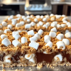 - 1 ½ cups graham cracker crumbs - ½ cup unsalted butter, melted - ½ cup brown sugar, packed - 1 teaspoon vanilla extract - 1 cup mini marshmallows - 1 cup semisweet chocolate chips - ½ cup chopped walnuts or pecans (optional) The main ingredients form the heart of your oven-baked s'mores bars. Each one plays a crucial role. The graham cracker crumbs give a sweet, crunchy base. The melted butter binds everything together, adding richness. Brown sugar adds a deeper sweetness, while vanilla enhances the overall flavor. Mini marshmallows bring that classic s'mores taste. They melt beautifully and create a gooey layer. Semisweet chocolate chips add that rich chocolate flavor. If you love nuts, adding walnuts or pecans will give a great crunch and extra flavor. - 8x8-inch baking dish - Mixing bowls - Measuring cups and spoons You need some basic tools for this recipe. An 8x8-inch baking dish works perfectly. It holds the mixture well and helps with even baking. Mixing bowls are essential for combining all your ingredients. Measuring cups and spoons ensure you get the right amounts. - Preheating the oven to 350°F - Greasing the baking dish Before you start, preheat your oven to 350°F. This step is key for even cooking. Greasing the baking dish helps prevent sticking. You can use butter or a non-stick spray. These simple steps set you up for success. For the full recipe, check the details to make your s'mores bars an easy and delicious treat. - First, preheat your oven to 350°F (175°C). Grease an 8x8-inch baking dish. - In a large bowl, combine graham cracker crumbs, melted butter, brown sugar, and vanilla extract. Mix until it looks like wet sand. - Press half of this mixture firmly into the bottom of the baking dish. This creates a solid base. - Next, sprinkle mini marshmallows and chocolate chips evenly over the graham cracker base. - If you like nuts, add chopped walnuts or pecans on top. - Finally, take the remaining graham cracker mixture and crumble it over the marshmallows and chocolate. - Now, place the dish in the oven and bake for 25 to 30 minutes. - Look for a golden brown top and toasted marshmallows. - Once done, remove it from the oven and let it cool for at least 10 minutes before slicing into bars. For the complete recipe with all ingredients and steps, check out the Full Recipe. To make your s'mores bars great, spread marshmallows and chocolate evenly. If you do this, every bite will have the right mix of flavors. Press down the top layer a bit. This helps everything stick together well. These bars taste best warm. Serve them with a drizzle of chocolate sauce. A scoop of vanilla ice cream adds extra joy. You can also sprinkle graham cracker crumbs on top for a fun touch. Be careful not to overbake the bars. If you do, they can turn dry. Let them cool before cutting. This step keeps the bars from falling apart. Enjoy your perfect oven-baked s'mores bars! For the full recipe, check out the full recipe section. {{image_2}} You can change the flavor of your s'mores bars easily. Try using white chocolate chips or even peanut butter chips instead of regular chocolate chips. This small swap gives a new taste to your bars. Also, consider using flavored graham crackers. Options like cinnamon or chocolate graham crackers can add a fun twist. Get creative with add-ins. You can crush up your favorite candy bars and mix them in. Snickers or Reese's pieces work great. Another tasty idea is to add fruit. Sliced bananas or strawberries add freshness and sweetness. For extra flavor, drizzle caramel or nut butter on top before serving. This makes your bars even more delicious. If you need gluten-free options, don’t worry! Just use gluten-free graham crackers. Many brands offer great choices that taste just as good. Always check the labels on all your ingredients. This ensures everything is safe for your gluten-free diet. Enjoy your tasty bars without any worries! Keep your s'mores bars in an airtight container at room temperature. This helps keep them fresh and tasty. If you want them to last longer, refrigerate them. The cool air slows down spoilage and keeps the flavors strong. To freeze the bars, wrap each piece individually in plastic wrap. This helps prevent freezer burn. When you want to eat them, just thaw them at room temperature. You can also reheat them slightly in the oven for a warm treat. These delicious bars last up to 5 days at room temperature. If you freeze them, they can stay good for up to 3 months. Just remember to keep track of how long they have been stored! Yes, you can prepare them a day in advance. Just store them in an airtight container. This helps keep them fresh and tasty. You can serve them warm or at room temperature. Use marshmallow fluff or a different type of sweet topping. You can try peanut butter, caramel, or even chocolate spread. This adds a fun twist to the bars while still keeping them sweet and gooey. Ensure the pan is well-greased or lined with parchment paper. This makes it easy to lift the bars out after baking. If the bars stick, they might break apart. Greasing or lining the pan is a simple step that ensures success. Oven-Baked S'mores Bars are easy to make and delicious to eat. You need simple ingredients like graham crackers, chocolate chips, and marshmallows. I shared tips for perfecting your bars and options for variations. Remember to avoid common mistakes like overbaking. Store them properly to keep them fresh. With a bit of creativity, you can make these bars your own. Enjoy your tasty treats!