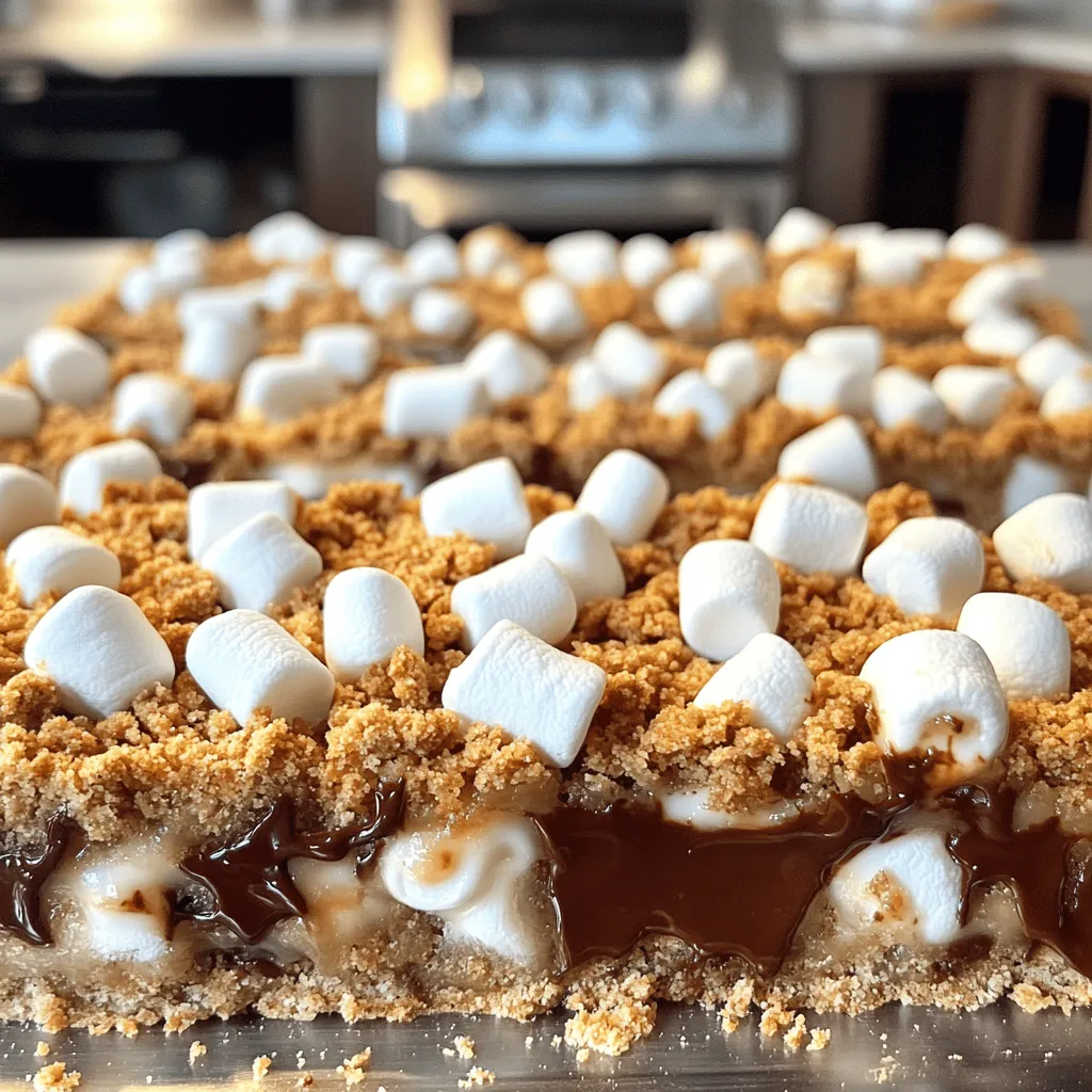 - 1 ½ cups graham cracker crumbs - ½ cup unsalted butter, melted - ½ cup brown sugar, packed - 1 teaspoon vanilla extract - 1 cup mini marshmallows - 1 cup semisweet chocolate chips - ½ cup chopped walnuts or pecans (optional) The main ingredients form the heart of your oven-baked s'mores bars. Each one plays a crucial role. The graham cracker crumbs give a sweet, crunchy base. The melted butter binds everything together, adding richness. Brown sugar adds a deeper sweetness, while vanilla enhances the overall flavor. Mini marshmallows bring that classic s'mores taste. They melt beautifully and create a gooey layer. Semisweet chocolate chips add that rich chocolate flavor. If you love nuts, adding walnuts or pecans will give a great crunch and extra flavor. - 8x8-inch baking dish - Mixing bowls - Measuring cups and spoons You need some basic tools for this recipe. An 8x8-inch baking dish works perfectly. It holds the mixture well and helps with even baking. Mixing bowls are essential for combining all your ingredients. Measuring cups and spoons ensure you get the right amounts. - Preheating the oven to 350°F - Greasing the baking dish Before you start, preheat your oven to 350°F. This step is key for even cooking. Greasing the baking dish helps prevent sticking. You can use butter or a non-stick spray. These simple steps set you up for success. For the full recipe, check the details to make your s'mores bars an easy and delicious treat. - First, preheat your oven to 350°F (175°C). Grease an 8x8-inch baking dish. - In a large bowl, combine graham cracker crumbs, melted butter, brown sugar, and vanilla extract. Mix until it looks like wet sand. - Press half of this mixture firmly into the bottom of the baking dish. This creates a solid base. - Next, sprinkle mini marshmallows and chocolate chips evenly over the graham cracker base. - If you like nuts, add chopped walnuts or pecans on top. - Finally, take the remaining graham cracker mixture and crumble it over the marshmallows and chocolate. - Now, place the dish in the oven and bake for 25 to 30 minutes. - Look for a golden brown top and toasted marshmallows. - Once done, remove it from the oven and let it cool for at least 10 minutes before slicing into bars. For the complete recipe with all ingredients and steps, check out the Full Recipe. To make your s'mores bars great, spread marshmallows and chocolate evenly. If you do this, every bite will have the right mix of flavors. Press down the top layer a bit. This helps everything stick together well. These bars taste best warm. Serve them with a drizzle of chocolate sauce. A scoop of vanilla ice cream adds extra joy. You can also sprinkle graham cracker crumbs on top for a fun touch. Be careful not to overbake the bars. If you do, they can turn dry. Let them cool before cutting. This step keeps the bars from falling apart. Enjoy your perfect oven-baked s'mores bars! For the full recipe, check out the full recipe section. {{image_2}} You can change the flavor of your s'mores bars easily. Try using white chocolate chips or even peanut butter chips instead of regular chocolate chips. This small swap gives a new taste to your bars. Also, consider using flavored graham crackers. Options like cinnamon or chocolate graham crackers can add a fun twist. Get creative with add-ins. You can crush up your favorite candy bars and mix them in. Snickers or Reese's pieces work great. Another tasty idea is to add fruit. Sliced bananas or strawberries add freshness and sweetness. For extra flavor, drizzle caramel or nut butter on top before serving. This makes your bars even more delicious. If you need gluten-free options, don’t worry! Just use gluten-free graham crackers. Many brands offer great choices that taste just as good. Always check the labels on all your ingredients. This ensures everything is safe for your gluten-free diet. Enjoy your tasty bars without any worries! Keep your s'mores bars in an airtight container at room temperature. This helps keep them fresh and tasty. If you want them to last longer, refrigerate them. The cool air slows down spoilage and keeps the flavors strong. To freeze the bars, wrap each piece individually in plastic wrap. This helps prevent freezer burn. When you want to eat them, just thaw them at room temperature. You can also reheat them slightly in the oven for a warm treat. These delicious bars last up to 5 days at room temperature. If you freeze them, they can stay good for up to 3 months. Just remember to keep track of how long they have been stored! Yes, you can prepare them a day in advance. Just store them in an airtight container. This helps keep them fresh and tasty. You can serve them warm or at room temperature. Use marshmallow fluff or a different type of sweet topping. You can try peanut butter, caramel, or even chocolate spread. This adds a fun twist to the bars while still keeping them sweet and gooey. Ensure the pan is well-greased or lined with parchment paper. This makes it easy to lift the bars out after baking. If the bars stick, they might break apart. Greasing or lining the pan is a simple step that ensures success. Oven-Baked S'mores Bars are easy to make and delicious to eat. You need simple ingredients like graham crackers, chocolate chips, and marshmallows. I shared tips for perfecting your bars and options for variations. Remember to avoid common mistakes like overbaking. Store them properly to keep them fresh. With a bit of creativity, you can make these bars your own. Enjoy your tasty treats!
