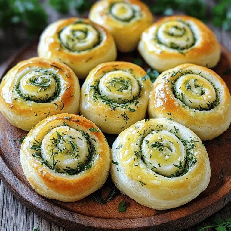 To create the best herb and garlic swirl rolls, you need simple yet flavorful ingredients. Here’s the list: - 3 cups all-purpose flour - 1 packet (2 ¼ teaspoons) instant yeast - 1 teaspoon sugar - 1 teaspoon salt - 1 cup warm milk (110°F) - 3 tablespoons unsalted butter, melted - 2 cloves garlic, minced - 2 tablespoons fresh parsley, finely chopped - 1 tablespoon fresh rosemary, finely chopped - 1 tablespoon fresh thyme, finely chopped - ½ teaspoon black pepper - 1 egg (for egg wash) These ingredients blend together to create a rich dough. The warm milk helps to activate the yeast. Using fresh herbs adds a burst of flavor that makes these rolls truly special. You can find the full recipe to guide you through the steps. - Combine warm milk, sugar, and yeast for frothy consistency. - Wait 5 minutes after mixing. Start with warm milk, around 110°F. It should feel warm to the touch, not hot. Add one teaspoon of sugar and one packet of instant yeast. Stir it gently, then set it aside. After 5 minutes, it will look foamy. This frothy mix shows that your yeast is active. It means your dough will rise well. - Add melted butter, salt, and flour to the yeast mixture. - Mix and knead to form a soft dough. Next, add three tablespoons of melted butter and one teaspoon of salt to the yeast mix. Then, add two cups of all-purpose flour. Stir this together until it forms a thick paste. Gradually add more flour, mixing until the dough pulls away from the bowl. Knead it on a floured surface for about 5 to 7 minutes. You want a soft and smooth dough that springs back when you poke it. - Let the dough rise for an hour until doubled. - Prepare and set aside herb-garlic filling mixture. Now, shape the dough into a ball and place it in a greased bowl. Cover it with a clean cloth. Let it rise in a warm spot for about an hour. The dough should double in size. While this happens, mix your filling. In a bowl, combine minced garlic, chopped parsley, rosemary, thyme, and black pepper. Set this aside for later. - Roll out the dough into a rectangle. - Spread the filling and cut into equal pieces. After the dough rises, punch it down gently to release air. Roll it out on a floured surface. Aim for a rectangle about 12x18 inches. Spread melted butter on the surface, then sprinkle the herb-garlic mixture evenly. Roll the dough tightly from the long edge into a log. Pinch the seam to seal it. - Allow rolls to rise for another 30-40 minutes. - Proceed to bake until golden brown. Cut the log into 12 equal pieces. Place these cut-side up in a greased baking dish. Cover again with a cloth and let them rise for another 30 to 40 minutes. Preheat your oven to 375°F (190°C) while the rolls are rising. Just before baking, whisk one egg and brush it on top of the rolls for a nice finish. Bake for 20 to 25 minutes until they turn golden brown. Enjoy your delicious Herb & Garlic Swirl Rolls! For more details, check the Full Recipe. - Use fresh herbs for enhanced flavor. Fresh herbs make your rolls taste alive and bright. I love using parsley, rosemary, and thyme. They add a nice depth to the rolls. - Knead dough thoroughly for a better texture. Kneading helps develop gluten, which makes the rolls fluffy. Aim to knead for 5-7 minutes until the dough is smooth. You’ll feel it become more elastic under your hands. - Pair with garlic butter for added flavor. Garlic butter complements these rolls perfectly. Just melt butter and mix in minced garlic. Brush it on while the rolls are warm. - Best served warm or slightly cooled. I find these rolls taste best fresh out of the oven. The flavors are at their peak, and the texture is soft. For a delightful treat, serve them with a sprinkle of fresh herbs on top. {{image_2}} Want to add a cheesy twist? You can easily make cheese herb and garlic swirl rolls. Just mix in mozzarella or cheddar cheese with your herb filling. The gooey cheese adds a delightful richness. It melts perfectly and enhances the flavor. You’ll have a savory treat that everyone will love! For a healthier option, try whole wheat herb and garlic swirl rolls. Simply substitute half the all-purpose flour with whole wheat flour. This gives the rolls a nutty flavor and more fiber. The texture will be hearty yet still fluffy. You can enjoy a guilt-free indulgence while savoring the delicious taste. If you want a kick, make spicy herb and garlic swirl rolls. Just add red pepper flakes to the filling mix. This simple change brings heat to the rolls. The spicy flavor pairs well with the herbs and garlic. It creates a fun surprise in every bite! For more ideas, check out the Full Recipe for detailed steps. After baking your Herb & Garlic Swirl Rolls, let them cool. Then, store them in an airtight container at room temperature. They stay fresh for 2-3 days. This method keeps them soft and tasty for your next meal. Want to keep them longer? You can freeze the rolls. This works for both unbaked and baked rolls. Place them in a freezer bag or container for up to 2 months. When you are ready to enjoy, reheat them in the oven. This method helps restore their soft texture and warm flavor. Yes, just ensure to activate it properly. To do this, dissolve the active dry yeast in warm milk with sugar. Let it sit for about 5 minutes until it becomes frothy. This step is key for a good rise. Make sure to knead well and allow to rise adequately. Knead the dough for about 5-7 minutes to develop the gluten. This makes the rolls soft and airy. Let the dough rise in a warm spot until it doubles in size. This can take about an hour. Patience pays off! Yes, they freeze well both before and after baking. You can freeze the unbaked rolls after shaping them. Just cover them well and pop them in the freezer. When ready to bake, let them thaw and rise first. If you freeze baked rolls, wrap them tightly. Reheat in the oven for the best taste and texture. You now have a simple, tasty recipe for herb and garlic swirl rolls. We covered important steps like activating the yeast and preparing the dough. Fresh herbs and proper kneading bring great flavor and texture. You can explore different variations to suit your taste. Remember, these rolls store well, making them perfect for future meals. Enjoy baking and savoring each warm roll! Cooking at home can be fun and rewarding. Happy baking!