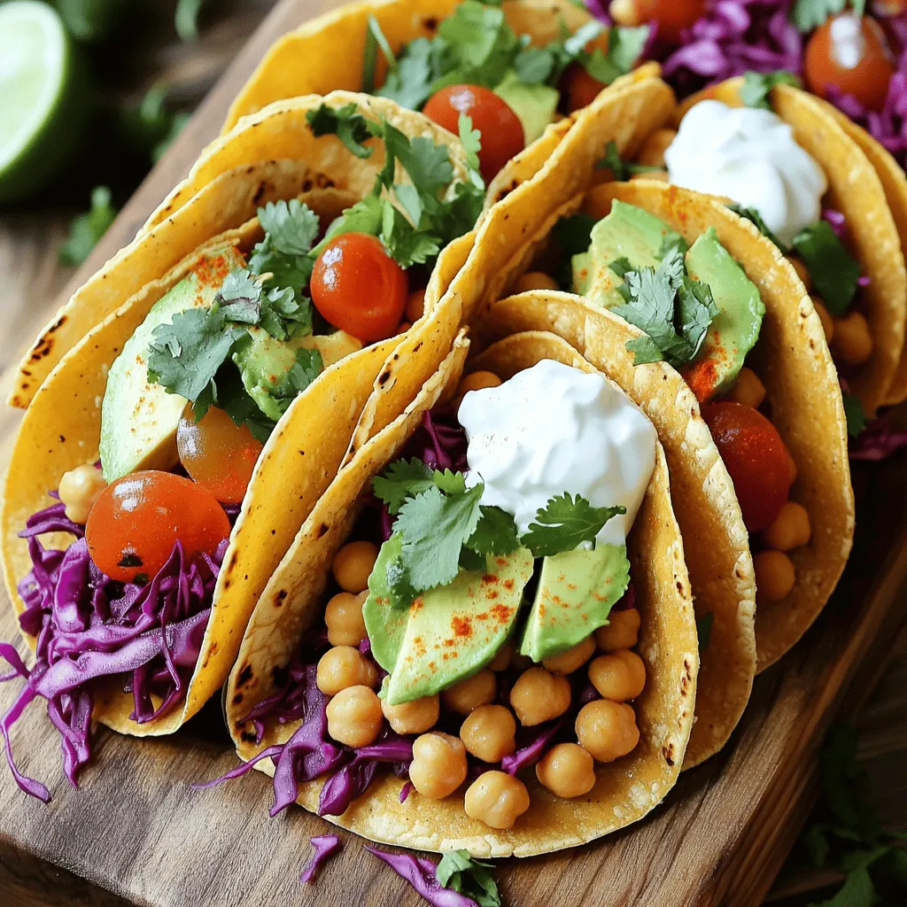 - 1 can (15 oz) chickpeas, drained and rinsed - 1 tablespoon olive oil - 1 teaspoon smoked paprika - 1 teaspoon cumin - ½ teaspoon cayenne pepper (adjust to taste) - Salt and pepper, to taste - 1 cup shredded red cabbage - 1 avocado, sliced - ½ cup cherry tomatoes, halved - ¼ cup fresh cilantro, chopped - 6 small corn or flour tortillas - 2 tablespoons lime juice - ¼ cup Greek yogurt or dairy-free alternative (optional) Each ingredient plays a key role in your taco. Chickpeas are the star. They provide protein and fiber. Olive oil helps in cooking and adds richness. Smoked paprika and cumin give the tacos a warm, earthy flavor. Cayenne pepper adds heat, which you can adjust to your liking. Salt and pepper enhance all the flavors in the mix. Shredded red cabbage adds a crunchy texture and bright color. Avocado gives creaminess and healthy fats. Cherry tomatoes add sweetness and acidity. Fresh cilantro brings a burst of freshness. Tortillas are the base, holding all the tasty fillings. Lime juice brightens the dish, while Greek yogurt can add creaminess if you choose to include it. One serving of Spicy Chickpea Tacos has about 350 calories. The tacos are rich in protein, thanks to the chickpeas. Each taco also provides fiber, which is good for digestion. Chickpeas are packed with vitamins and minerals, like folate and iron. The avocado offers healthy fats, while the cabbage is full of vitamins K and C. If you want to switch things up, there are great alternatives. Instead of chickpeas, you can use black beans or lentils. For a gluten-free option, use corn tortillas. If you prefer dairy-free, skip the Greek yogurt or use a plant-based alternative. You can replace avocado with guacamole for added flavor. Try adding different veggies like bell peppers or corn for variety. To start, gather all your ingredients. You will need: - 1 can (15 oz) chickpeas, drained and rinsed - 1 tablespoon olive oil - 1 teaspoon smoked paprika - 1 teaspoon cumin - ½ teaspoon cayenne pepper (adjust to taste) - Salt and pepper, to taste - 1 cup shredded red cabbage - 1 avocado, sliced - ½ cup cherry tomatoes, halved - ¼ cup fresh cilantro, chopped - 6 small corn or flour tortillas - 2 tablespoons lime juice - ¼ cup Greek yogurt or dairy-free alternative (optional) Next, lightly mash the chickpeas in a bowl. Use a fork or potato masher. Leave some whole for texture. This step is key for a nice bite in your tacos. While you prepare the chickpeas, toss the shredded red cabbage with lime juice in a small bowl. This mix adds brightness and crunch to your tacos. Set this aside while you cook the chickpeas. Heat olive oil in a skillet over medium heat. Once hot, add the mashed chickpeas. This will help them crisp up nicely. Sprinkle smoked paprika, cumin, cayenne pepper, salt, and pepper over the chickpeas. Stir well to combine. Cook for about 5-7 minutes. Stir occasionally. You want them to be heated through and slightly crispy. This brings out the rich flavors and adds a satisfying texture. Now it's time to assemble your tacos! Warm the tortillas in another pan or over a flame for a few seconds on each side. This makes them soft and easy to fill. Take a warm tortilla and add a generous scoop of spicy chickpeas. Next, layer the limey cabbage, followed by avocado slices, cherry tomatoes, and fresh cilantro. If you like, top with a dollop of Greek yogurt for creaminess. For the best presentation, arrange the tacos on a wooden board. Garnish with extra lime wedges and a sprinkle of cilantro. Serve with a side of lime for squeezing over the tacos. Enjoy your tasty creation! For the full recipe, refer to the detailed instructions above. To make your spicy chickpea tacos perfect, focus on time and taste. First, mash the chickpeas lightly to keep some whole. This gives your tacos great texture. Heat the olive oil well before adding the chickpeas. This helps them crisp up nicely. For extra flavor, let the spices cook for a full 5-7 minutes. This step makes them fragrant and tasty. You can adjust the cayenne pepper to suit your spice level. If you like it hot, add more! Presentation matters! Serve your tacos on a bright wooden board. This gives a rustic vibe. Add extra lime wedges and fresh cilantro for color. Arrange the tacos neatly, and stack them slightly for a fun look. You can also serve them with a small bowl of Greek yogurt on the side. This adds creaminess and contrasts well with the spicy flavors. You want your dish to look as good as it tastes! If you have leftovers, store them properly to keep them fresh. Place the chickpea mixture in an airtight container in the fridge. It will last for up to three days. Keep your toppings separate. This keeps the tortillas from getting soggy. When you’re ready to eat, warm the chickpeas and tortillas again. You can mix and match toppings as you please. Enjoy your tasty tacos again! For the complete cooking process, check out the Full Recipe. {{image_2}} If you want to kick up the heat in your spicy chickpea tacos, try these ideas: - Add more cayenne pepper: This is an easy way to boost the spice. - Fresh jalapeños: Slice them thin and add to your tacos. - Hot sauce: Drizzle your favorite hot sauce over the top. - Chipotle powder: This gives a smoky flavor with a spicy kick. - Sriracha mayo: Mix sriracha with mayo for a creamy, spicy topping. These options will make your tacos even more exciting! You can switch up ingredients to change the flavors in your tacos. Here are some fun ideas: - Different legumes: Use black beans or lentils instead of chickpeas. - Add more veggies: Try diced bell peppers or roasted corn for crunch. - Toppings: Swap avocado for guacamole or add pickled onions for tang. - Herbs: Experiment with parsley or mint for a fresh taste. These variations keep the recipe fresh and fun! The type of tortilla you use can change the whole meal. Here are some choices: - Corn tortillas: These have a nice flavor and are naturally gluten-free. - Flour tortillas: Soft and chewy, they hold up well with fillings. - Lettuce wraps: For a low-carb option, use large lettuce leaves instead. - Whole wheat tortillas: A healthier choice that adds a nutty flavor. Each tortilla type brings a unique twist to your spicy chickpea tacos. Spicy Chickpea Tacos pair well with many tasty sides. Here are some ideas: - Mexican Street Corn: This dish adds sweetness and crunch. - Black Bean Salad: A refreshing mix with beans, corn, and lime. - Guacamole: Creamy and rich, it complements the spice. - Rice and Quinoa: These grains add a hearty touch. - Salsa: Fresh or roasted salsa brings extra flavor. These sides enhance the meal and add variety to your plate. Choosing the right drink can elevate your taco experience. Here are some great options: - Margaritas: The classic lime flavor balances the spice. - Cold Beer: A light lager or pale ale cools down the heat. - Iced Tea: Unsweetened tea is refreshing and simple. - Sparkling Water: A fizzy drink cleanses the palate. - Fresh Limeade: This sweet and tangy drink brightens the meal. These beverages will make your dining experience more enjoyable. Spicy Chickpea Tacos can shine as part of a larger meal. Here are some suggestions: - Taco Night: Offer a variety of fillings for family or friends. - Build-Your-Own Bowl: Serve the tacos with rice, beans, and toppings. - Casual Lunch: Pair with a light soup or salad for a quick meal. - Party Platter: Serve tacos with dips and snacks for gatherings. - Picnic Option: These tacos travel well and taste great cold. These ideas show how versatile Spicy Chickpea Tacos can be. For the full recipe, check out the earlier section! Yes, you can make Spicy Chickpea Tacos ahead of time. Cook the chickpeas and store them in an airtight container in the fridge. They will stay fresh for up to three days. You can also prepare the toppings in advance. Keep the shredded cabbage, avocado, and tomatoes in separate containers. Just warm the chickpeas and tortillas just before serving. This way, you save time on busy days. To adjust the spice level, you can change the amount of cayenne pepper. If you want it milder, use less or skip it. For more heat, add more cayenne or try diced jalapeños. Another option is to use hot sauce as a topping. Remember, start small and taste as you go. This lets you find the perfect spice level for your taste. Spicy Chickpea Tacos are great for meal prep. You can cook a big batch of chickpeas and store them for later. They keep well in the fridge and are easy to reheat. Prepare the toppings separately to keep them fresh. Assemble the tacos just before eating to keep everything crunchy and vibrant. This makes them a quick, healthy option for lunches or dinners. You can find the full recipe [here](#). In this post, we explored the art of making Spicy Chickpea Tacos. We covered ingredients, nutritional information, and substitutions for various diets. You learned step-by-step instructions on preparation and cooking, along with tips for best results. We discussed serving ideas and how to customize flavors to suit your taste. Now, you have everything you need to create this tasty meal. Enjoy getting creative in the kitchen!