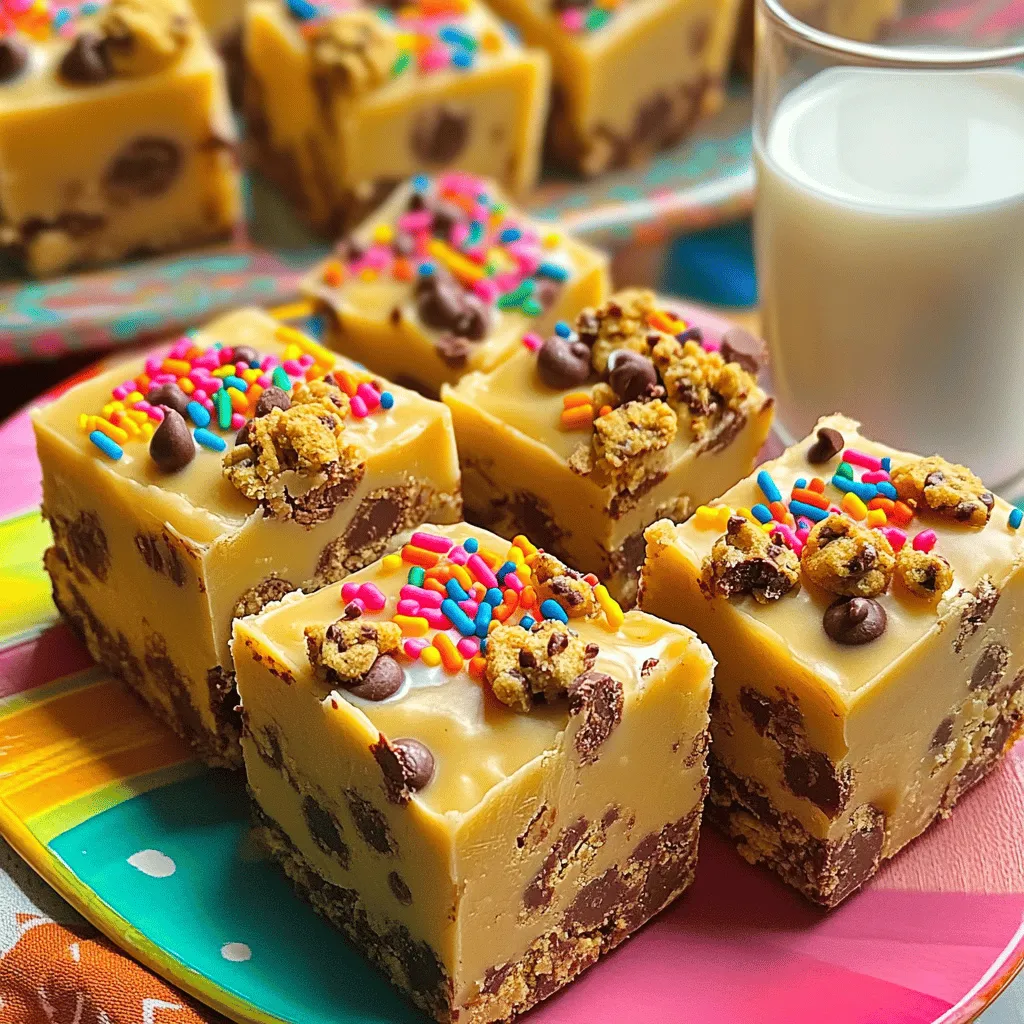 To make Milk and Cookies Fudge, you will need: - 1 cup sweetened condensed milk - 2 cups white chocolate chips - 1 cup crushed chocolate chip cookies - 1/2 teaspoon vanilla extract - Pinch of salt - 1/4 cup rainbow sprinkles (for topping) These ingredients work together to create a sweet and creamy treat. The sweetened condensed milk forms the base. The white chocolate chips add smoothness and sweetness. The crushed cookies give texture and flavor. Vanilla extract enhances the taste, while a pinch of salt balances the sweetness. Rainbow sprinkles add a fun and colorful touch. You can easily swap some ingredients if you need to. - Alternative sweeteners: You can use honey or maple syrup instead of sweetened condensed milk for a different taste. - Different types of chocolate: If you prefer, use milk chocolate or dark chocolate chips. Each will give a unique flavor. - Types of cookies to use: You can try other cookies like Oreo or peanut butter cookies. Each will create a unique fudge flavor. To prepare your fudge, you will need a few simple tools: - Medium saucepan - 8-inch square baking dish - Rubber spatula Using the right tools makes the process easier. A medium saucepan helps melt the chocolate evenly. An 8-inch baking dish is perfect for setting the fudge. A rubber spatula is great for mixing and spreading the fudge smoothly. For the full recipe, check out the detailed steps to create this tasty treat! Choose an 8-inch square baking dish for the best shape. This size helps the fudge set evenly. Next, line the dish with parchment paper. Leave some paper hanging over the sides. This makes it easy to lift the fudge out later. Use low heat when melting the chocolate. High heat can burn the chocolate and ruin the fudge. Stir the mixture often. This helps it melt evenly and become smooth. If you notice lumps, keep stirring. The goal is to have a creamy texture. Once the chocolate is smooth, remove it from the heat. Stir in the vanilla extract and a pinch of salt. This adds depth to the flavor. Now, fold in the crushed chocolate chip cookies. Make sure they are evenly distributed. Pour the mixture into the prepared pan. Use a rubber spatula to spread it out evenly. This ensures every bite is delicious. To make the best milk and cookies fudge, avoid common mistakes. One big mistake is cooking at too high a heat. This can burn the chocolate. Instead, keep the heat low. It helps the chocolate melt without clumping. Monitor the cooking temperature closely. Use a thermometer to check the heat. The ideal temperature is around 120°F. This keeps the chocolate smooth and creamy. You can serve fudge in fun ways. Cut it into small squares and place them on a colorful plate. This makes a great display. You can also garnish each piece with extra sprinkles for a pop of color. Pair the fudge with a glass of milk. It creates a fun "cookies and milk" theme. You can also serve it with coffee or tea. The rich flavors go well together. To boost the flavor of your fudge, try different extract options. Almond extract adds a lovely twist. You can also use peppermint for a fresh taste. Adding spices can change the whole vibe. A pinch of cinnamon or nutmeg can make your fudge special. Experiment with what you love. Each small change can lead to great results! {{image_2}} You can use different types of chocolate for your fudge. Milk chocolate adds a sweeter taste, while dark chocolate gives a richer flavor. Both options work well with the other ingredients. You can also swirl in peanut butter. This adds a creamy texture and a nutty taste. Just drop spoonfuls of peanut butter into the fudge and swirl with a knife for a fun pattern. Try using different cookie types to change the flavor. Oreos, peanut butter cookies, or even snickerdoodles work great. Each cookie brings its own twist to the fudge. You can also add nuts or dried fruit. Walnuts, almonds, or raisins add a nice crunch and extra flavor. Just make sure to chop the nuts finely so they mix well. You can make your fudge fit special occasions. Use holiday-themed sprinkles for a festive look. Red and green for Christmas or pastel colors for Easter make it fun. Also, play with flavor combinations. Try adding peppermint extract for winter holidays or orange zest for summer parties. These small changes can make your fudge stand out at any event. To keep your milk and cookies fudge fresh, store it in an airtight container. This will help maintain its taste and texture. You can use a glass or plastic container with a tight lid. If you don’t have one, wrap the fudge tightly in plastic wrap. Make sure no air can get in, as this can cause it to dry out. When stored correctly, your fudge will last about one week at room temperature. If you keep it in the fridge, it can last up to two weeks. Always check for freshness. Signs that your fudge is still good include a soft texture and a sweet smell. If it feels hard or has a strange odor, it’s best to throw it away. You can freeze your fudge if you want to keep it longer. To freeze, cut the fudge into squares and place them in a single layer on a baking sheet. Freeze for about two hours, then transfer the pieces to an airtight container or freezer bag. This will prevent them from sticking together. When you want to eat the fudge, remove it from the freezer. Let it thaw in the fridge for a few hours. For the best taste, avoid thawing it in the microwave, as that can change the texture. Enjoy your delicious treat any time! Yes, you can use different types of milk. Almond milk or coconut milk works well. They give a nice flavor too. Just make sure they are unsweetened. This way, your fudge stays sweet and tasty. The fudge needs to chill for at least 2 hours. Chilling helps it set properly. This gives the fudge its nice texture. If you skip this step, your fudge may end up too soft. You can make this fudge ahead of time. It is perfect for parties or special events. Just store it in an airtight container. This keeps it fresh until you are ready to serve. If your fudge is too soft, try chilling it longer. This can help it firm up. You can also add more crushed cookies to thicken it. If it’s still too soft, consider melting it again and adding more chocolate. This blog post covered how to make a delicious fudge using simple ingredients. You learned about the perfect blend of sweetened condensed milk, chocolates, and cookies. I shared tips for making great fudge, including storage and variations. Experimenting with flavors can take your fudge to the next level. Remember, enjoy the process! Making fudge should be fun and rewarding. With these tips, you can create a treat your friends and family will love. Happy baking!