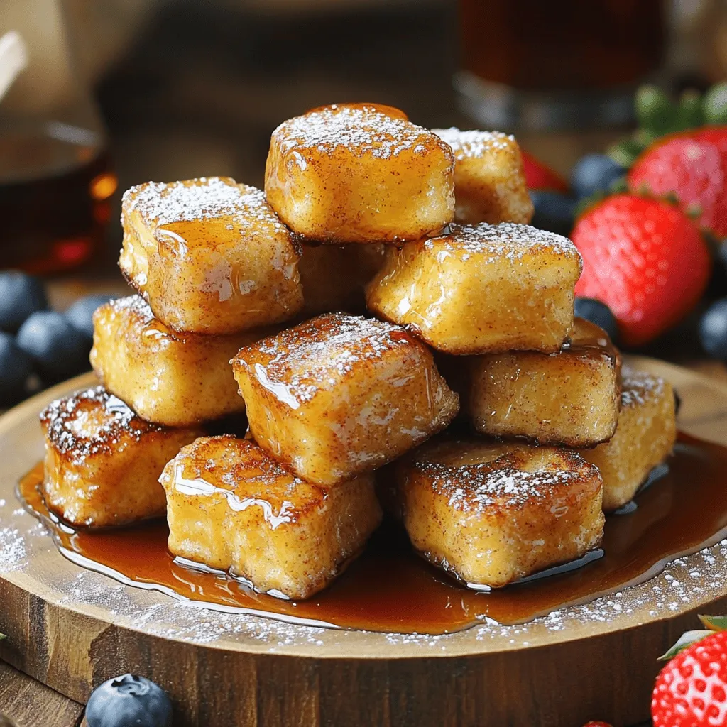 To make Cinnamon Roll French Toast Bites, you need simple, tasty items. Here’s what you will need: - 4 cinnamon rolls (store-bought or homemade) - 3 large eggs - ½ cup milk (dairy or non-dairy) These main ingredients form the base of the dish. The cinnamon rolls bring sweetness and flavor, while the eggs and milk create a rich coating. To boost the taste, add these flavor enhancers: - 1 teaspoon vanilla extract - 1 teaspoon ground cinnamon - ¼ teaspoon nutmeg (optional) The vanilla extract adds depth. Ground cinnamon gives that warm spice, while nutmeg can add a hint of warmth, if you choose to use it. You will need a few cooking essentials to bring it all together: - 2 tablespoons butter (for cooking) - Maple syrup (for serving) - Powdered sugar (for dusting) Butter helps to create a golden crust when frying. Maple syrup adds sweetness, and powdered sugar gives that beautiful finish. For the full recipe, check out the detailed instructions. Start by taking your cinnamon rolls and cutting each one into 6 bite-sized pieces. This makes them easy to cook and eat. You want small chunks that soak up the egg mixture well. Make sure to use a sharp knife for clean cuts. This will help the pieces to hold their shape while cooking. In a large mixing bowl, whisk together the following ingredients: - 3 large eggs - ½ cup milk (dairy or non-dairy) - 1 teaspoon vanilla extract - 1 teaspoon ground cinnamon - ¼ teaspoon nutmeg (optional) Mix these until they are well combined. The eggs and milk create a rich coating that will make the bites flavorful. The vanilla and spices add a nice touch to the taste. Heat a large skillet or griddle over medium heat. Add 1 tablespoon of butter and let it melt. Once hot, dip each piece of cinnamon roll into the egg mixture. Make sure to coat them well but avoid soaking them too long. Place the coated pieces in a single layer in the skillet. Cook for about 2-3 minutes on each side until they turn golden brown and slightly crispy. After cooking the first batch, add the remaining tablespoon of butter to the skillet. Repeat the process with the leftover pieces. Once all bites are cooked, arrange them on a serving platter. Dust them with powdered sugar and serve warm with maple syrup drizzled on top. For the full recipe, you can refer to the earlier section. Enjoy! To ensure even cooking, use a medium heat. This helps the bites cook through without burning. Dip each cinnamon roll piece quickly into the egg mixture. Avoid soaking them too long to prevent sogginess. Fry the bites in a single layer. This lets them brown nicely. If your skillet is crowded, cook in batches. Keep the cooked bites warm in an oven set to low until ready to serve. For an attractive dish, stack the French toast bites on a plate. Drizzle warm maple syrup over them right before serving. Dust with powdered sugar for a sweet touch. Add fresh fruit like strawberries or blueberries around the bites. This not only adds color but also fresh flavor. If you want a dairy-free option, use almond or oat milk instead of regular milk. For gluten-free bites, choose gluten-free cinnamon rolls. These swaps keep all the taste while meeting different needs. You can enjoy these bites no matter your dietary preferences. For more ideas, check the Full Recipe. {{image_2}} You can spice up your Cinnamon Roll French Toast Bites by adding chocolate chips or nuts. Chocolate chips melt and add a sweet, gooey touch. Just sprinkle them on the cinnamon roll pieces before dipping them in the egg mixture. Walnuts or pecans bring a nice crunch. They also add healthy fats and protein. You can mix and match to suit your taste! Change the flavor based on the season. In fall, add a pinch of pumpkin spice or a bit of apple pie filling. In summer, fresh berries like blueberries or strawberries can brighten the bites. These fruits not only taste great but also add color. You can even use sliced bananas for a sweet twist. Just remember to adjust the coating mixture to balance the added moisture. If you want a lighter version, try using low-calorie bread or whole grain cinnamon rolls. You can use egg substitutes like flaxseed meal or applesauce for a vegan option. For the milk, almond or oat milk works well. This keeps the bites tasty without extra calories. You can enjoy these treats while sticking to your diet goals! For more details on making these delightful bites, check out the Full Recipe. To store leftover Cinnamon Roll French Toast Bites, first let them cool down. Place them in an airtight container. You can keep them in the fridge for up to three days. When ready to eat, simply reheat in the microwave. Heat for 20 to 30 seconds. This will warm them without making them too dry. If you want to keep them longer, consider freezing. Arrange the bites in a single layer on a tray. Freeze for about an hour until solid. After that, transfer them to a freezer bag. They can last for up to two months. To reheat, take them out and let them thaw overnight in the fridge. Then, pop them in the oven at 350°F for about 10 minutes. This helps regain a crispy texture. To maintain the texture and flavor, avoid stacking the bites while storing. If they are stacked, they may get soggy. Use parchment paper between layers to keep them from sticking. Always store them in a cool, dry place. This will help keep the flavors bright and enjoyable. Enjoy your sweet bites even after a few days! Can I use leftover cinnamon rolls for this recipe? Yes, you can use leftover cinnamon rolls. This is a great way to avoid waste. Just cut them into bite-sized pieces as you would fresh rolls. The taste will still be delicious, and it adds a fun twist to your breakfast. How long should I cook the bites to ensure they are done? Cook the bites for about 2-3 minutes on each side. You want them golden brown and slightly crispy. Keep an eye on them to avoid burning. If you adjust the heat, check them often to ensure they cook evenly. How many servings does this recipe yield? This recipe yields about 4 servings. Each serving has enough bites for a tasty morning treat. Feel free to double the recipe if you expect more guests or want leftovers! Where to find nutritional details for the Cinnamon Roll French Toast Bites? You can find nutritional details in the Full Recipe section. This includes calories, protein, and other key nutrients. It’s helpful if you're tracking your intake or planning meals. How can I make this recipe more nutritious or lower in sugar? To make it healthier, use whole grain cinnamon rolls or add fruit like bananas or berries. You can also reduce the sugar in the egg mixture. Consider using a sugar substitute for a lower-calorie option. We explored how to make delicious Cinnamon Roll French Toast Bites using simple ingredients. You learned about the key components, flavor enhancers, and essential cooking tips. I shared variations to suit different diets and how to store leftovers for freshness. Remember, the best part of this recipe is that you can customize it to your taste. Enjoy the process and the tasty treat! Your kitchen will smell amazing, and these bites are hard to resist.