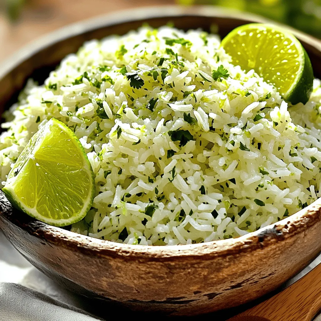 - 1 cup long-grain white rice - 2 cups vegetable broth (or water) - 1/4 cup fresh cilantro, finely chopped - 1 lime, zested and juiced - 1 tablespoon olive oil - 1 small garlic clove, minced - 1/2 teaspoon ground cumin - Salt to taste - Fresh lime wedges for garnish To make zesty cilantro lime rice, you need a few simple ingredients. Start with one cup of long-grain white rice. This rice gives a nice fluffy texture. Next, use two cups of vegetable broth or water to cook the rice. The broth adds rich flavor. You will also need a quarter cup of fresh cilantro, finely chopped. This herb brightens the dish. One lime is important too; zest it and juice it for that zesty flavor. Add a tablespoon of olive oil to sauté the garlic. A small garlic clove, minced, adds depth. Half a teaspoon of ground cumin gives warmth. Don’t forget salt to taste. Finally, have fresh lime wedges on the side for serving. These ingredients create a tasty side dish that pairs well with many meals. For the full recipe, check out the details in the cooking section. - Rinsing the rice Rinse the rice under cold water until it runs clear. This step helps remove excess starch. It keeps the rice fluffy and prevents clumping. Make sure to drain it well after rinsing. - Sautéing garlic Heat olive oil in a medium saucepan over medium heat. Add minced garlic to the pan. Sauté for about one minute. You want it to smell fragrant but not brown. This adds a rich flavor to the rice. - Toasting the rice Once the garlic is ready, add the rinsed rice. Toast the rice for about 2-3 minutes. Stir it often to avoid burning. You want it to turn a light golden color. This step deepens the flavor of the rice. - Simmering with broth Pour vegetable broth into the saucepan with the toasted rice. Add ground cumin for extra flavor. Bring the mix to a boil. Then, reduce the heat to low and cover. Let it simmer for 18-20 minutes. The rice will absorb the liquid and become fluffy. - Adding lime and cilantro After cooking, let the rice sit covered for 5 minutes. This helps it finish cooking. Then, fluff it gently with a fork. Add lime juice, lime zest, and chopped cilantro. Stir carefully to mix everything well. - Fluffing and seasoning Taste the rice and add salt as needed. Serve it warm with fresh lime wedges on the side. This adds a fresh burst of flavor. You can find the full recipe above for more details. Enjoy your zesty cilantro lime rice! To achieve fluffy rice, rinse the rice well. Rinsing removes excess starch. This step prevents the rice from clumping together. It also helps each grain stay separate and light. After rinsing, be sure to drain it well. This keeps the right water ratio when cooking. When cooking, toasting the rice adds flavor. Heat olive oil over medium heat. Add the rinsed rice and stir for a few minutes. This will give it a nice golden color. Then, add your broth. The right cooking time is key. Let it simmer until the liquid is absorbed. To enhance the flavor, adjust lime and cilantro to your taste. Fresh lime juice brightens the dish. Zest adds a punch of citrus. Start with the juice of one lime. Tweak it for more zing if needed. Cilantro adds a fresh, herbal note. If you love cilantro, add more! You can also mix in spices for a twist. Ground cumin adds warmth. For extra kick, try a pinch of chili powder. You can also use garlic powder for a different flavor. For the Full Recipe, check the instructions above. Enjoy experimenting with these tips! {{image_2}} You can switch the rice for a healthier choice. Brown rice works great in this recipe. It gives a nutty flavor and a chewy texture. Just remember, brown rice takes longer to cook, about 40-45 minutes. Use two and a half cups of broth for best results. Quinoa is another good option. It cooks faster than brown rice and is full of protein. Use the same amount of quinoa as rice, but reduce the broth to one and a half cups. This will keep it from being too watery. Want some heat? Add jalapeños! Chop fresh jalapeños and mix them in with the rice. Start with one pepper, and adjust based on your spice level. This adds a nice kick that pairs well with lime. You can also play with herbs. Try adding parsley or mint along with the cilantro. These herbs will bring new flavors to your rice. Just chop them finely and mix them in at the end for a fresh taste. For the full recipe, check out the Zesty Cilantro Lime Rice details above. To store leftovers, let the rice cool first. Place it in an airtight container. It will stay fresh for up to four days in the fridge. Always label your container with the date. This helps you know when to use it. For fresh cilantro, wrap it in a damp paper towel. Place it in a sealed bag. This keeps it moist and fresh for about a week. You can freeze cooked rice for later use. Allow it to cool completely before you freeze it. Place it in a freezer-safe bag, pressing out the air. This helps prevent freezer burn. It will last for up to three months in the freezer. When you’re ready to eat, thaw it in the fridge overnight. Reheat it in a microwave or on the stovetop. Add a splash of water to keep it moist. For the full recipe, check out the Zesty Cilantro Lime Rice section above. Zesty Cilantro Lime Rice pairs well with many dishes. You can serve it with tacos, grilled chicken, or shrimp. It also complements beans and roasted veggies. This rice adds a fresh kick to any meal. You can use dried cilantro, but fresh is best. Dried cilantro has less flavor and aroma. If you must use dried, use less. About one tablespoon of dried cilantro equals one-fourth cup of fresh. To make more, simply double or triple the ingredients. Keep the same cooking method. For four servings, use one cup of rice. For eight servings, use two cups. Adjust broth and spices accordingly. You can pair this rice with grilled fish, chicken fajitas, or chili. It also goes well with salsa or guacamole. Consider serving it with a fresh salad for a complete meal. Enjoy your flavorful creations! For the complete recipe, check out the Full Recipe. This blog post covered everything you need to make Zesty Cilantro Lime Rice. You learned about the important ingredients and how to prepare them. We explored cooking steps, tips for perfect texture, and ways to enhance flavors. You can use different rice and herbs for a twist. Finally, I shared how to store and reheat leftovers safely. Embrace these tips to enjoy a tasty side dish every time. Let great flavors inspire your next meal!