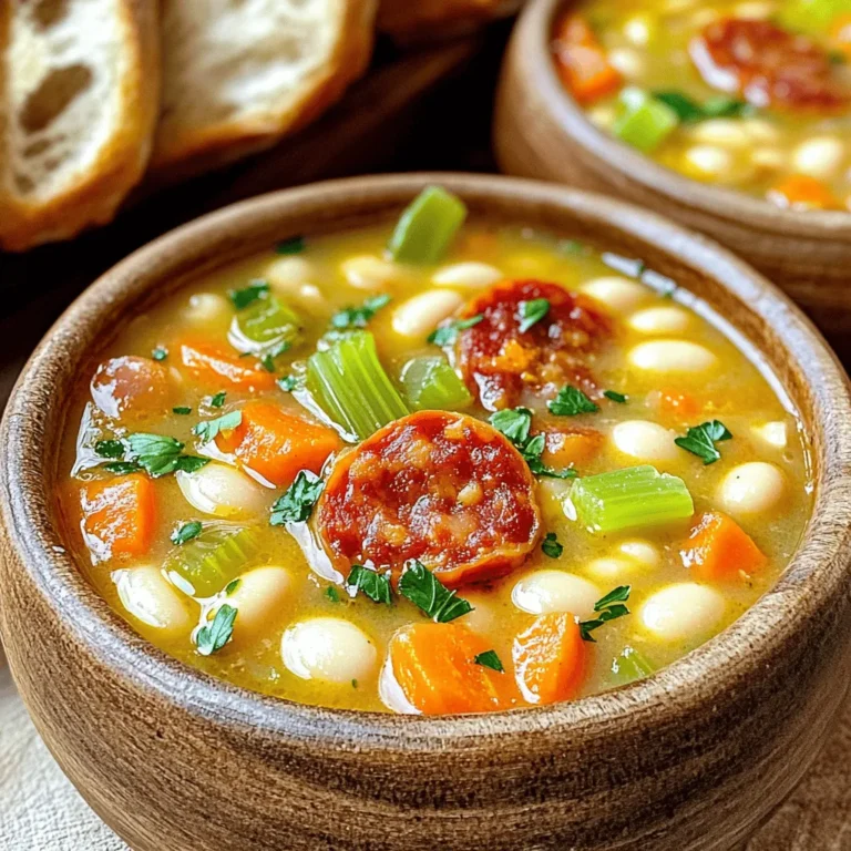 - 200g chorizo sausage, sliced - 1 onion, diced - 3 cloves garlic, minced - 1 carrot, diced - 2 stalks celery, diced - 400g can of white beans (like cannellini or great northern), drained and rinsed - 4 cups vegetable broth Chorizo gives this soup its rich flavor. It has a spicy kick that draws you in. White beans add creaminess and make the soup filling. You can use cannellini or great northern beans. Both work well here. Fresh vegetables like onion, garlic, carrot, and celery add depth and sweetness. - 1 teaspoon smoked paprika - 1/2 teaspoon ground cumin - 1 bay leaf - Salt and pepper to taste Seasonings are key to great flavor. Smoked paprika adds a warm, smoky taste. Ground cumin brings a earthy note. The bay leaf enhances the overall aroma. Don’t forget to season with salt and pepper. This helps balance all the flavors. - Fresh parsley for garnish - Juice of 1 lemon for brightness You can garnish with fresh parsley. It adds a pop of color and freshness. A squeeze of lemon juice brightens the soup. This little touch lifts the dish to a new level. For the full experience, check the Full Recipe. 1. Start by heating the olive oil in a large pot over medium heat. 2. Add the sliced chorizo and cook it until it turns crispy. This should take about 5 minutes. 3. Once crispy, remove the chorizo from the pot and set it aside. The oil left in the pot is full of flavor. This is the base for your soup. 1. Next, add the diced onion, carrot, and celery to the pot. 2. Sauté these vegetables for about 5-7 minutes. You want the onion to become soft and see-through. 3. Now, stir in the minced garlic, smoked paprika, and ground cumin. Cook this mix for another 1-2 minutes. The smell will be amazing! This step builds the soup's flavor. The spices add warmth and depth. 1. Return the crispy chorizo to the pot. 2. Add the rinsed white beans and vegetable broth along with the bay leaf. 3. Bring the mix to a gentle boil. Once boiling, lower the heat and let it simmer for about 30 minutes. This simmering time allows all the flavors to blend together beautifully. 4. After 30 minutes, taste and season with salt and pepper. 5. Don’t forget to remove the bay leaf before serving! Just before serving, stir in fresh lemon juice. This adds a nice bright taste. For a complete meal, serve with crusty bread. Enjoy every bite! You can find the Full Recipe for more details. To enhance your Chorizo White Bean Soup, adjust the seasoning. Add salt and pepper little by little. Taste after each addition. You want a balance that suits your palate. Simmering is key for flavor. Cook the soup for at least 30 minutes. This time allows the ingredients to blend well. The longer it simmers, the better the flavor. Garnish your soup with fresh parsley. This adds a pop of color and freshness. Just chop some parsley and sprinkle it on top before serving. Serve your soup with crusty bread on the side. The bread complements the soup well. You can use it to soak up every last drop. One common mistake is overcooking the vegetables. Aim for a tender texture, not mushy. Keep an eye on them while sautéing. Another mistake is not draining the beans properly. Rinse them well to remove excess sodium. This step keeps your soup from getting too salty. {{image_2}} You can change the beans in this soup. Try black beans or pinto beans. Each type adds a different taste. You can also use lentils for a twist. If you can’t find chorizo, use Italian sausage. It has a nice flavor too. You can even try turkey sausage for a lighter option. For a vegan twist, use plant-based sausage. Many brands offer great flavors. You can also skip the sausage entirely. Use more spices to bring out the taste. Smoked paprika and cumin work well. Adding some liquid smoke can give you that smoky flavor without meat. Want to boost the nutrition? Toss in some spinach or kale. They add color and vitamins. You can also add bell peppers for sweetness. Try different spices like chili flakes for heat. If you like a bit of zing, add a splash of vinegar too. For the full recipe, check out the [Full Recipe]. After you make Chorizo White Bean Soup, let it cool. Store leftovers in an airtight container. This keeps the soup fresh and tasty. You can keep it in the fridge for up to four days. When you want to reheat it, pour the soup into a pot. Heat it on medium, stirring often. You can also use the microwave. Just heat it in short bursts and stir in between to ensure even warming. To freeze the soup, let it cool completely first. Then, pour it into freezer-safe containers. Make sure to leave some space at the top. The soup expands when frozen. You can freeze Chorizo White Bean Soup for up to three months. When ready to eat, take it out of the freezer. Thaw it overnight in the fridge. For reheating, use a pot on low heat or the microwave. Stir occasionally until it's hot throughout. Chorizo White Bean Soup lasts about four days in the fridge. If you freeze it, it can stay good for up to three months. Just remember to check for any signs of freezer burn if it’s been in there a while. Enjoy your soup at its best by following these storage tips! Making Chorizo White Bean Soup takes about 40 minutes total. - Prep time: 10 minutes - Cook time: 30 minutes You chop the veggies and slice the chorizo in the prep time. The cook time includes browning the chorizo and simmering the soup. In just over half an hour, you have a hearty meal. Yes, you can make this soup ahead of time. It stores well in the fridge. - Best practices: - Allow the soup to cool before storing it. - Use an airtight container. - It can last up to 4 days in the fridge. For meal prep, you can cook a big batch. Reheat it on the stove or in the microwave when you’re ready to enjoy it. Chorizo White Bean Soup can be a healthy meal choice. It has many nutritious ingredients. - Nutritional highlights: - Chorizo offers protein and flavor. - White beans are high in fiber and protein. - Vegetables add vitamins and minerals. This soup is filling yet packed with nutrients. It can fit well in a balanced diet when enjoyed in moderation. For the full recipe, check out the details above. Chorizo White Bean Soup blends rich flavors and healthy ingredients. I covered the key components: chorizo, beans, and seasonings. We explored how to prepare, sauté, and simmer these ingredients. Adding tips helped ensure great flavor, while variations cater to different diets. Proper storage keeps leftovers fresh for later enjoyment. This soup is easy to make and perfect for sharing. Dive into making this tasty dish and enjoy every bowl!