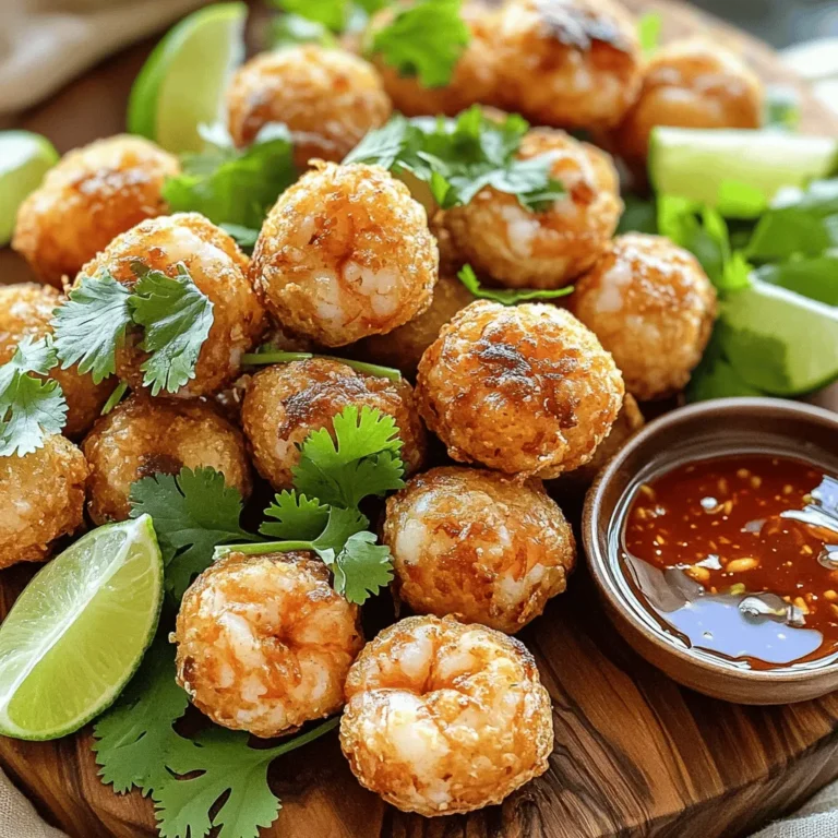 - 1 pound large shrimp, peeled and deveined - 1 cup breadcrumbs (preferably panko for extra crunch) - 1/2 cup finely chopped green onions - 1/4 cup fresh cilantro, chopped - 1/2 cup sweet chili sauce - 1 tablespoon rice vinegar - 1 teaspoon sesame oil - 1 egg, lightly beaten - 2 cloves garlic, minced - 1 teaspoon ginger, grated - Salt and pepper to taste - Oil for frying I love using fresh shrimp for this recipe. The shrimp adds a sweet and juicy taste. Panko breadcrumbs give the shrimp balls that perfect crunch. You can find panko at any store. Fresh green onions and cilantro bring a bright flavor. They also add color to your dish. For the sweet chili sauce, I prefer store-bought options. They are easy and tasty. You can mix the sauce with rice vinegar and sesame oil. This combo gives a nice balance of sweet and tangy. When frying, use a good amount of oil. This helps cook the shrimp balls evenly. Be sure to check the temperature of your oil. It should be hot but not smoking. This ensures a crispy outside and a juicy inside. For a delightful treat, follow the full recipe for Crispy Shrimp Balls with Sweet Chili Sauce. Enjoy the process and the delicious outcome! To make great crispy shrimp balls, start with the shrimp. Chop the shrimp into small pieces. You can also use a food processor to make this easier. Pulse the shrimp until it is coarsely minced. This gives the right texture for the balls. Transfer the chopped shrimp to a large mixing bowl. Next, you will mix all the ingredients. Add the breadcrumbs, green onions, cilantro, egg, garlic, ginger, soy sauce, salt, and pepper to the bowl. Mix everything well. You want a thick mixture that holds together. If it feels too wet, add a bit more breadcrumbs. If it's too dry, add a little water or another egg. Now comes the fun part—frying! Heat enough oil in a large pan over medium heat. You need about two inches of oil. Wait until the oil is hot but not smoking. To check, drop a small piece of the mixture into the oil. If it sizzles, you’re ready. Carefully add the shrimp balls, but don’t overcrowd the pan. Fry them in batches. This helps them cook evenly. Fry until they are golden brown and crispy, about four to five minutes. Use a slotted spoon to remove them and let them drain on paper towels. Enjoy the smell! For the full recipe, see the details above. To get that crunch, use panko breadcrumbs. They are light and airy. This helps create a golden crust. Regular breadcrumbs don’t provide the same crunch. Frying at the right temperature is key. Heat your oil to around 350°F. If it’s too hot, the outside burns. If it’s too cool, the shrimp balls soak up oil. Want a little kick? Add spices like cayenne or paprika to the mix. This will give your shrimp balls extra flavor. Balancing your sauces is also important. The sweet chili sauce pairs well with a splash of rice vinegar. This cuts through the sweetness and adds a tangy note. One big mistake is overmixing the shrimp mixture. This can make the texture tough. Mix just until combined. Another error is frying at the wrong oil temperature. Always check the heat before frying. If you follow these tips, you’ll create delicious shrimp balls every time. For the complete recipe, check the Full Recipe section. {{image_2}} You can swap shrimp for chicken or tofu. For chicken, use ground chicken to keep the texture similar. Just mix it the same way as shrimp. If you prefer tofu, use firm tofu. Mash the tofu well and follow the same steps. You can pair shrimp balls with many sauces. Try soy sauce, garlic sauce, or even a spicy sriracha. To present your shrimp balls, use a colorful platter. Add lime wedges and fresh herbs for a pop of color. You could also serve them in small cups for fun! Incorporating local spices can add depth. If you love heat, try adding cayenne or chili flakes. For a sweet twist, adjust the sweetness of the sauce. You can mix in honey or brown sugar to taste. This way, everyone can enjoy their own flavor! To store leftover crispy shrimp balls, place them in an airtight container. Make sure they are completely cool before sealing the container. This method prevents moisture buildup and keeps them crisp. They will last for 2 to 3 days in the fridge. If you want to enjoy them later, consider freezing them instead. You can freeze both uncooked and cooked shrimp balls. For uncooked shrimp balls, arrange them on a baking sheet and freeze them until firm. After that, transfer them to a freezer bag. This method helps keep their shape. Cooked shrimp balls can be frozen too. Just place them in a container after they have cooled. They will stay good for 1 to 2 months. When reheating, keep the texture in mind. For best results, reheat cooked shrimp balls in an oven at 375°F (190°C). This will help restore their crispiness. Avoid using the microwave, as it can make them soggy. For meal planning, I suggest serving about 4 to 6 shrimp balls per person. This portion works well as an appetizer or a main dish. If you’re prepping for a party, consider doubling the recipe. Best practices for meal prep include freezing portions. You can make a big batch of shrimp balls, freeze them, and cook them as needed. This method saves time and allows you to enjoy a tasty treat whenever you want. For the full recipe, check the earlier section. Yes, you can make shrimp balls ahead of time. To do this, follow these tips: - Prep in Advance: Mix your shrimp ball mixture and shape it into balls. - Chill: Place them on a tray and chill in the fridge for up to 2 hours. - Store: If you want to keep them longer, freeze the uncooked shrimp balls on a tray. Once frozen, transfer them to a freezer bag. They will last up to 2 months. - Cooking Later: When ready to cook, fry them straight from the freezer. Just add a few extra minutes to the cooking time. If you need a substitute for sweet chili sauce, try these options: - Sriracha and Honey: Mix equal parts for a spicy-sweet flavor. - Thai Chili Paste: This adds heat and sweetness, perfect for dipping. - Soy Sauce and Brown Sugar: Mix these for a savory and sweet option. Each alternative will change the flavor a bit, but they all work well with the shrimp balls. You can tell if your shrimp balls are ready by looking for these signs: - Color: They should be golden brown. - Time: Fry them for about 4-5 minutes per batch. - Texture: They will feel firm to the touch and crispy on the outside. Using these indicators will help ensure your shrimp balls are cooked perfectly every time. You now have all the tools to make crispy shrimp balls. We talked about the key ingredients and the step-by-step prep. You learned tips to get the best texture and flavor. I also shared fun variations and storage advice. Take these ideas and try them out. Enjoy your cooking and impress your friends with your shrimp balls!