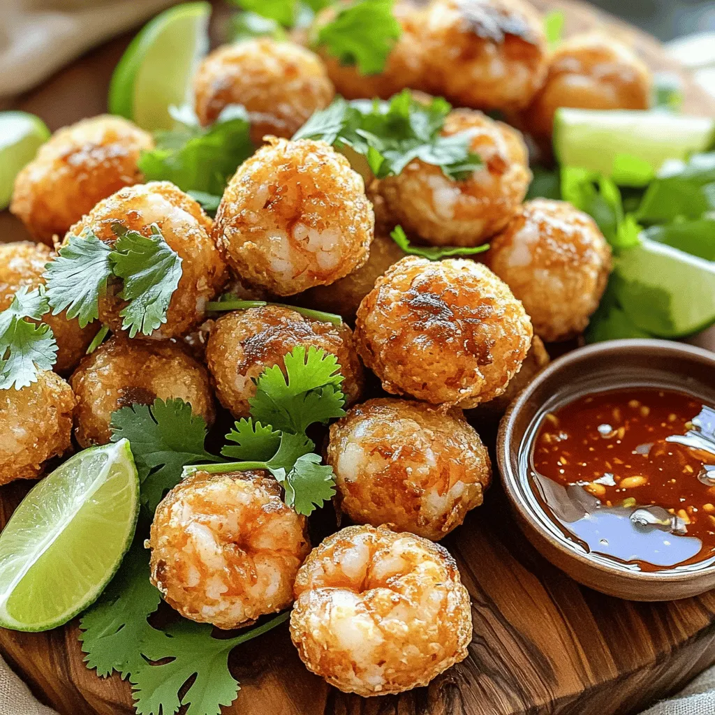 - 1 pound large shrimp, peeled and deveined - 1 cup breadcrumbs (preferably panko for extra crunch) - 1/2 cup finely chopped green onions - 1/4 cup fresh cilantro, chopped - 1/2 cup sweet chili sauce - 1 tablespoon rice vinegar - 1 teaspoon sesame oil - 1 egg, lightly beaten - 2 cloves garlic, minced - 1 teaspoon ginger, grated - Salt and pepper to taste - Oil for frying I love using fresh shrimp for this recipe. The shrimp adds a sweet and juicy taste. Panko breadcrumbs give the shrimp balls that perfect crunch. You can find panko at any store. Fresh green onions and cilantro bring a bright flavor. They also add color to your dish. For the sweet chili sauce, I prefer store-bought options. They are easy and tasty. You can mix the sauce with rice vinegar and sesame oil. This combo gives a nice balance of sweet and tangy. When frying, use a good amount of oil. This helps cook the shrimp balls evenly. Be sure to check the temperature of your oil. It should be hot but not smoking. This ensures a crispy outside and a juicy inside. For a delightful treat, follow the full recipe for Crispy Shrimp Balls with Sweet Chili Sauce. Enjoy the process and the delicious outcome! To make great crispy shrimp balls, start with the shrimp. Chop the shrimp into small pieces. You can also use a food processor to make this easier. Pulse the shrimp until it is coarsely minced. This gives the right texture for the balls. Transfer the chopped shrimp to a large mixing bowl. Next, you will mix all the ingredients. Add the breadcrumbs, green onions, cilantro, egg, garlic, ginger, soy sauce, salt, and pepper to the bowl. Mix everything well. You want a thick mixture that holds together. If it feels too wet, add a bit more breadcrumbs. If it's too dry, add a little water or another egg. Now comes the fun part—frying! Heat enough oil in a large pan over medium heat. You need about two inches of oil. Wait until the oil is hot but not smoking. To check, drop a small piece of the mixture into the oil. If it sizzles, you’re ready. Carefully add the shrimp balls, but don’t overcrowd the pan. Fry them in batches. This helps them cook evenly. Fry until they are golden brown and crispy, about four to five minutes. Use a slotted spoon to remove them and let them drain on paper towels. Enjoy the smell! For the full recipe, see the details above. To get that crunch, use panko breadcrumbs. They are light and airy. This helps create a golden crust. Regular breadcrumbs don’t provide the same crunch. Frying at the right temperature is key. Heat your oil to around 350°F. If it’s too hot, the outside burns. If it’s too cool, the shrimp balls soak up oil. Want a little kick? Add spices like cayenne or paprika to the mix. This will give your shrimp balls extra flavor. Balancing your sauces is also important. The sweet chili sauce pairs well with a splash of rice vinegar. This cuts through the sweetness and adds a tangy note. One big mistake is overmixing the shrimp mixture. This can make the texture tough. Mix just until combined. Another error is frying at the wrong oil temperature. Always check the heat before frying. If you follow these tips, you’ll create delicious shrimp balls every time. For the complete recipe, check the Full Recipe section. {{image_2}} You can swap shrimp for chicken or tofu. For chicken, use ground chicken to keep the texture similar. Just mix it the same way as shrimp. If you prefer tofu, use firm tofu. Mash the tofu well and follow the same steps. You can pair shrimp balls with many sauces. Try soy sauce, garlic sauce, or even a spicy sriracha. To present your shrimp balls, use a colorful platter. Add lime wedges and fresh herbs for a pop of color. You could also serve them in small cups for fun! Incorporating local spices can add depth. If you love heat, try adding cayenne or chili flakes. For a sweet twist, adjust the sweetness of the sauce. You can mix in honey or brown sugar to taste. This way, everyone can enjoy their own flavor! To store leftover crispy shrimp balls, place them in an airtight container. Make sure they are completely cool before sealing the container. This method prevents moisture buildup and keeps them crisp. They will last for 2 to 3 days in the fridge. If you want to enjoy them later, consider freezing them instead. You can freeze both uncooked and cooked shrimp balls. For uncooked shrimp balls, arrange them on a baking sheet and freeze them until firm. After that, transfer them to a freezer bag. This method helps keep their shape. Cooked shrimp balls can be frozen too. Just place them in a container after they have cooled. They will stay good for 1 to 2 months. When reheating, keep the texture in mind. For best results, reheat cooked shrimp balls in an oven at 375°F (190°C). This will help restore their crispiness. Avoid using the microwave, as it can make them soggy. For meal planning, I suggest serving about 4 to 6 shrimp balls per person. This portion works well as an appetizer or a main dish. If you’re prepping for a party, consider doubling the recipe. Best practices for meal prep include freezing portions. You can make a big batch of shrimp balls, freeze them, and cook them as needed. This method saves time and allows you to enjoy a tasty treat whenever you want. For the full recipe, check the earlier section. Yes, you can make shrimp balls ahead of time. To do this, follow these tips: - Prep in Advance: Mix your shrimp ball mixture and shape it into balls. - Chill: Place them on a tray and chill in the fridge for up to 2 hours. - Store: If you want to keep them longer, freeze the uncooked shrimp balls on a tray. Once frozen, transfer them to a freezer bag. They will last up to 2 months. - Cooking Later: When ready to cook, fry them straight from the freezer. Just add a few extra minutes to the cooking time. If you need a substitute for sweet chili sauce, try these options: - Sriracha and Honey: Mix equal parts for a spicy-sweet flavor. - Thai Chili Paste: This adds heat and sweetness, perfect for dipping. - Soy Sauce and Brown Sugar: Mix these for a savory and sweet option. Each alternative will change the flavor a bit, but they all work well with the shrimp balls. You can tell if your shrimp balls are ready by looking for these signs: - Color: They should be golden brown. - Time: Fry them for about 4-5 minutes per batch. - Texture: They will feel firm to the touch and crispy on the outside. Using these indicators will help ensure your shrimp balls are cooked perfectly every time. You now have all the tools to make crispy shrimp balls. We talked about the key ingredients and the step-by-step prep. You learned tips to get the best texture and flavor. I also shared fun variations and storage advice. Take these ideas and try them out. Enjoy your cooking and impress your friends with your shrimp balls!