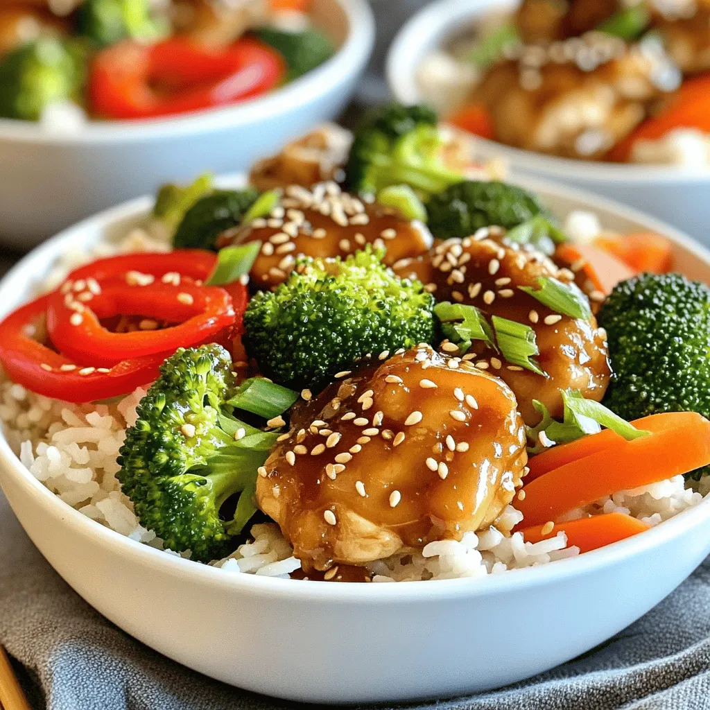 - Chicken and Vegetables For this dish, I use 1 pound of boneless, skinless chicken thighs. They stay juicy and tender. You also need a bell pepper, broccoli florets, and a carrot. Slice the bell pepper and thinly slice the carrot. The broccoli adds great color and crunch. - Teriyaki Sauce Components The teriyaki sauce is a mix of flavors. You will need ½ cup of low-sodium soy sauce. It adds salt and depth. Next, add ¼ cup of honey for sweetness. You also need 2 tablespoons of rice vinegar for acidity. Don't forget 2 cloves of minced garlic and 1 teaspoon of grated ginger. They both bring a nice zing. Finally, sprinkle in 1 tablespoon of sesame seeds for garnish. - Rice Options You can serve this dish over cooked rice. White or brown rice works well. The rice serves as a base and soaks up the sauce. For a full recipe, check out the detailed instructions above. To make the teriyaki sauce, grab a medium bowl. Mix these ingredients well: - ½ cup low-sodium soy sauce - ¼ cup honey - 2 tablespoons rice vinegar - 2 cloves garlic, minced - 1 teaspoon ginger, grated This sauce gives your chicken a sweet and salty taste. Set the bowl aside for later. Now, heat 2 tablespoons of vegetable oil in a large pan over medium-high heat. Once the oil is hot, add 1 pound of diced chicken thighs. Cook them for about 5 to 7 minutes. You want the chicken to turn golden brown and be fully cooked. After the chicken is cooked, pour the teriyaki sauce over it. Let it simmer for 2 to 3 minutes. Stir occasionally. This step helps the sauce thicken and flavor the chicken. While the chicken simmers, prepare your veggies. Add 1 sliced bell pepper, 1 cup of broccoli florets, and 1 thinly sliced carrot to the pan. Stir everything together and cook for another 3 to 4 minutes. You want the veggies to stay tender yet crisp. Now, it’s time to build your bowl! Place a scoop of cooked rice at the bottom. Spoon the teriyaki chicken and veggies over the rice. Don't forget to drizzle any extra sauce from the pan on top. Finish with a sprinkle of sesame seeds and chopped green onions for a pop of flavor and color. Your easy chicken teriyaki bowls are ready to enjoy! For the full recipe, check out the detailed steps above. To make a great teriyaki sauce, start with low-sodium soy sauce. This keeps the flavor strong but not too salty. Mix soy sauce with honey for a sweet touch. Add rice vinegar for brightness. Don’t forget fresh minced garlic and grated ginger. These ingredients add depth and warmth. Whisk them together well and let the sauce sit a bit. This helps the flavors blend together nicely. When cooking chicken, use boneless and skinless thighs. They stay juicy and tender. Cut the chicken into small pieces for even cooking. Heat your pan to medium-high before adding oil. This helps the chicken get a nice brown color. Cook the chicken for about 5-7 minutes. Make sure it is golden brown and cooked all the way through. Pour the teriyaki sauce over the chicken last. Let it simmer to thicken, which adds flavor. You can mix up the veggies in your teriyaki bowl. Bell peppers, broccoli, and carrots work well together. But you can also use snap peas, zucchini, or mushrooms. Just slice them thinly for quick cooking. Stir-fry the veggies until they are tender but still crisp. This keeps the colors bright and the textures fresh. Want to add more flavor? Consider sprinkling sesame seeds or chopped green onions on top. These small touches make your dish look and taste impressive. For the full recipe, check out the complete details above. {{image_2}} You can switch the chicken for other proteins. Try diced beef or shrimp. These options add unique flavors to the bowl. Tofu is a great choice too, giving a nice texture and taste. Just make sure to cook the protein until it’s safe to eat. This way, you keep the dish tasty and healthy. For a vegetarian or vegan dish, use tofu or tempeh. Both of these can absorb flavors well. Marinate them in the teriyaki sauce before cooking. This adds depth to the taste. You can also add more veggies like mushrooms or zucchini. These choices not only boost flavor but also keep it colorful and fun. Get creative with your toppings! Sprinkle sesame seeds, chopped green onions, or even crushed peanuts. You can add fresh herbs like cilantro for a pop of flavor. Sliced avocado or pickled ginger can give a nice twist too. These toppings can change each time you make the dish. It keeps your meals exciting and fresh. You can explore different flavors with each bowl! For a complete guide on making these variations, refer to the Full Recipe. To keep your chicken teriyaki fresh, store leftovers in airtight containers. This helps prevent moisture loss and keeps flavors intact. Allow the dish to cool down before sealing. If you have extra rice, store it separately. This prevents it from becoming soggy. When you're ready to enjoy leftovers, reheat them gently. Use the microwave or a skillet. If using a microwave, cover the bowl to retain moisture. Heat in short bursts, checking often to avoid overcooking. If using a skillet, add a splash of water or soy sauce to keep it moist. Stir occasionally for even heating. Properly stored teriyaki chicken can last in the fridge for 3 to 4 days. If you want it to last longer, consider freezing it. When frozen, it can last for up to 3 months. Just remember to label your containers with dates. This way, you can enjoy your easy chicken teriyaki bowls whenever you like. For the full recipe, check out the instructions above. To make Easy Chicken Teriyaki Bowls from scratch, start with fresh ingredients. First, mix the teriyaki sauce in a bowl. Combine low-sodium soy sauce, honey, rice vinegar, minced garlic, and grated ginger. This sauce brings flavor to your dish. Then, cook diced chicken in vegetable oil until golden brown. Pour the sauce over the chicken and let it simmer. Add your favorite veggies like bell pepper, broccoli, and carrots. Cook until crisp and tender. Serve it all over cooked rice for a hearty meal. For the full recipe, check out the details above. Common mistakes include using too much sauce or overcooking the chicken. Balance the sauce for the best flavor. If the chicken cooks too long, it becomes dry. Always check for doneness with a meat thermometer; it should reach 165°F (75°C). Don't forget to prep your vegetables. Cutting them evenly ensures they cook at the same time. Lastly, avoid skipping the garnishes. Sesame seeds and green onions add great taste and color. Yes, you can freeze Teriyaki Chicken Bowls. First, let the dish cool down completely. Then, place it in an airtight container. You can separate the rice and chicken for better texture. The chicken can last up to three months in the freezer. When you are ready to eat, thaw it overnight in the fridge. Reheat the bowl in a microwave or on the stove until hot. This way, you keep its great taste and texture. You now have a guide for making easy chicken teriyaki bowls. We covered key ingredients, simple steps, and helpful tips. You learned how to make teriyaki sauce and cook chicken perfectly. We also explored fun variations and storage tips. With these insights, you can create delicious meals tailored to your taste. Enjoy experimenting and don’t hesitate to try new ingredients. Happy cooking!