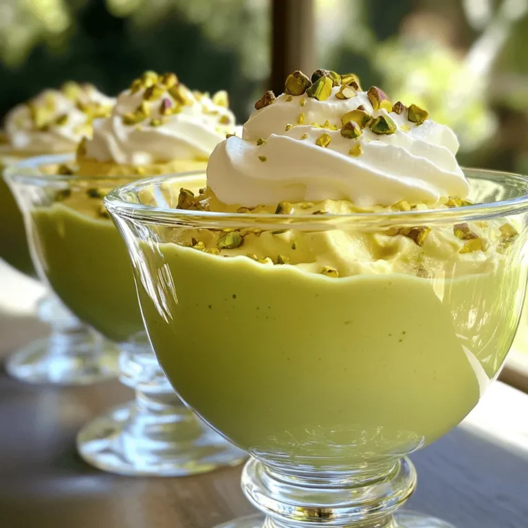 - 1/2 cup unsalted pistachios, shelled and roasted - 2 cups whole milk - 1/2 cup granulated sugar - 3 tablespoons cornstarch - 1/4 teaspoon salt - 1 teaspoon vanilla extract - 2 tablespoons unsalted butter - Optional garnishes: whipped cream and crushed pistachios Gathering fresh ingredients is key to making great pistachio pudding. I always choose roasted, unsalted pistachios for a rich flavor. Whole milk gives the pudding a creamy texture. For sweetness, granulated sugar works best. Cornstarch acts as a thickener, so it’s essential. The salt balances all the flavors well. Vanilla extract adds warmth, while unsalted butter makes it smooth. If you like, top your pudding with whipped cream and crushed pistachios for a nice touch. Using high-quality ingredients makes a big difference in taste. Each bite should burst with flavor. This simple list of ingredients helps you create a delightful dessert at home. No need for fancy store-bought options when you can make this from scratch. Follow along with the Full Recipe to see how these ingredients come together. - Step 1: Finely grind the pistachios. Start by placing them in a food processor. Pulse until they are very fine. You can leave a few bigger bits for a nice texture. - Step 2: Infuse milk with pistachio flavor. In a saucepan, combine the ground pistachios and milk. Heat over medium. Stir often for about 5 minutes. This helps the milk soak up the pistachio flavor. - Step 3: Combine sugar, cornstarch, and salt. In a bowl, whisk together the sugar, cornstarch, and salt. This mixture will help thicken your pudding later. - Add the combined mixture back to the saucepan. After heating the pistachio milk, pour it into the bowl with the sugar blend. Stir constantly to avoid lumps. - Thicken and bubble for 5-7 minutes. Return the mixture to the saucepan. Cook over medium heat, stirring until thick and bubbly. This takes about 5 to 7 minutes. - Stir in vanilla and butter. Once thickened, take it off the heat. Add in the vanilla extract and butter. Stir until creamy and combined. - Pour into serving bowls. Use a ladle to fill small bowls or one big bowl. - Cover and chill in the refrigerator. Use plastic wrap to cover the pudding. Touch the wrap to the surface to stop a skin from forming. - Garnish before serving. When ready to serve, add whipped cream and crushed pistachios on top. This makes it look pretty and tasty. For the complete experience, check out the Full Recipe. Stirring is key for a smooth pudding. Continuous stirring keeps your mixture even. If you stop, lumps may form. For thickening, aim for about 5 to 7 minutes of cooking. You want a nice bubble before removing it from heat. This ensures your pudding has a creamy texture. You can use vanilla extract for a classic taste. If you prefer a twist, try almond extract instead. It gives a lovely nutty flavor. Another fun option is adding a pinch of cardamom. This spice adds warmth and complexity. It pairs well with the pistachios. Prevent lumps by mixing slowly. Always whisk your ingredients well when combining. If you want to avoid skin formation, cover the pudding with plastic wrap. Make sure it touches the surface. This will keep your pudding smooth and creamy. For the full recipe, check out the detailed instructions above. {{image_2}} You can easily change the flavors of your pistachio pudding. Here are two fun ideas: - Chocolate pistachio pudding: Simply add cocoa powder to the mix. Start with 1/4 cup of cocoa powder. Blend it with the sugar, cornstarch, and salt. This adds a rich, chocolatey twist. - Matcha pistachio pudding: For a green tea flavor, mix in matcha powder. Use 1 to 2 teaspoons of matcha. Stir it in with the ground pistachios for a vibrant color and taste. Eating healthy is easy with these swaps: - Dairy-free versions using almond milk: Replace whole milk with almond milk. This change makes the pudding vegan-friendly. It still tastes great and keeps its creamy texture. - Sugar substitutes for healthier options: You can use honey, maple syrup, or stevia instead of sugar. Adjust the amount based on your taste. This keeps the sweetness without extra calories. Pistachio pudding isn't just for eating on its own. Use it in these fun ways: - Incorporating into desserts like cakes or trifles: Layer pistachio pudding in cakes or trifles. It adds a fun flavor and creamy texture. You can alternate layers of pudding and cake for a tasty treat. - Making pistachio pudding parfaits: Create parfaits by layering pudding with fruits and granola. This makes a delightful breakfast or snack. The combination of flavors and textures is simply wonderful. For the full recipe, check out the [Full Recipe]. Store your leftover pistachio pudding in airtight containers. This keeps it fresh and tasty. I recommend eating it within three to five days. If you keep it longer, the flavor may fade. Always check for freshness before enjoying. You can freeze pistachio pudding if you want to save some for later. Pour the pudding into freezer-safe containers. Leave some space at the top, as it will expand when frozen. To thaw, move it to the fridge overnight. Stir well before serving to restore its creamy texture. Pistachio pudding lasts about five days in the fridge. After that, it may lose its taste or texture. Look for signs of spoilage, like an off smell or changes in color. If you notice any of these, it is best to toss it. Enjoy your delicious treat while it's fresh! Pistachio pudding takes about two hours to set in the fridge. This time allows the pudding to thicken properly. For the best texture, leave it in the fridge for at least two hours. You can use either unsalted or salted pistachios in this recipe. However, I recommend unsalted pistachios for better control over sweetness. Salted pistachios may make your pudding taste too savory. The best way to serve pistachio pudding is cold. You can pour it into small bowls. Top each bowl with whipped cream and crushed pistachios. This adds a nice touch and flavor contrast. To make this recipe vegan, swap the whole milk for almond or oat milk. Use vegan butter instead of regular butter. The pudding will taste just as creamy and delicious! You can still enjoy a lovely pistachio flavor with these swaps. For the full recipe, check out the ingredients and steps above. In this post, we covered how to make delicious pistachio pudding. You learned about the key ingredients and step-by-step instructions to create this treat. We discussed tips to achieve the perfect texture and avoid common mistakes. You also discovered flavor variations and storage tips to keep your pudding fresh. Pistachio pudding is flexible and can fit any occasion. You can enjoy it on its own or use it in desserts. Now, you're ready to impress others with your cooking skills!