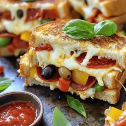 - 4 slices of sourdough bread - 2 tablespoons unsalted butter - 1 cup shredded mozzarella cheese - ½ cup pizza sauce - ¼ cup sliced pepperoni - ¼ cup diced bell peppers - ¼ cup sliced olives - 1 teaspoon Italian seasoning - Fresh basil leaves for garnish To make a great pizza grilled cheese, gather these ingredients. Sourdough bread gives a nice crunch and flavor. Butter adds a rich taste that makes each bite delightful. Mozzarella cheese melts perfectly, creating a gooey center. Pizza sauce brings that classic flavor we love. Pepperoni adds a savory kick, while bell peppers and olives add color and texture. Italian seasoning enhances the overall taste, bringing it all together. Fresh basil leaves not only look nice but add a burst of flavor. With this list, you are ready to create your own pizza grilled cheese masterpiece. For the full recipe, refer to the section above. - Preheat the skillet: First, turn on your skillet to medium heat. This step is key. A hot skillet gives the bread a nice crisp. - Butter the bread: Next, take your unsalted butter. Spread one tablespoon on one side of each sourdough slice. This will help the bread brown perfectly. - Layering the ingredients: Take two slices of bread, buttered side down. Sprinkle half the mozzarella cheese evenly on top. Then, add about 2 tablespoons of pizza sauce over the cheese. - Creating the sandwich: On top of the sauce, add your toppings. Place pepperoni, diced bell peppers, and olives. Finish with the rest of the mozzarella cheese. Finally, add the other two slices of bread on top, buttered side facing out. - Cooking time and technique: Place the sandwiches in the hot skillet. Cook for 3-4 minutes. Check for a golden brown color before you flip. - Tips for flipping the sandwich: Use a spatula to gently flip the sandwich. Press down slightly while it cooks for another 3-4 minutes. This helps melt the cheese inside. Using these steps, you will create a delicious pizza grilled cheese. For the complete process, check the Full Recipe. Enjoy your cooking! When making pizza grilled cheese, mozzarella is the best choice. It melts well and stretches nicely. You can also use provolone or fontina. Both have great flavors and melt well, too. - Mozzarella: Creamy and stretchy. It creates that classic pizza feel. - Provolone: A bit sharper. It adds a nice twist to your grilled cheese. - Fontina: Rich and buttery. It brings a deep flavor to the mix. Cooking pizza grilled cheese requires the right skillet temperature. Medium heat is ideal. It allows the bread to brown without burning. - Skillet Temperature: Preheat your skillet for 3-5 minutes. This helps achieve even cooking. - Perfect Crisp: Use enough butter on the bread. This creates a golden crust. Press down gently with a spatula. This helps the cheese melt evenly. You can serve pizza grilled cheese with a side of pizza sauce. This makes a great dip! You can also add a small salad for a fresh touch. - Dips: Try garlic butter or ranch dressing. Both add flavor and fun. - Garnishes: Fresh basil leaves brighten the dish. A sprinkle of Parmesan cheese also enhances the flavor. For the full experience and recipe details, check out the [Full Recipe]. Enjoy your cooking! {{image_2}} You can make your pizza grilled cheese your own in many ways. Adding vegetables or proteins makes it more filling. Some great options are: - Spinach - Mushrooms - Cooked chicken - Bacon You can also swap out different breads. Sourdough is tasty, but try: - Whole wheat - Ciabatta - Gluten-free bread Each type of bread will change the flavor and texture. Think about different pizza toppings to try! You can add: - Pineapple for sweetness - Jalapeños for heat - Feta cheese for a tangy twist Don't forget international variations! Try using: - Naan for an Indian twist - Tortillas for a quesadilla-style sandwich These options bring fun flavors and textures to the table. If you need gluten-free options, use gluten-free bread. Make sure to check labels on your pizza sauce and cheese. For vegan modifications, swap the mozzarella for vegan cheese. Use olive oil instead of butter. You can also skip the pepperoni and add: - Avocado - Sun-dried tomatoes These changes keep the flavor while meeting your diet needs. For the full recipe, check the section above! To keep your pizza grilled cheese fresh, you need to cool it first. Let the sandwiches sit at room temperature for about 30 minutes. This helps prevent moisture buildup. Once cooled, wrap each sandwich in plastic wrap or foil. You can also place them in an airtight container. This method keeps them from drying out or getting soggy. When it's time to enjoy your leftovers, you want them warm and crispy. The best way to reheat grilled cheese is in a skillet. Heat a non-stick skillet over medium heat. Add a little butter for extra flavor. Place the sandwich in the skillet and cover it with a lid. Cook for about 3-5 minutes on each side. This method helps maintain the crispiness and avoids sogginess. If you are in a rush, you can use the microwave. Place the sandwich on a plate and cover it with a damp paper towel. Heat it for 30 seconds, then check if it’s warm. If not, heat in short bursts until heated through. However, this method may not keep the bread crispy. For the best results, stick with the skillet method. Enjoy your pizza grilled cheese fresh or reheated! For the full recipe, check out the complete instructions. You can prepare the components ahead. Keep the sauce and toppings separate. Spread the butter on the bread slices in advance. When ready to eat, assemble the sandwiches. Cooking them fresh gives the best taste and texture. A simple, smooth sauce works best. You can use store-bought for speed. If you want to make your own, blend canned tomatoes with garlic and herbs. This way, you control the flavor. Use whole-grain bread instead of sourdough. You can reduce cheese or swap it for a lower-fat option. Add more veggies like spinach or mushrooms for extra nutrients. This keeps the taste without too many calories. Yes! Try whole wheat, rye, or even gluten-free bread. Each type gives a different taste and texture. Just make sure it can hold the filling well. Cut the sandwiches diagonally for nice pieces. This makes them easier to eat and looks nice on a plate. Serve with a small bowl of extra pizza sauce for dipping. It adds a fun touch to your meal. In this blog post, we explored how to make a delicious Pizza Grilled Cheese. You learned about the key ingredients, step-by-step instructions, and useful tips for cooking. Customizing your sandwich offers endless possibilities, from different toppings to dietary adjustments. Storing leftovers and reheating them can keep your meal fresh and tasty. Keep these ideas in mind as you create this fun dish at home. With just a few simple ingredients, you can enjoy a flavor-packed treat anytime. Happy cooking!