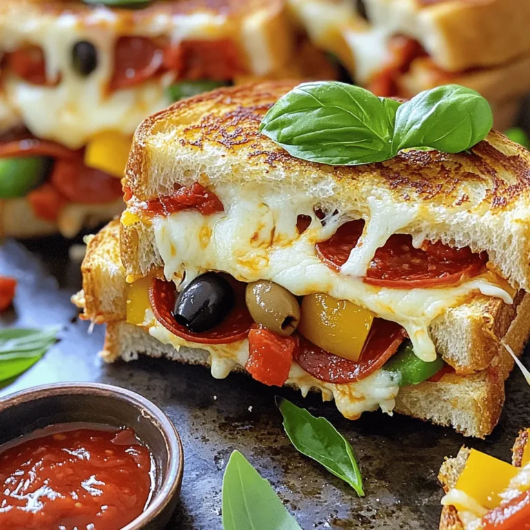 - 4 slices of sourdough bread - 2 tablespoons unsalted butter - 1 cup shredded mozzarella cheese - ½ cup pizza sauce - ¼ cup sliced pepperoni - ¼ cup diced bell peppers - ¼ cup sliced olives - 1 teaspoon Italian seasoning - Fresh basil leaves for garnish To make a great pizza grilled cheese, gather these ingredients. Sourdough bread gives a nice crunch and flavor. Butter adds a rich taste that makes each bite delightful. Mozzarella cheese melts perfectly, creating a gooey center. Pizza sauce brings that classic flavor we love. Pepperoni adds a savory kick, while bell peppers and olives add color and texture. Italian seasoning enhances the overall taste, bringing it all together. Fresh basil leaves not only look nice but add a burst of flavor. With this list, you are ready to create your own pizza grilled cheese masterpiece. For the full recipe, refer to the section above. - Preheat the skillet: First, turn on your skillet to medium heat. This step is key. A hot skillet gives the bread a nice crisp. - Butter the bread: Next, take your unsalted butter. Spread one tablespoon on one side of each sourdough slice. This will help the bread brown perfectly. - Layering the ingredients: Take two slices of bread, buttered side down. Sprinkle half the mozzarella cheese evenly on top. Then, add about 2 tablespoons of pizza sauce over the cheese. - Creating the sandwich: On top of the sauce, add your toppings. Place pepperoni, diced bell peppers, and olives. Finish with the rest of the mozzarella cheese. Finally, add the other two slices of bread on top, buttered side facing out. - Cooking time and technique: Place the sandwiches in the hot skillet. Cook for 3-4 minutes. Check for a golden brown color before you flip. - Tips for flipping the sandwich: Use a spatula to gently flip the sandwich. Press down slightly while it cooks for another 3-4 minutes. This helps melt the cheese inside. Using these steps, you will create a delicious pizza grilled cheese. For the complete process, check the Full Recipe. Enjoy your cooking! When making pizza grilled cheese, mozzarella is the best choice. It melts well and stretches nicely. You can also use provolone or fontina. Both have great flavors and melt well, too. - Mozzarella: Creamy and stretchy. It creates that classic pizza feel. - Provolone: A bit sharper. It adds a nice twist to your grilled cheese. - Fontina: Rich and buttery. It brings a deep flavor to the mix. Cooking pizza grilled cheese requires the right skillet temperature. Medium heat is ideal. It allows the bread to brown without burning. - Skillet Temperature: Preheat your skillet for 3-5 minutes. This helps achieve even cooking. - Perfect Crisp: Use enough butter on the bread. This creates a golden crust. Press down gently with a spatula. This helps the cheese melt evenly. You can serve pizza grilled cheese with a side of pizza sauce. This makes a great dip! You can also add a small salad for a fresh touch. - Dips: Try garlic butter or ranch dressing. Both add flavor and fun. - Garnishes: Fresh basil leaves brighten the dish. A sprinkle of Parmesan cheese also enhances the flavor. For the full experience and recipe details, check out the [Full Recipe]. Enjoy your cooking! {{image_2}} You can make your pizza grilled cheese your own in many ways. Adding vegetables or proteins makes it more filling. Some great options are: - Spinach - Mushrooms - Cooked chicken - Bacon You can also swap out different breads. Sourdough is tasty, but try: - Whole wheat - Ciabatta - Gluten-free bread Each type of bread will change the flavor and texture. Think about different pizza toppings to try! You can add: - Pineapple for sweetness - Jalapeños for heat - Feta cheese for a tangy twist Don't forget international variations! Try using: - Naan for an Indian twist - Tortillas for a quesadilla-style sandwich These options bring fun flavors and textures to the table. If you need gluten-free options, use gluten-free bread. Make sure to check labels on your pizza sauce and cheese. For vegan modifications, swap the mozzarella for vegan cheese. Use olive oil instead of butter. You can also skip the pepperoni and add: - Avocado - Sun-dried tomatoes These changes keep the flavor while meeting your diet needs. For the full recipe, check the section above! To keep your pizza grilled cheese fresh, you need to cool it first. Let the sandwiches sit at room temperature for about 30 minutes. This helps prevent moisture buildup. Once cooled, wrap each sandwich in plastic wrap or foil. You can also place them in an airtight container. This method keeps them from drying out or getting soggy. When it's time to enjoy your leftovers, you want them warm and crispy. The best way to reheat grilled cheese is in a skillet. Heat a non-stick skillet over medium heat. Add a little butter for extra flavor. Place the sandwich in the skillet and cover it with a lid. Cook for about 3-5 minutes on each side. This method helps maintain the crispiness and avoids sogginess. If you are in a rush, you can use the microwave. Place the sandwich on a plate and cover it with a damp paper towel. Heat it for 30 seconds, then check if it’s warm. If not, heat in short bursts until heated through. However, this method may not keep the bread crispy. For the best results, stick with the skillet method. Enjoy your pizza grilled cheese fresh or reheated! For the full recipe, check out the complete instructions. You can prepare the components ahead. Keep the sauce and toppings separate. Spread the butter on the bread slices in advance. When ready to eat, assemble the sandwiches. Cooking them fresh gives the best taste and texture. A simple, smooth sauce works best. You can use store-bought for speed. If you want to make your own, blend canned tomatoes with garlic and herbs. This way, you control the flavor. Use whole-grain bread instead of sourdough. You can reduce cheese or swap it for a lower-fat option. Add more veggies like spinach or mushrooms for extra nutrients. This keeps the taste without too many calories. Yes! Try whole wheat, rye, or even gluten-free bread. Each type gives a different taste and texture. Just make sure it can hold the filling well. Cut the sandwiches diagonally for nice pieces. This makes them easier to eat and looks nice on a plate. Serve with a small bowl of extra pizza sauce for dipping. It adds a fun touch to your meal. In this blog post, we explored how to make a delicious Pizza Grilled Cheese. You learned about the key ingredients, step-by-step instructions, and useful tips for cooking. Customizing your sandwich offers endless possibilities, from different toppings to dietary adjustments. Storing leftovers and reheating them can keep your meal fresh and tasty. Keep these ideas in mind as you create this fun dish at home. With just a few simple ingredients, you can enjoy a flavor-packed treat anytime. Happy cooking!