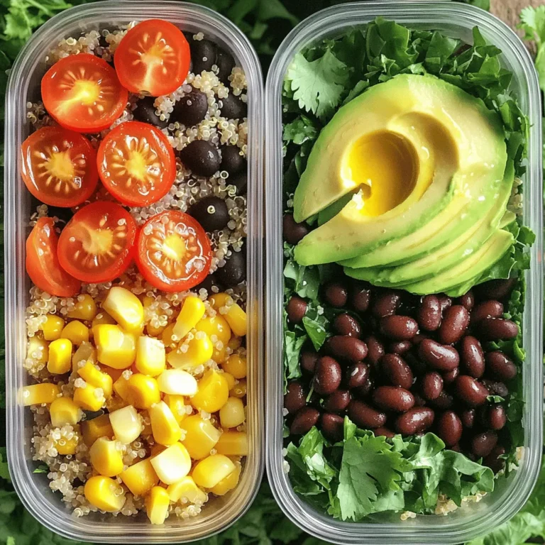 To make tasty quinoa bowls, gather these main ingredients: - 1 cup quinoa - 2 cups vegetable broth - 1 cup black beans, drained and rinsed - 1 cup cherry tomatoes, halved - 1 bell pepper (any color), diced - 1 cup corn (fresh or frozen) - 1 avocado, sliced - 1 cup spinach or kale - 1 tablespoon olive oil - 1 tablespoon lemon juice - Salt and pepper to taste - Fresh cilantro for garnish (optional) These ingredients create a colorful and nutritious meal. Quinoa is a great base. It’s high in protein and very filling. The black beans add more protein and fiber. The vegetables bring freshness and crunch. You can add even more to your quinoa bowls. Here are some fun options: - Roasted sweet potatoes - Diced cucumbers - Chopped green onions - Sliced jalapeños for spice - Nuts or seeds for crunch - Feta cheese or goat cheese These optional ingredients can change the flavor and texture. You can mix and match based on what you like or have at home. The right seasonings can elevate your dish. Here are some great choices: - Cumin for warmth - Paprika for smokiness - Garlic powder for depth - A splash of hot sauce for heat - Your favorite dressing, like ranch or vinaigrette Drizzle your bowls with a dressing to enhance the taste. A simple olive oil and lemon juice combo works great. Experiment with these options to find what you love! For the full recipe, click [Full Recipe]. How to Rinse and Cook Quinoa Rinse quinoa in cold water before cooking. This step removes its bitter coating. Use a fine-mesh strainer to make this easy. After rinsing, put two cups of vegetable broth in a pot. Bring it to a boil. Add one cup of rinsed quinoa to the pot. Lower the heat and cover it. Let it simmer for about 15 minutes. The quinoa will be fluffy when done. Tips for Perfectly Fluffy Quinoa To make your quinoa perfect, make sure not to overcook it. After 15 minutes, check if it's tender. If there is broth left, cook it for a few more minutes. Fluff it gently with a fork afterward. This helps separate the grains and keeps it light. Mixing Vegetables and Beans While the quinoa cooks, prepare your veggies. In a large bowl, mix one cup of black beans, one cup of halved cherry tomatoes, one diced bell pepper, and one cup of corn. You can use fresh or frozen corn. Add one cup of spinach or kale for extra greens. Stir everything well to combine the flavors. Incorporating Quinoa into the Mixture Once the quinoa is ready, add it to the vegetable mix. Gently fold the quinoa into the veggies and beans. This will make a colorful and tasty mixture that is packed with nutrients. Drizzling with Olive Oil and Lemon Juice Next, drizzle one tablespoon of olive oil and one tablespoon of lemon juice over the bowl. This adds flavor and freshness. Season with salt and pepper to taste. Toss everything together until it’s well mixed. Proper Portioning in Meal Prep Containers Now, it’s time to divide the mixture into meal prep containers. A good portion is about one cup per container. Top each bowl with sliced avocado for creaminess. You can add fresh cilantro for an extra pop of flavor, if you like. Let the bowls cool before sealing them. Store in the fridge for up to four days. Enjoy your meals with ease during busy weeks! Batch Cooking Basics for Busy Weeks Batch cooking means making large amounts of food at once. Start by planning your meals for the week. Use my colorful quinoa bowls as a base. Cook enough quinoa for several meals in one go. This saves time and gives you a ready-to-eat option. Store your meals in the fridge or freezer. This keeps your food fresh and tasty. Utilizing Kitchen Tools for Efficiency Using the right kitchen tools can save time. A rice cooker or instant pot cooks quinoa perfectly. A sharp knife and cutting board make chopping veggies quick. A food processor can help mix ingredients fast. Invest in a good set of measuring cups for accurate portions. These tools help you cook smarter, not harder. Creating Eye-Catching Layered Bowls Layering your ingredients makes your meal prep look great. Start with quinoa at the bottom. Add colorful veggies like bell peppers and cherry tomatoes on top. This not only looks nice but adds flavor and nutrition. Use clear containers to show off these layers. Your meal will be more inviting this way. Keeping Ingredients Fresh and Colorful Freshness matters in meal prep. To keep your ingredients vibrant, store them properly. Keep avocado slices separate until ready to eat. This prevents browning. Use lemon juice on cut fruits and veggies to maintain color. Always choose fresh, colorful ingredients for a healthy bowl. Must-Have Cookware and Storage Options Invest in good cookware. A non-stick pan helps when cooking quinoa. Use a large mixing bowl for combining ingredients. For storage, glass containers are best. They keep food fresh and are safe for the microwave. Make sure you have lids that seal tightly to prevent spills. Recommended Meal Prep Containers Look for meal prep containers that are microwave-safe and dishwasher-safe. Choose ones that are BPA-free for safety. I recommend containers with sections, so ingredients stay separate. This keeps your meals looking great and helps with portion control. Good containers make meal prep easier and more organized. Remember, meal prep is not just about cooking. It's about planning, saving time, and enjoying healthy meals like my quinoa bowls. For the full recipe, check out Meal Prep Magic: Colorful Quinoa Bowls. {{image_2}} You can switch up your grains for meal prep. If you want alternatives to quinoa, try these options: - Brown rice - Farro - Barley - Couscous - Bulgur Each grain has its own taste and texture. For a nutty flavor, use farro. Brown rice adds a chewy bite. Couscous cooks fast, making it great for busy days. Mix and match to keep meals exciting. Need more protein in your meals? Adding chicken, tofu, or beans can help. Here are some easy ways to boost protein: - Grilled chicken breast - Crispy baked tofu - Lentils - Chickpeas Chicken provides lean protein. Tofu is a great plant-based option. Lentils and chickpeas are full of fiber and protein. You can easily add any of these to your bowls. Using seasonal vegetables makes your meals fresh and tasty. Here are the best veggies by season: - Spring: Asparagus, peas, and radishes - Summer: Zucchini, bell peppers, and tomatoes - Fall: Sweet potatoes, carrots, and squash - Winter: Kale, Brussels sprouts, and root veggies Swap in these veggies for a colorful dish. Seasonal produce tastes better and is often cheaper. Enjoy what’s fresh to make every bite delicious! Remember to check out the Full Recipe for a tasty start to your meal prep! To keep your meal prep bowls fresh, use airtight containers. This helps prevent spoilage. Label the containers with dates. Store them in the fridge for up to four days. If you see any signs of spoilage, toss them out right away. For best results, let the bowls cool before sealing them. This stops condensation, which can make your food soggy. You can freeze your meal prep bowls for long-term storage. Freezing works best for dishes without fresh toppings. For example, store the quinoa and veggies together. Leave out the avocado and fresh herbs until serving. To freeze, use freezer-safe containers. Write the date on each container. They can last for up to three months in the freezer. When ready to eat, thaw them overnight in the fridge. To keep quinoa bowls delicious, use gentle reheating methods. The best way is to use the microwave. Add a splash of water to keep it moist. Heat in short bursts, stirring in between. You can also use the stove. Heat on low, adding a little water until warmed through. Avoid overheating, as this can make quinoa dry and tough. Enjoy your meal prep magic with ease! Meal prep quinoa bowls last up to four days in the fridge. Always store them in airtight containers. This keeps them fresh and safe to eat. If you notice any signs of spoilage, throw them away. For best taste, eat them within the first few days. Yes, you can customize the recipe easily. Swap out the beans for chickpeas or lentils. You can also change the veggies to match your taste. Try adding roasted sweet potatoes or zucchini. This helps you enjoy different flavors each week. Feel free to experiment with different dressings too. Quinoa bowls are great on their own, but you can add sides for more variety. Serve them with a simple green salad. A light soup pairs well too. You can also include some crusty bread for a filling meal. The options are endless! To keep quinoa from getting mushy, start with rinsing it well. Rinsing removes the bitter coating called saponin. Use the right water-to-quinoa ratio; usually, two cups of water for one cup of quinoa works best. Simmer gently and avoid overcooking. Follow the [Full Recipe] for precise cooking times. Quinoa bowls are versatile, healthy, and easy to make. We covered main and optional ingredients, as well as seasoning ideas. You learned how to prepare quinoa and assemble your bowls with fresh veggies and beans. Don’t forget our tips on storage and time-saving meal prep. You can easily customize your bowls for any season. Enjoy experimenting with flavors and textures. With these steps, you are ready to enjoy delicious meals all week!