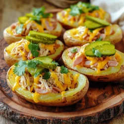 - 4 large russet potatoes - 1 cup cooked and shredded chicken - 1 cup sliced ham - 1 cup Swiss cheese, shredded - 1/2 cup dill pickles, sliced - 2 tablespoons yellow mustard - 2 tablespoons mayonnaise - Salt and pepper to taste - Olive oil for drizzling - Fresh cilantro for garnish Cuban Sandwich Potato Skins are a fun twist on a classic dish. The main ingredients create a hearty base. Russet potatoes give great texture and flavor. The chicken adds protein, while the ham brings a savory taste. Swiss cheese melts beautifully, creating creamy goodness. Dill pickles add a nice crunch and tang. For extra flavor, mustard and mayonnaise bring creaminess and zest. Salt and pepper enhance the dish, while olive oil adds richness. A sprinkle of fresh cilantro makes it look great and adds freshness. This mix of ingredients makes each bite exciting. You can find the full recipe above, guiding you through the steps to create this tasty snack. - Preheat the oven to 400°F (200°C). - Scrub and poke holes in the russet potatoes. - Bake the potatoes until tender (45-60 minutes). Now, let’s get those potatoes ready! Start by washing them well. Scrubbing them helps remove dirt. Then, use a fork to poke holes. This lets steam escape while they bake. Place the potatoes right on the oven rack. Bake them until they feel soft when you poke them with a fork. This takes about 45 to 60 minutes. - Cool and cut the potatoes in half. - Scoop out the insides, leaving 1/4 inch flesh. - Mix chicken, ham, cheese, pickles, mustard, mayonnaise, salt, and pepper. Once the potatoes cool down, cut them in half lengthwise. Use a spoon to scoop out most of the insides. Make sure to leave about 1/4 inch of flesh. This keeps the skins strong. In a bowl, mix the chicken, ham, Swiss cheese, dill pickles, mustard, mayonnaise, salt, and pepper. Stir well until everything combines nicely. - Fill the potato skins with the mixture. - Drizzle with olive oil and place on a baking sheet. - Bake for an additional 10-15 minutes until cheese is melted. Next, fill each potato skin with your tasty mixture. Don’t be shy—pile it high! Drizzle a little olive oil on top. This adds flavor and helps with browning. Place the filled skins on a baking sheet. Bake them again for 10 to 15 minutes. You want the cheese to melt and bubble. The smell will drive everyone wild! Enjoy making Cuban Sandwich Potato Skins from the Full Recipe. Choosing the right potatoes is key. I always pick large russet potatoes. They have a thick skin, which holds up well. When cooking, you want to bake them until they are soft. This usually takes about 45 to 60 minutes at 400°F (200°C). To check for doneness, poke them with a fork. If it slides in easily, they are ready. For garnishing, fresh cilantro adds a nice touch. You can also drizzle extra mustard or mayonnaise on top. This gives your potato skins a pop of flavor and looks great on the plate. One big mistake is overcooking the potatoes. They can become too mushy, making them hard to scoop. Another issue is skipping the skin scooping step. You need to leave some flesh inside. This keeps the skin sturdy for filling. Lastly, be careful with filling ratios. Too much filling can cause a mess, while too little leaves them dry. Aim for a good balance for the best taste. For the full recipe, check the earlier section. {{image_2}} You can easily swap ingredients for a unique twist. Instead of chicken, use turkey or pulled pork. For the ham, consider using salami or prosciutto. If you're a cheese lover, try pepper jack or gouda for a bolder flavor. For a vegetarian option, plant-based meats work well. Look for products that mimic chicken or ham closely to keep that hearty texture. To amp up the flavor, add spices like smoked paprika or cumin. Fresh herbs, such as oregano or thyme, bring brightness. You can also mix in garlic powder or onion powder for depth. For sauces, experiment with chipotle mayo or spicy mustard to add a kick. Customize your potato skins based on what you love. Add jalapeños for heat or switch up the pickles with sweet ones for contrast. For the Full Recipe of Cuban Sandwich Potato Skins, refer to the earlier section. To keep your Cuban Sandwich Potato Skins fresh, follow these steps: - Refrigerating: Place leftover potato skins in an airtight container. They stay good for up to three days. - Freezing: For longer storage, wrap each potato skin tightly in plastic wrap, then place them in a freezer bag. They can last for up to three months. - Ideal Containers: Use glass or plastic containers with tight lids to avoid air exposure. This helps keep the skins from drying out. To reheat and maintain texture and flavor: - Oven Method: Preheat your oven to 350°F (175°C). Place the skins on a baking sheet and bake for about 15 minutes. - Microwave Method: If you’re short on time, use a microwave. Heat for about 1-2 minutes, though this may make them a bit softer. These Cuban Sandwich Potato Skins make great party snacks! Here are some ideas: - Presentation: Serve them on a large platter. Add bowls with extra mustard or mayonnaise for dipping. - Drink Pairings: They pair well with light beers or fruity cocktails like mojitos. The flavors blend perfectly. - Alternative Uses: If you have leftover filling, use it as a sandwich spread. You can also mix it into pasta or a salad for a fun twist. Cuban Sandwich Potato Skins combine classic Cuban flavors with crispy potato skins. They feature tender potato skins filled with cooked chicken, sliced ham, and melted Swiss cheese. The tangy dill pickles and zesty mustard give a nice kick. These flavors blend well to create a delicious snack that everyone will love. Yes, you can prep these potato skins ahead of time! Bake the potatoes and scoop out the insides. Store the potato skins in the fridge for up to two days. You can also mix the filling and keep it in the fridge. When you are ready to eat, fill the skins and bake them. You can freeze the filled skins too. Just make sure to wrap them well. They will last for about three months in the freezer. You can serve these potato skins with several tasty sides. Here are some ideas: - A fresh salad with lime dressing - Crispy plantain chips - Creamy avocado dip - Extra mustard or mayonnaise for dipping These options will add fun flavors to your meal. Yes, scaling this recipe is simple! Just multiply the ingredients based on how many guests you have. For example, if you want to serve 16 people, double all the ingredients. You can use more potatoes or make extra filling. This recipe works great for parties and gatherings. Don't forget to keep an eye on baking time as the number of potato skins increases. Cuban Sandwich Potato Skins are a tasty way to enjoy classic flavors. We made them using russet potatoes, chicken, ham, and Swiss cheese, while adding dill pickles for that extra crunch. Following the steps carefully ensures perfect skins every time. Remember to get creative with your ingredients and storage tips. This dish is great for gathering and can be made ahead. Enjoy sharing this fun recipe with friends and family. You will impress everyone with your cooking!