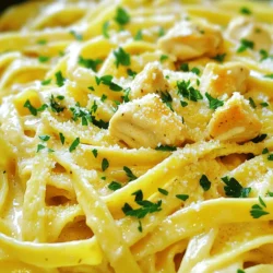 - 250g fettuccine or your pasta of choice - 2 tablespoons olive oil - 2 chicken breasts, cut into bite-sized pieces - 4 cloves garlic, minced - 1 cup heavy cream - 1 cup chicken broth - 1/2 cup grated Parmesan cheese - 1 teaspoon Italian seasoning - Salt and pepper to taste - Fresh parsley, chopped (for garnish) You need these ingredients for a tasty Creamy Garlic Chicken Pasta. Each one brings its own flavor. The fettuccine is perfect for holding the creamy sauce. You can use any pasta you like. I often switch it up with penne or spaghetti. Olive oil adds a nice richness. It helps cook the chicken well. The chicken breasts provide protein and flavor. Garlic is key for that bold taste. Don’t skip it! Heavy cream gives the dish its creamy texture. Chicken broth adds depth and makes the sauce more flavorful. Parmesan cheese makes it rich and savory. Italian seasoning brings extra flavor. Salt and pepper enhance everything. Garnish with parsley for a fresh touch. It looks pretty and adds a bit of brightness. - Different types of pasta - Alternative proteins (shrimp, tofu) - Additional spices and herbs Feel free to get creative! You can try different pasta shapes or sizes. If you prefer shrimp or tofu, those work well too. Add your favorite spices or herbs to change the flavor. For example, a pinch of red pepper flakes can add heat. This recipe is flexible, so make it your own! Start by boiling a large pot of salted water. It should bubble and roll. Add 250g of fettuccine or your pasta of choice. Cook it for about 8-10 minutes. Check the package for exact timing. You want the pasta to be al dente, which means it should be firm but not hard. This gives the best texture. To test, bite a piece. If it has a slight resistance, it's ready. Save a cup of pasta water before draining. This water helps adjust the sauce later. Use a large skillet for this step. Heat 2 tablespoons of olive oil over medium heat. Once hot, add the chicken pieces. Make sure they are cut into bite-sized pieces for even cooking. Season with salt and pepper for great flavor. Cook for about 5-7 minutes, until they turn golden brown and are no longer pink inside. This browning adds depth to the dish. Remove the chicken and set it aside. It's important not to crowd the pan. Crowding leads to steaming, not browning. In the same skillet, add 4 minced garlic cloves. Sauté them for about 1 minute. Watch closely; you don’t want them to burn. Burnt garlic can taste bitter. Pour in 1 cup of chicken broth. Use a wooden spoon to scrape the bottom of the pan. This step is called deglazing. It lifts the tasty bits stuck to the pan. Let the broth simmer for a few minutes to reduce slightly. Lower the heat and stir in 1 cup of heavy cream, 1 teaspoon of Italian seasoning, and 1/2 cup of grated Parmesan cheese. Stir until smooth, allowing it to thicken. If the sauce is too thick, add a bit of the reserved pasta water. This helps adjust the sauce to your liking. Return the chicken to the skillet, mixing gently. Now add the cooked pasta. Toss everything together carefully so the pasta doesn’t break. If needed, season with more salt and pepper to taste. To get the right thickness, start with heavy cream. This adds a rich, smooth texture. If your sauce is too thick, add reserved pasta water. This will help you reach the perfect creaminess. For flavor, use Italian seasoning, salt, and pepper. You can also add a squeeze of lemon for brightness. Serve your creamy garlic chicken pasta with a fresh salad. A simple green salad pairs well. You can also offer garlic bread on the side. For a beautiful serving, use a large bowl. Top each serving with chopped parsley and extra Parmesan. This adds color and makes the dish appealing. Use a large skillet for sautéing. A non-stick skillet works best for the sauce. This prevents the chicken from sticking. A wooden spoon is great for mixing. You may also want to have measuring cups and spoons ready. These tools help you get the right amounts for your dish. {{image_2}} For a gluten-free dish, choose gluten-free pasta. Brands like brown rice or quinoa pasta work well. You can also use spiralized veggies as a low-carb choice. Zucchini noodles or spaghetti squash are great options. When cooking, just adjust the cooking time as these alternatives may cook faster. To modify the recipe, use a gluten-free flour blend in the sauce. This will help thicken it without gluten. You can also add nutritional yeast for a cheesy flavor without dairy. Adding vegetables can boost flavor and nutrition. Spinach wilts down nicely and adds color. Mushrooms provide a rich, earthy taste. Simply sauté them with the garlic for extra depth. You can also experiment with different cheeses. Try adding goat cheese for tanginess or mozzarella for a creamy stretch. Mixing in a bit of blue cheese creates a bold flavor that elevates the dish. For a dairy-free version, use coconut cream instead of heavy cream. It gives a rich texture while keeping it plant-based. Almond milk or oat milk can also work, but they may not be as thick. If you want to swap the chicken, consider shrimp or tofu. Both options absorb the sauce's flavor well. Shrimp cooks quickly, while tofu can add a hearty texture if pressed and cubed. For the full recipe, check out the complete guide to Creamy Garlic Chicken Pasta. To keep your creamy garlic chicken pasta fresh, follow these tips: - Refrigeration: Store leftovers in an airtight container. It stays good in the fridge for up to 3 days. - Freezing: If you want to freeze, place pasta in a freezer-safe container. It can last up to 3 months. Reheating can change the texture. Here’s how to avoid that: - Avoiding Dryness: Add a splash of chicken broth or cream when reheating. This keeps it moist. - Recommended Methods: Use the stovetop or microwave. For the stovetop, heat on low and stir frequently. For the microwave, cover with a damp paper towel. Knowing how long your dish lasts is key: - Safe Consumption Timeframe: Eat refrigerated pasta within 3 days for the best taste. - Signs of Spoilage: Check for off smells, discoloration, or a slimy texture. If you see these signs, throw it out. For the full recipe, check out the Creamy Garlic Chicken Pasta section! If you want a lighter dish, you have options. You can use half-and-half for a creamy texture. Another choice is whole milk with a bit of butter. For a dairy-free option, use coconut cream or almond milk. Each option will change the taste a bit, but they work well in this recipe. Yes, you can prepare this dish ahead. Cook the pasta and chicken, then store them separately. Make the sauce and cool it before storing. Keep everything in the fridge for up to two days. When you're ready, just heat and combine. This saves time on busy nights. Yes, it is great for meal prep. Store the pasta and sauce in airtight containers. Refrigerate for up to four days. For best results, reheat in a pan over low heat. Add a splash of chicken broth to keep it creamy. This way, you enjoy fresh, delicious meals all week. This blog post covered the main ingredients for Creamy Garlic Chicken Pasta, plus cooking steps and tips. You learned how to sauté chicken and make a creamy sauce without burning garlic. Customization ideas let you switch flavors or adapt for diets. Remember to store leftovers properly and reheat carefully. This dish is versatile and can impress at any meal. Enjoy making it your own and share it with others!