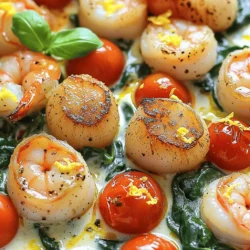 - 1 pound large shrimp, peeled and deveined - 1 pound sea scallops, patted dry - 3 tablespoons olive oil - 4 cloves garlic, minced - 1 cup cherry tomatoes, halved - 1 cup baby spinach - 1 teaspoon dried Italian herbs (basil, oregano, thyme) - 1/2 teaspoon red pepper flakes (optional) - Fresh basil leaves for garnish - Zest of 1 lemon When I cook Tuscan shrimp and scallops, I like to keep my ingredients fresh and simple. The mix of shrimp and scallops creates a lovely seafood base. The olive oil adds richness while the garlic gives a nice punch. I use cherry tomatoes for their sweetness. They burst when cooked, adding flavor to the dish. Baby spinach brings color and nutrition. The dried Italian herbs tie all the flavors together. If you enjoy a little heat, add red pepper flakes for a kick. For garnish, fresh basil leaves and lemon zest brighten the dish. They add aroma and a fresh taste. This balance of ingredients makes the dish both vibrant and satisfying. You can check the [Full Recipe] for more details on how to prepare this delightful meal! Searing the shrimp Start by heating 2 tablespoons of olive oil in a large skillet over medium-high heat. Once the oil is hot, add the shrimp. Make sure to place them in a single layer. Season the shrimp with salt and pepper. Cook them for about 2-3 minutes on each side. They should turn pink and opaque. After cooking, remove the shrimp from the skillet and set them aside. Searing the scallops Next, add 1 tablespoon of olive oil to the same skillet. Place the scallops in the pan and sear them for about 2-3 minutes on each side. Look for a nice golden brown color. Once done, take the scallops out and set them aside with the shrimp. Sautéing garlic In the same skillet, add minced garlic. Sauté it for about 30 seconds. You want it to become fragrant but not brown. Adding tomatoes and spinach Now, stir in the cherry tomatoes. Cook them for about 2-3 minutes until they start to soften. Then, add the baby spinach, dried Italian herbs, and red pepper flakes. Stir until the spinach wilts. Mixing in the heavy cream Pour in the heavy cream and lemon zest. Bring the mixture to a gentle simmer. Let it cook for about 2 minutes. This helps the sauce thicken slightly. Tossing in shrimp and scallops Finally, return the shrimp and scallops to the skillet. Gently toss them in the creamy sauce. Heat everything through for another 2 minutes. Taste and adjust the seasoning with salt and pepper as needed. You can find the complete steps in the Full Recipe. Choosing the right pan A good pan makes a big difference. I like using a heavy skillet or cast iron. These pans hold heat well. They help achieve a nice, golden crust on the seafood. Not overcrowding the seafood Keep the shrimp and scallops in a single layer. Overcrowding causes steaming, not searing. If your pan is too small, cook in batches. This keeps the seafood tender and juicy. Balancing creaminess with lemon zest The heavy cream gives a rich taste. But the lemon zest brightens it up. It adds freshness and a nice zing. Don’t skip this step; it’s key for balance. Tips for spice levels If you like heat, add more red pepper flakes. Start with a little and taste as you go. It's easier to add heat than to take it away. Pairing with pasta or crusty bread Serve the dish over pasta for a hearty meal. You can also pair it with crusty bread. This helps soak up the creamy sauce. Suggested side dishes I love serving this with a simple green salad. Roasted vegetables also make a great side. They add color and extra nutrients to your plate. {{image_2}} You can switch out shrimp and scallops for other proteins. Chicken breast works great for this dish. Just cut it into bite-sized pieces and cook until golden. Tofu is also a nice choice for a vegetarian twist. It absorbs flavors well. You can sauté it until crispy for added texture. If you want more seafood, try using mussels or clams instead. They add a briny touch that enhances the dish. To make this dish lighter, consider reducing the cream. You can replace it with a mix of low-fat milk and a bit of cornstarch. This keeps the sauce rich without all the calories. Adding more vegetables is a great way to boost nutrition. Spinach, zucchini, or bell peppers work well. This not only makes the dish healthier but also adds color and texture. You can enhance the flavor by adding fresh herbs. Basil and parsley add brightness. If you want a bolder taste, try rosemary or thyme. A splash of white wine can also elevate the dish. It adds depth and a slight tang. Just add it after sautéing the garlic, letting it reduce before adding cream. These small tweaks can truly make your Tuscan shrimp and scallops shine! For the full recipe, check out the [Full Recipe]. To keep your Tuscan shrimp and scallops fresh, store leftovers in an airtight container. Place the container in the fridge right after your meal. This helps prevent bacteria growth. When reheating, use a skillet on low heat. This method warms the dish evenly without overcooking the seafood. Stir gently to keep the shrimp and scallops tender. Yes, you can freeze Tuscan shrimp and scallops. However, it's best to freeze them before cooking. Place the uncooked seafood in a freezer bag. Remove as much air as possible to avoid freezer burn. When you're ready to eat, thaw them in the fridge overnight. To reheat, cook them in a skillet over medium heat. This will bring back their flavor and texture nicely. In the fridge, cooked Tuscan shrimp and scallops last about three days. If they smell off or look slimy, it’s time to toss them. Always trust your senses. If in doubt, throw it out. Proper storage keeps your dish safe and delicious for your next meal. Yes, you can skip heavy cream. Alternatives include: - Coconut milk for a dairy-free option. - Greek yogurt for a tangy twist. - Unsweetened almond milk thickened with cornstarch. These options will change the taste, but they work well. To add heat, consider these tips: - Use more red pepper flakes. - Add diced jalapeños or serrano peppers. - Incorporate a dash of hot sauce. Start with a little, then taste and adjust as needed. Delicious side dishes include: - Garlic bread to soak up the sauce. - A fresh green salad for a light touch. - Pasta or rice for a filling meal. These sides balance the rich flavors. Yes, you can use frozen seafood. Here are best practices: - Thaw overnight in the fridge. - Pat them dry before cooking. - Cook them a bit longer if they are still cold. This ensures they cook evenly and taste great. For the full recipe, check out the detailed instructions. In this blog post, we explored a delicious recipe for Tuscan shrimp and scallops. We covered key ingredients, step-by-step instructions, and tips for perfecting your dish. I shared ideas for variations, storage info, and answers to common questions. Cooking can be fun and easy! Don’t be afraid to try new flavors and make it your own. Enjoy your meal and impress your friends with your amazing seafood dish!
